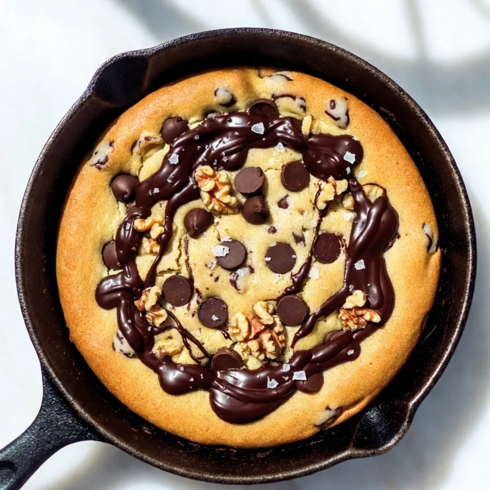 - 1 cup unsalted butter, melted - 1 cup brown sugar, packed - ½ cup granulated sugar - 2 large eggs - 2 teaspoons vanilla extract - 2 ¼ cups all-purpose flour - 1 teaspoon baking soda - ½ teaspoon salt - 1 cup semi-sweet chocolate chips - ½ cup crushed walnuts (optional) - ½ cup shredded coconut (optional) The ingredients for the chocolate chip cookie skillet are simple yet essential. The butter gives a rich flavor and helps create a soft texture. The brown sugar adds moisture and a toffee-like taste, while the granulated sugar balances sweetness. Eggs bind the mix and add fluffiness. Vanilla extract adds depth to the flavor. All-purpose flour is the base of the dough, while baking soda makes it rise a bit. Salt enhances all the flavors. The semi-sweet chocolate chips are the star of the show, giving a delightful burst of chocolate in every bite. You can add crushed walnuts for a crunchy texture or shredded coconut for a tropical twist. Both options are great, but they are optional. - Butter alternatives: You can use coconut oil or vegan butter for a dairy-free option. - Sugar options: Try using coconut sugar or maple syrup. Just adjust the liquids if needed. - Flour types: Almond flour or oat flour can work for gluten-free needs. These substitutions help you customize the recipe to fit your diet or taste. - Cast iron skillet - Mixing bowls - Whisk and spatula Using a cast iron skillet gives a nice, even bake and a rustic look. Mixing bowls help you combine ingredients well. A whisk is great for mixing wet ingredients, while a spatula helps you fold in chocolate chips and other extras. Gathering these tools makes the whole process easier and more fun! {{ingredient_image_1}} - Preheat your oven to 350°F (175°C). - Prepare your skillet with non-stick spray or butter. First, it’s important to get the oven hot. This helps the cookie bake evenly. While the oven heats, get your skillet ready. Use non-stick spray or butter so the cookie won’t stick. - Combining the wet ingredients - Incorporating dry ingredients - Adding chocolate chips and optional mix-ins In a large bowl, mix the melted butter, brown sugar, and granulated sugar. Whisk until it looks smooth and creamy. Add the eggs one at a time. Mix well after each egg. Then stir in the vanilla extract. In another bowl, whisk together the flour, baking soda, and salt. Gradually add this dry mix to the wet mix. Stir until just combined. Don’t overmix! Finally, fold in the semi-sweet chocolate chips. You can also add walnuts or coconut if you like. - Pouring dough into the skillet - Recommended baking time - Indicators for doneness Now, pour the dough into your prepared skillet. Spread it evenly. Bake in the oven for 25-30 minutes. Look for golden brown edges. The center should still feel soft. This means it’s done! To make the best chocolate chip cookie skillet, focus on texture. You want a soft center and crispy edges. Start by mixing your butter and sugars well. This creates air in the batter. Use room temperature eggs. They blend in better, leading to a smooth mix. For gooey centers, don’t overbake. Aim for a golden edge and a soft middle. The cookie continues to cook after you take it out. If you want extra crispiness, bake a bit longer. Just watch closely! Serving this cookie directly from the skillet is fun and easy. It feels rustic and inviting. Pair each slice with a scoop of ice cream. The cold ice cream melts into the warm cookie. This creates a delightful contrast. You can use vanilla, chocolate, or even mint ice cream. Each choice adds a different twist. For a more decadent dessert, drizzle melted chocolate over the top. This adds richness and extra flavor. You can also sprinkle flaky sea salt on top. The salt enhances the sweetness of the cookie. You can choose to mix in nuts or coconut as well. These options add texture and depth. Experiment to find your favorite combination! Pro Tips Chill the Dough: For extra chewy cookies, chill the dough for at least 30 minutes before baking. This helps the flavors develop and prevents the cookies from spreading too much. Check for Doneness: Since the center should remain slightly soft, check the cookies a couple of minutes before the suggested baking time. They will continue to cook as they cool. Customize Mix-Ins: Feel free to get creative with your mix-ins! Try adding different types of chocolate chips, dried fruits, or pretzels for a unique flavor profile. Serve Warm: For the ultimate dessert experience, serve the cookie skillet warm straight from the oven, topped with ice cream or whipped cream for a delicious treat. {{image_2}} You can easily switch up the flavors in your chocolate chip cookie skillet. Here are some fun ideas: - Different types of chocolate: Use dark, milk, or white chocolate chips. Each type gives a unique taste. Dark chocolate brings richness, while white chocolate adds creaminess. - Incorporating spices: Try adding cinnamon or nutmeg to your dough. Just a pinch can warm up the flavors. It makes your cookie skillet taste cozy and special. If you or your friends have dietary needs, you can still enjoy this treat. - Gluten-free options: Swap the all-purpose flour with a gluten-free blend. Many blends work great, so you can enjoy this dessert without worry. - Vegan substitutions: Use plant-based butter and flax eggs instead of regular eggs. This keeps the cookie skillet tasty while being vegan-friendly. Seasonal flavors can make your cookie skillet extra fun. - Adding flavors for holidays: For fall, mix in pumpkin spice. In winter, add peppermint extract. These flavors bring festive joy to your dessert. - Incorporating seasonal fruits: You can add fresh fruits like apples or berries. They add a burst of flavor and color to your skillet. Just fold in the fruit gently before baking. Store your chocolate chip cookie skillet at room temperature for one day. If you want to keep it longer, put it in the fridge. Wrap it well with plastic wrap or foil. This helps keep the cookie fresh and soft. If you choose the fridge, it can last for up to a week. To reheat in the oven, preheat it to 350°F (175°C). Place the skillet in the oven for about 10 minutes. This warms it up and keeps it crispy. If you use the microwave, heat it for about 30 seconds. Check if it's warm enough, and heat a bit more if needed. You can freeze uncooked dough. Scoop it into balls and place them on a baking sheet. Freeze until solid, then transfer to a freezer bag. This way, you can bake fresh cookies anytime. To freeze a baked cookie skillet, let it cool first. Wrap it well in foil or plastic wrap, then store it in the freezer. It can last up to three months. The cookie skillet lasts about 3-4 days when stored properly. Make sure to cover it with plastic wrap or a lid. This keeps it fresh and moist. If you notice the edges getting dry, you can warm it up in the oven for a few minutes. Yes, you can prepare the dough ahead of time. Mix the wet and dry ingredients as usual. Then, wrap the bowl in plastic wrap and refrigerate it. You can store the dough for up to 24 hours. Just remember to let it sit at room temperature for about 15 minutes before baking. This helps it bake evenly. You can bake many tasty desserts in a skillet! Some popular options include: - Brownies: Use a similar batter for a fudgy treat. - Fruit cobbler: Top fresh fruit with a simple batter. - Skillet cakes: Bake cake batter for a soft, warm slice. Exploring these options can add variety to your dessert routine! This blog post guides you through making a delicious chocolate chip cookie skillet. You learned about the key ingredients, handy substitutions, and essential equipment. I shared steps to create the dough and bake it to perfection. You also discovered tips for serving and storing leftovers. You now have all the tools to impress with this fun dessert. Enjoy making and sharing your cookie skillet!