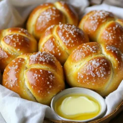 To make buttery soft pretzel rolls, you need simple, fresh ingredients. Here’s what you will need: - 4 cups all-purpose flour - 1 packet (2¼ teaspoons) active dry yeast - 1½ cups warm water - 2 tablespoons granulated sugar - 1 teaspoon salt - ½ cup baking soda (for bath) - ½ cup unsalted butter, melted - Coarse sea salt, for topping These ingredients create a rich and soft texture. The yeast and warm water work together to make the dough rise nicely. The butter gives the rolls a rich taste. Coarse sea salt on top adds a great crunch. Choosing high-quality ingredients is key. Use fresh yeast for better rise. A good flour makes the dough strong. I always recommend melting the butter just before using it for maximum flavor. Feel free to experiment with different types of butter. You can use salted or unsalted, depending on your taste. Make sure to have fun while cooking! {{ingredient_image_1}} 1. Start by taking a small bowl. Combine 1½ cups warm water, 2 tablespoons sugar, and 1 packet active dry yeast. 2. Mix these together gently. 3. Let the mixture sit for 5 to 10 minutes. It will become frothy. This means your yeast is alive and ready to work! 1. In a large bowl, combine 4 cups all-purpose flour and 1 teaspoon salt. 2. Make a well in the center of the flour mixture. 3. Pour the frothy yeast mixture into the well. 4. Mix everything together until a dough forms. It will be sticky at first, but keep mixing. 1. Lightly flour your surface. Turn the dough out onto it. 2. Knead the dough for about 5 to 7 minutes. It should become smooth and elastic. 3. Place the kneaded dough in a greased bowl. Cover it with a clean cloth or plastic wrap. 4. Let it rise in a warm spot for about 1 hour. The dough should double in size. This step is key for soft pretzel rolls! Kneading the dough is key for soft pretzel rolls. You should knead for 5-7 minutes. This helps develop gluten, which gives the rolls their chewy texture. If the dough feels sticky, add a little flour, but don’t overdo it. Rising conditions also matter. Find a warm spot for the dough to rise. A sunny kitchen or a powered-off oven with the light on works well. Cover the bowl with a cloth to keep the warmth in. The dough should double in size, usually in about an hour. The baking soda bath is a must! This step gives pretzel rolls their classic flavor and dark color. The alkaline nature of baking soda helps create that shiny crust. When you drop the rolls into boiling water, do it gently. Use a slotted spoon to lower them in, one or two at a time. Boil for 30 seconds to get the best texture. Make sure not to overcrowd the pot. To know when the rolls are done, look for a deep golden brown color. They should feel firm to the touch and sound hollow when tapped on the bottom. For that perfect finish, brush the tops with melted butter before baking. This adds flavor and enhances the color. Bake at 425°F for 12-15 minutes. Keep an eye on them to avoid burning! Pro Tips Perfect Water Temperature: Ensure the water is around 110°F (43°C) for the yeast to activate properly, promoting a good rise. Boiling Soda Bath: The baking soda bath is crucial for the pretzel flavor and texture. Don't skip this step! Butter Brushing: Brushing the rolls with melted butter before baking adds flavor and helps achieve a beautiful golden brown crust. Cooling Time: Allow the rolls to cool slightly before serving; this helps set their shape and makes them easier to handle. {{image_2}} You can make your pretzel rolls even more exciting. Try cheese-filled pretzel rolls for a savory twist. Use shredded cheese like cheddar or mozzarella. Just place a small amount in the center of each roll before shaping. Herb-infused variations also add great flavor. Mix dried herbs like rosemary, thyme, or garlic powder into the dough. This gives the rolls a lovely aroma and a tasty kick. Get creative with toppings! You can experiment with different seasonings. Try garlic powder, onion powder, or even smoked paprika for a fun twist on the classic salt topping. For a sweet variation, sprinkle cinnamon sugar on top after baking. The warm rolls will soak up the sweetness, making them perfect for dessert or breakfast. Pair your buttery soft pretzel rolls with delicious dips or spreads. Mustard and cheese dips are classic choices. You can also try hummus or a savory onion dip for a fun mix. For a creative presentation, arrange the rolls in a basket lined with a cloth napkin. Drizzle some extra melted butter on the side for dipping. This adds a nice touch and makes them even more inviting! To keep your leftover rolls fresh, start by wrapping them well. Use plastic wrap or aluminum foil. This helps keep moisture in and air out. Place the wrapped rolls in the fridge. They can last about 3 to 5 days this way. If you notice they are getting stale, you can also slice them and freeze them. To freeze pretzel rolls, let them cool completely first. Then wrap each roll in plastic wrap. After that, place them in a freezer bag. Remove as much air as you can. This keeps the rolls from getting freezer burn. You can freeze them for up to 3 months. When you want to eat them, take the rolls out and let them thaw in the fridge overnight. To reheat your rolls, use your oven for the best results. Preheat it to 350°F (175°C). Unwrap the rolls and place them on a baking sheet. Bake for about 10 minutes. This makes the outsides nice and crisp again. You can also microwave them for about 15 seconds if you’re in a hurry. Just cover them with a damp paper towel to keep them soft. Look for a few simple signs. The dough should double in size. You can also poke it gently. If it springs back slowly, it’s ready. If it springs back fast, it needs more time. A great rise means light, fluffy rolls. Yes, you can! Prepare the dough and shape the rolls. Place them in a covered container in the fridge. They will keep well for about 24 hours. When you are ready, just boil and bake them. For longer storage, freeze the shaped rolls. There are several options you can try. Bread flour gives a chewier texture. Whole wheat flour adds a nutty flavor. Gluten-free flour blends can work too, but check the package for best results. Each flour will change the taste and texture a bit. Making perfect pretzel rolls is easy when you follow these steps. We covered key ingredients, from flour to sea salt. You learned how to prepare the yeast, knead the dough, and achieve that golden finish. Remember our tips for boiling and baking—they make a big difference! Explore variations for more fun flavors and great toppings. Store leftovers properly to keep them fresh. With these tips, you can impress anyone with your baking skills. Happy baking and enjoy your delicious pretzel rolls!