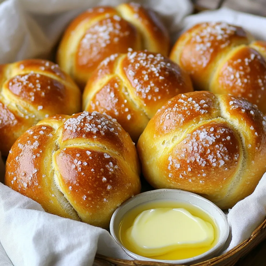 To make buttery soft pretzel rolls, you need simple, fresh ingredients. Here’s what you will need: - 4 cups all-purpose flour - 1 packet (2¼ teaspoons) active dry yeast - 1½ cups warm water - 2 tablespoons granulated sugar - 1 teaspoon salt - ½ cup baking soda (for bath) - ½ cup unsalted butter, melted - Coarse sea salt, for topping These ingredients create a rich and soft texture. The yeast and warm water work together to make the dough rise nicely. The butter gives the rolls a rich taste. Coarse sea salt on top adds a great crunch. Choosing high-quality ingredients is key. Use fresh yeast for better rise. A good flour makes the dough strong. I always recommend melting the butter just before using it for maximum flavor. Feel free to experiment with different types of butter. You can use salted or unsalted, depending on your taste. Make sure to have fun while cooking! {{ingredient_image_1}} 1. Start by taking a small bowl. Combine 1½ cups warm water, 2 tablespoons sugar, and 1 packet active dry yeast. 2. Mix these together gently. 3. Let the mixture sit for 5 to 10 minutes. It will become frothy. This means your yeast is alive and ready to work! 1. In a large bowl, combine 4 cups all-purpose flour and 1 teaspoon salt. 2. Make a well in the center of the flour mixture. 3. Pour the frothy yeast mixture into the well. 4. Mix everything together until a dough forms. It will be sticky at first, but keep mixing. 1. Lightly flour your surface. Turn the dough out onto it. 2. Knead the dough for about 5 to 7 minutes. It should become smooth and elastic. 3. Place the kneaded dough in a greased bowl. Cover it with a clean cloth or plastic wrap. 4. Let it rise in a warm spot for about 1 hour. The dough should double in size. This step is key for soft pretzel rolls! Kneading the dough is key for soft pretzel rolls. You should knead for 5-7 minutes. This helps develop gluten, which gives the rolls their chewy texture. If the dough feels sticky, add a little flour, but don’t overdo it. Rising conditions also matter. Find a warm spot for the dough to rise. A sunny kitchen or a powered-off oven with the light on works well. Cover the bowl with a cloth to keep the warmth in. The dough should double in size, usually in about an hour. The baking soda bath is a must! This step gives pretzel rolls their classic flavor and dark color. The alkaline nature of baking soda helps create that shiny crust. When you drop the rolls into boiling water, do it gently. Use a slotted spoon to lower them in, one or two at a time. Boil for 30 seconds to get the best texture. Make sure not to overcrowd the pot. To know when the rolls are done, look for a deep golden brown color. They should feel firm to the touch and sound hollow when tapped on the bottom. For that perfect finish, brush the tops with melted butter before baking. This adds flavor and enhances the color. Bake at 425°F for 12-15 minutes. Keep an eye on them to avoid burning! Pro Tips Perfect Water Temperature: Ensure the water is around 110°F (43°C) for the yeast to activate properly, promoting a good rise. Boiling Soda Bath: The baking soda bath is crucial for the pretzel flavor and texture. Don't skip this step! Butter Brushing: Brushing the rolls with melted butter before baking adds flavor and helps achieve a beautiful golden brown crust. Cooling Time: Allow the rolls to cool slightly before serving; this helps set their shape and makes them easier to handle. {{image_2}} You can make your pretzel rolls even more exciting. Try cheese-filled pretzel rolls for a savory twist. Use shredded cheese like cheddar or mozzarella. Just place a small amount in the center of each roll before shaping. Herb-infused variations also add great flavor. Mix dried herbs like rosemary, thyme, or garlic powder into the dough. This gives the rolls a lovely aroma and a tasty kick. Get creative with toppings! You can experiment with different seasonings. Try garlic powder, onion powder, or even smoked paprika for a fun twist on the classic salt topping. For a sweet variation, sprinkle cinnamon sugar on top after baking. The warm rolls will soak up the sweetness, making them perfect for dessert or breakfast. Pair your buttery soft pretzel rolls with delicious dips or spreads. Mustard and cheese dips are classic choices. You can also try hummus or a savory onion dip for a fun mix. For a creative presentation, arrange the rolls in a basket lined with a cloth napkin. Drizzle some extra melted butter on the side for dipping. This adds a nice touch and makes them even more inviting! To keep your leftover rolls fresh, start by wrapping them well. Use plastic wrap or aluminum foil. This helps keep moisture in and air out. Place the wrapped rolls in the fridge. They can last about 3 to 5 days this way. If you notice they are getting stale, you can also slice them and freeze them. To freeze pretzel rolls, let them cool completely first. Then wrap each roll in plastic wrap. After that, place them in a freezer bag. Remove as much air as you can. This keeps the rolls from getting freezer burn. You can freeze them for up to 3 months. When you want to eat them, take the rolls out and let them thaw in the fridge overnight. To reheat your rolls, use your oven for the best results. Preheat it to 350°F (175°C). Unwrap the rolls and place them on a baking sheet. Bake for about 10 minutes. This makes the outsides nice and crisp again. You can also microwave them for about 15 seconds if you’re in a hurry. Just cover them with a damp paper towel to keep them soft. Look for a few simple signs. The dough should double in size. You can also poke it gently. If it springs back slowly, it’s ready. If it springs back fast, it needs more time. A great rise means light, fluffy rolls. Yes, you can! Prepare the dough and shape the rolls. Place them in a covered container in the fridge. They will keep well for about 24 hours. When you are ready, just boil and bake them. For longer storage, freeze the shaped rolls. There are several options you can try. Bread flour gives a chewier texture. Whole wheat flour adds a nutty flavor. Gluten-free flour blends can work too, but check the package for best results. Each flour will change the taste and texture a bit. Making perfect pretzel rolls is easy when you follow these steps. We covered key ingredients, from flour to sea salt. You learned how to prepare the yeast, knead the dough, and achieve that golden finish. Remember our tips for boiling and baking—they make a big difference! Explore variations for more fun flavors and great toppings. Store leftovers properly to keep them fresh. With these tips, you can impress anyone with your baking skills. Happy baking and enjoy your delicious pretzel rolls!