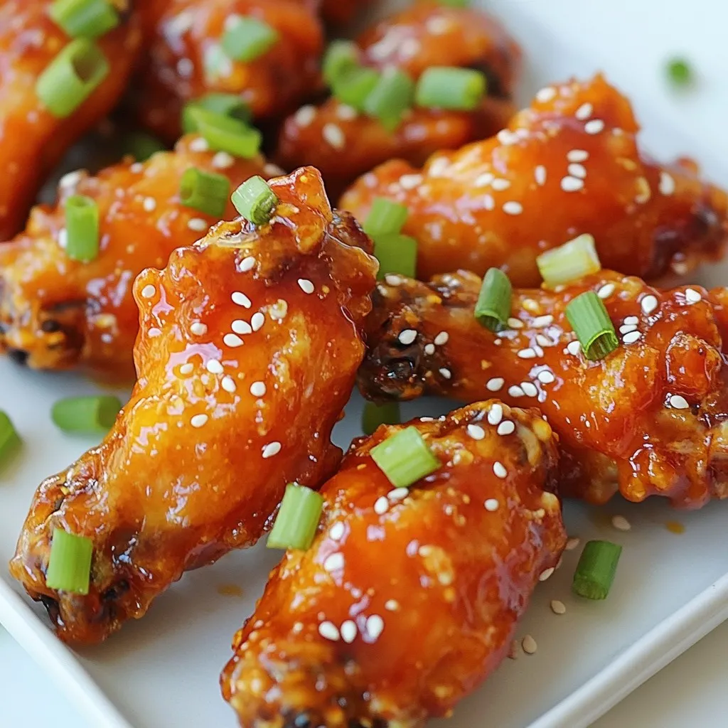 - 2 lbs chicken wings - 1/4 cup honey - 1/4 cup Sriracha sauce - 2 tablespoons soy sauce - 2 tablespoons unsalted butter, melted - 1 tablespoon apple cider vinegar - 1 clove garlic, minced - 1 teaspoon ginger, grated - 1/4 teaspoon black pepper - 1/4 teaspoon salt - Chopped green onions, for garnish - Sesame seeds, for garnish You can adjust the amount of honey and Sriracha to change the flavor. If you want less heat, use less Sriracha. For a sweeter taste, add more honey. You can swap soy sauce with tamari for a gluten-free option. If you don’t have apple cider vinegar, lemon juice works well too. Chopped green onions add a fresh taste and nice color. Sesame seeds give a crunchy texture and nutty flavor. You can also add a squeeze of lime for a zesty finish. These garnishes make the wings look great and enhance the flavor. {{ingredient_image_1}} Start by making the marinade. In a mixing bowl, combine these ingredients: - 1/4 cup honey - 1/4 cup Sriracha sauce - 2 tablespoons soy sauce - 2 tablespoons unsalted butter, melted - 1 tablespoon apple cider vinegar - 1 clove garlic, minced - 1 teaspoon ginger, grated - 1/4 teaspoon black pepper - 1/4 teaspoon salt Whisk these together until smooth. You want a nice blend of sweet and spicy. Now, it’s time to marinate the wings. Grab a large resealable plastic bag or a bowl. Place 2 lbs of chicken wings in it. Pour the marinade over the wings. Make sure every wing gets coated well. Seal the bag or cover the bowl and put it in the fridge. Let it sit for at least 1 hour. For the best taste, marinate overnight. When you’re ready to cook, preheat your oven to 400°F (200°C). Line a baking sheet with parchment paper. This helps with easy cleanup. Take the wings out of the marinade. Let any excess sauce drip off. Arrange the wings in a single layer on the baking sheet. Bake them for 25-30 minutes. Flip them halfway through for even cooking. If you want them extra crispy, switch to broil mode for the last 2-3 minutes. Watch them closely, so they don’t burn. After baking, take them out and brush with any leftover marinade. Let them rest for a few minutes. This helps them soak up all the great flavors. Now, they’re ready to serve. To change the heat of your Honey Sriracha Chicken Wings, you can adjust the Sriracha. If you want it milder, use less Sriracha sauce. You can also add more honey to balance the heat. For extra spice, add a pinch of cayenne pepper or more Sriracha. This way, you can make the wings fit your taste. Crispy wings are a must for game day. To get them crispy, use a parchment-lined baking sheet. Make sure the wings are in a single layer. Flip them halfway through cooking for even crispiness. For the last few minutes, switch to broil mode. Keep a close eye to avoid burning them. This will give you that perfect crunch. Marinating is key for great flavor. I recommend marinating your wings for at least one hour. For the best taste, let them sit overnight. This allows the flavors to soak in deeply. If you're short on time, even a quick 30 minutes will help. Remember, longer marinating means more flavor! Pro Tips Marinate Longer for Deeper Flavor: For the best flavor, marinate the wings overnight. This allows the flavors to penetrate the chicken more deeply. Adjust the Heat Level: Modify the amount of Sriracha based on your spice preference. You can also add a dash of cayenne pepper for extra heat. Use a Wire Rack: If you have one, place the wings on a wire rack over the baking sheet. This helps air circulate around the wings, making them crispier. Experiment with Garnishes: Try different garnishes like chopped cilantro or crushed peanuts for added flavor and texture. {{image_2}} You can switch up the sauce for your wings. Try using BBQ sauce for a smoky flavor. Teriyaki sauce adds a sweet touch. You might also like a garlic parmesan mix. Each sauce gives the wings a new twist. Experiment with your favorite flavors to find what you love most. You can cook these wings in different ways. The air fryer makes them crispy quickly. Set it to 375°F and cook for 25 minutes. Flip halfway for even cooking. Grilling adds a nice char. Preheat your grill and cook the wings for about 20 minutes. Turn them often for great results. Both methods keep the wings juicy and full of flavor. Pair these wings with tasty sides. Celery and carrot sticks add crunch. A cool ranch or blue cheese dip balances the heat. For a fun touch, serve with homemade fries or onion rings. You can even make a fresh salad for a lighter option. These sides will make your game day spread even better! After enjoying your Honey Sriracha chicken wings, store any leftovers in an airtight container. Keep them in the fridge. They will stay fresh for up to three days. Make sure the wings cool down before sealing them. This helps maintain their crispiness and flavor. To reheat your wings, the oven is your best friend. Preheat it to 350°F (175°C). Place the wings on a baking sheet. Heat them for about 10-15 minutes. This method keeps them crispy. You can also use a microwave, but this may make them less crunchy. If using the microwave, heat in short bursts to avoid overcooking. If you want to save wings for later, freezing is a great option. Let the wings cool completely. Place them in a freezer-safe bag, and remove as much air as possible. They can last up to three months in the freezer. When you're ready to eat them, thaw in the fridge overnight. Then, reheat them in the oven for the best results. To make your wings less spicy, reduce the Sriracha sauce. You can use only 2 tablespoons instead of 1/4 cup. Adding extra honey also helps balance the heat. Honey adds sweetness and mellows the spice. You could mix in a bit of ketchup, too, for more sweetness. This way, you still enjoy that great flavor without too much heat. Yes, you can use other cuts like drumsticks or chicken breasts. Just adjust the cooking time based on the size. Drumsticks work well since they are juicy and flavorful. If you use chicken breasts, cut them into smaller pieces for even cooking. Wings are best for this recipe, but feel free to experiment! These wings pair well with many sides. Consider serving them with celery and carrot sticks. A cool ranch or blue cheese dip is perfect for balancing the spice. You can also add some crispy fries or a fresh salad. These options make for a great game day spread. Your guests will love the variety! In this blog post, we covered all you need for Honey Sriracha Chicken Wings. We discussed the key ingredients, their measurements, and fun garnishes. I shared step-by-step instructions for marinating and cooking. You learned tips for spice levels and crispiness. We explored variations and how to store leftovers. Now you have the tools to make delicious wings. Enjoy the cooking process and share them with friends!