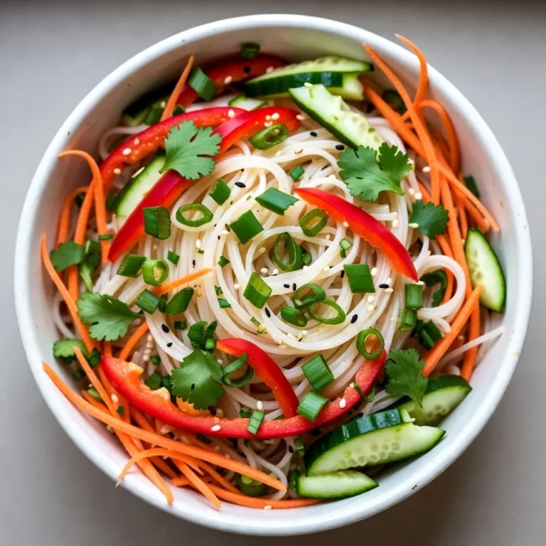 - 8 oz rice noodles - 1 cup shredded carrots - 1 red bell pepper, thinly sliced - 1 cucumber, julienned - 1/2 cup green onions, chopped - 1/4 cup fresh cilantro, chopped - 1/4 cup sesame seeds - 1/4 cup sesame oil - 2 tablespoons soy sauce or tamari - 1 tablespoon fresh ginger, grated - 1 tablespoon honey or agave syrup - 1 tablespoon rice vinegar - 1 teaspoon chili flakes (optional) Gather these ingredients before you start. Fresh veggies make this dish vibrant. I love using rice noodles for their light texture. Shredded carrots add color and crunch. The red bell pepper gives sweetness and a lovely pop. Cucumber adds a refreshing bite, while green onions bring a hint of sharpness. Fresh cilantro elevates the flavor profile with its herbaceous notes. Finally, sesame seeds add a nutty finish that ties everything together. For the dressing, sesame oil is the star. It gives a rich, toasty flavor. Soy sauce or tamari brings umami, while fresh ginger adds zing. Honey or agave syrup balances the saltiness with sweetness. Rice vinegar gives a tangy kick, and chili flakes can add just the right amount of heat if you like it spicy. Mixing these ingredients creates a symphony of flavors. Each element plays a role in this salad's deliciousness. The balance of flavors is what makes this dish so enjoyable. {{ingredient_image_1}} - Boil water and cook rice noodles according to package instructions. - Drain and rinse under cold water. Cooking rice noodles is simple. First, bring a pot of water to a boil. Add the noodles and cook them until they are tender. This usually takes about 4 to 6 minutes. Keep an eye on them to avoid overcooking. Once done, drain the noodles in a colander. Rinsing them under cold water stops the cooking process. This step keeps the noodles from sticking together. - Combine shredded carrots, sliced red bell pepper, julienned cucumber, green onions, and chopped cilantro in a mixing bowl. Next, let’s prepare the veggies. Grab a large mixing bowl. Add the shredded carrots, sliced red bell pepper, julienned cucumber, green onions, and chopped cilantro. Each vegetable adds its own taste and crunch. Mixing these colors makes the salad look fresh and inviting. - Whisk sesame oil, soy sauce, grated ginger, honey, rice vinegar, and optional chili flakes together in a bowl. Now, we will make the dressing. In a separate bowl, whisk together the sesame oil, soy sauce, grated ginger, honey, rice vinegar, and chili flakes if you like some heat. This dressing is the star of the dish. It gives the salad its tangy and sweet flavor. - Add cooled noodles to the vegetable mix and drizzle the dressing over it; toss gently. It’s time to bring it all together. Add the cooled noodles to the bowl with the veggies. Drizzle the dressing over everything. Gently toss the mixture to coat the noodles and vegetables evenly. Be careful not to break the noodles; we want them to stay intact. - Sprinkle sesame seeds on top and lightly mix again. - Allow the salad to sit for 10 minutes before serving. Finally, sprinkle sesame seeds on top for added crunch. Lightly mix again to spread the seeds. Let the salad sit for about 10 minutes. This waiting time helps the flavors blend together beautifully. Your Sesame Ginger Noodle Salad is now ready to serve! To make your noodles just right, rinse them with cold water. This step stops the cooking process and keeps them from sticking. No one likes clumpy noodles in a fresh salad. Want to make this salad heartier? You can add proteins like chicken, shrimp, or tofu. These options not only boost flavor but also add more nutrition. Choose what you love most! For an extra burst of taste, add fresh herbs like mint or basil. These herbs lift the dish and add layers of flavor. Don’t be shy—experiment with different herbs to find your favorite mix. Pro Tips Chill Your Noodles: After rinsing the noodles, allow them to cool completely in the refrigerator for a firmer texture, which will enhance the salad's refreshing qualities. Fresh Herbs Matter: Use fresh cilantro and green onions for the best flavor. You can also add mint or basil for a unique twist. Customize Your Veggies: Feel free to add other vegetables like bell peppers, snap peas, or even cooked edamame to increase the nutritional value and color of your salad. Make It Ahead: This salad can be prepared a few hours in advance. Just keep the dressing separate until ready to serve to maintain freshness. {{image_2}} You can easily make this dish gluten-free. Just swap the rice noodles for any gluten-free noodles. Choices like rice vermicelli or zucchini noodles work great. This change keeps the salad light and delicious. Do you love heat? Add more chili flakes or Sriracha to the dressing. This will give your salad a spicy kick. Don't be shy! You can adjust the spice level to match your taste. Using seasonal veggies makes this salad even better. Try adding snow peas or bell peppers for a fresh touch. You can also mix in some radishes for a nice crunch. This way, you’ll have a salad that changes with the seasons, keeping it exciting and tasty! To keep your Sesame Ginger Noodle Salad fresh, place it in an airtight container. It stays good in the fridge for up to 3 days. This way, you can enjoy the flavors again without waste. If you prefer your salad warm, gently reheat it in the microwave. However, I find it tastes best cold. The crunchy veggies and tangy dressing shine when served chilled. When storing, it’s best to keep the dressing separate. This helps maintain the crispness of the vegetables and the noodles. Mix the dressing in just before serving for the best taste. Yes, you can make this salad ahead of time. To keep it fresh, add the dressing just before serving. This way, the noodles and veggies stay crisp and tasty. You can use several types of noodles. Soba, udon, or any pasta you like works well. Feel free to pick what you enjoy the most! To make this salad vegan, swap honey for agave syrup. Also, check that your soy sauce is gluten-free if you need it. This way, everyone can enjoy this dish! This blog post shows how to make a colorful and tasty salad. You learned about the main ingredients, like rice noodles and fresh veggies. I shared tips for cooking and storing leftovers, too. Lastly, feel free to adjust the recipe to suit your taste. Enjoy experimenting with different flavors and ingredients. Your salad can be unique!