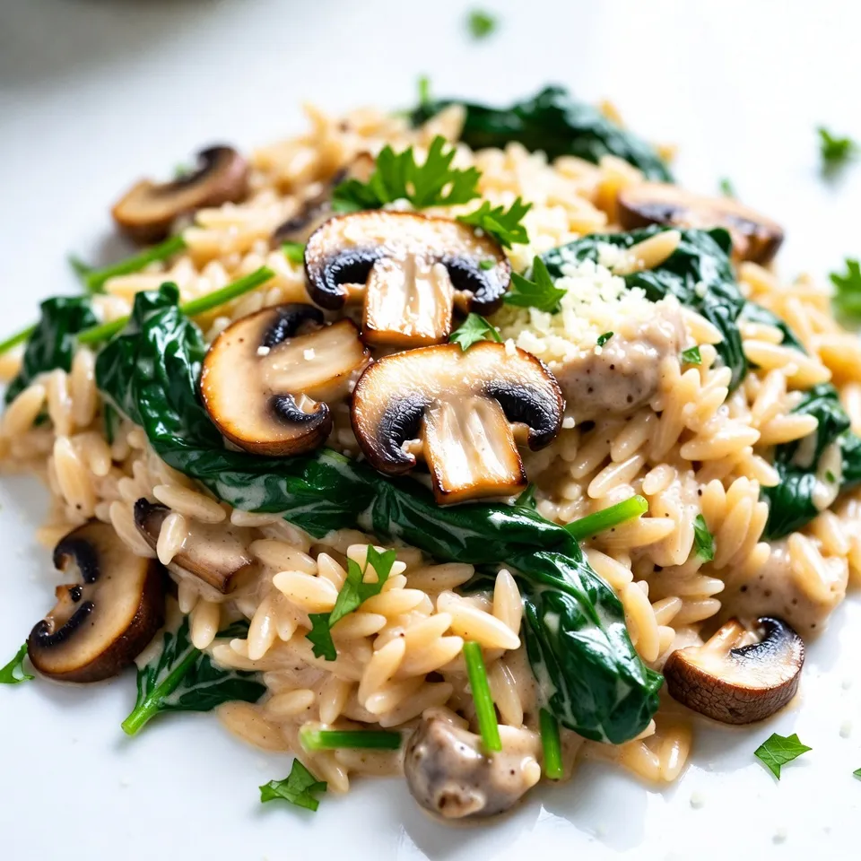 - 1 cup orzo pasta - 2 tablespoons olive oil - 1 small onion, finely chopped - 3 cloves garlic, minced - 8 ounces cremini mushrooms, sliced - 4 cups fresh spinach, packed - 1 cup vegetable broth - 1 cup heavy cream (or coconut cream for a vegan option) - ½ cup grated Parmesan cheese (or nutritional yeast for a vegan option) - Salt and pepper to taste - Fresh parsley, chopped (for garnish) You can easily swap ingredients to fit your needs. If you want a vegan twist, use coconut cream and nutritional yeast instead of heavy cream and Parmesan cheese. These alternatives still give you the creamy texture and flavor you crave. When it comes to mushrooms, cremini works well, but you can also use button or shiitake mushrooms. Both will add unique flavors to your dish. Fresh spinach is key for this recipe. Look for bright green leaves without any wilting. If fresh spinach isn’t available, you can use frozen spinach. Just make sure to thaw and drain it well before adding it to the dish. By making these simple swaps, you can customize your Creamy Mushroom Spinach Orzo to suit your dietary needs while still enjoying a hearty meal. {{ingredient_image_1}} To cook the orzo pasta, start a large pot of salted water. Bring it to a boil. Once boiling, add 1 cup of orzo pasta. Stir it gently. Cook the orzo according to the package directions. You want it to be al dente. This means it should be firm but not hard. When ready, drain the pasta but save ½ cup of the cooking water. This water is starchy and will help make your dish creamy. In a large skillet, heat 2 tablespoons of olive oil over medium heat. Add 1 small onion, finely chopped. Sauté the onion for about 3 minutes. It should become soft and translucent. Next, stir in 3 cloves of minced garlic. Cook for a minute, then add 8 ounces of sliced cremini mushrooms. Sauté the mushrooms for 4-5 minutes. They should become golden and release their moisture. This step enhances their flavor, making your dish taste great. Now, add 4 cups of fresh spinach to the skillet. Cook the spinach until it wilts, which takes about 2-3 minutes. The bright green color will make your meal look fresh and inviting. Pour in 1 cup of vegetable broth and bring it to a simmer. Let it cook for about 3-4 minutes. This helps the flavors blend together. Lower the heat and stir in 1 cup of heavy cream. If you prefer a vegan option, use coconut cream instead. Allow the cream to warm through for about 2 minutes. Gradually mix in the cooked orzo and ½ cup of grated Parmesan cheese. Stir well to combine everything. If the mixture is too thick, add some of the reserved pasta water. You want it creamy but not runny. Season with salt and pepper to taste. Adjust as needed. This dish is all about balance. Finally, serve it hot, garnished with fresh parsley. The color and flavor from the parsley will make your creamy mushroom spinach orzo pop! To make your creamy mushroom spinach orzo taste just right, adjust the seasoning. Start with a pinch of salt and pepper. Taste your dish as you go. You can always add more. If you want extra flavor, try adding a squeeze of lemon juice. It brightens the dish and balances the creaminess. Achieving the right creaminess is key. When you add the heavy cream, stir gently. If the mixture feels too thick, use the reserved pasta water. Slowly mix it in until you reach your desired consistency. This way, your dish will be luscious but not too heavy. Preparing ingredients in advance can save you time. Chop the onion and garlic the night before. Slice the mushrooms early in the day. Store them in the fridge in airtight containers. This way, everything is ready when you start cooking. Using pre-chopped vegetables is another great option. Many stores sell fresh pre-chopped onions, garlic, and mushrooms. This can cut your prep time significantly. You’ll get to enjoy your meal sooner while still making a delicious dish. Pro Tips Choose Your Mushrooms: Experiment with different types of mushrooms like shiitake or portobello to enhance the flavor profile of your dish. Make It Creamy: If you prefer a lighter dish, use half-and-half instead of heavy cream for a creamy texture with fewer calories. Add a Zing: Incorporate a splash of lemon juice at the end to brighten the flavors of the creamy sauce. Herb Variations: Feel free to add fresh herbs like thyme or basil for added depth and freshness in your dish. {{image_2}} You can make Creamy Mushroom Spinach Orzo your own with easy add-ins. Here are some options: - Protein options: Add cooked chicken, shrimp, or tofu. Each choice brings its own flavor and texture. Chicken adds heartiness, shrimp offers a light touch, and tofu is great for a plant-based meal. - Suggested vegetables: Mix in bell peppers, zucchini, or peas. These veggies add color and nutrients. Sauté them along with the onions and mushrooms for best results. You can adapt this dish for different diets with simple swaps: - Gluten-free options: Use gluten-free orzo made from rice or quinoa. This keeps the meal delicious while fitting gluten-free needs. - Low-calorie variations: Substitute heavy cream with low-fat milk or a plant-based option. This change reduces calories without losing creaminess. You can also use less cheese or skip it altogether for a lighter dish. To keep your creamy mushroom spinach orzo fresh, follow these steps: - Refrigeration: Store leftovers in an airtight container. It lasts in the fridge for up to 3 days. Make sure it cools to room temperature before sealing. - Freezing: For longer storage, you can freeze orzo. Place it in a freezer-safe container. It can stay good for about 2 months. When ready to use, thaw it overnight in the fridge. When reheating orzo, you want to keep that great texture. Here’s how: - Reheat gently: Use a skillet over low heat. Add a splash of water or broth to avoid dryness. Stir often. - Restore creaminess: If it seems thick, add a bit more cream. This will bring back its rich flavor and smoothness. Stir well to mix everything together. Can I make this dish vegan? Yes, you can. Use coconut cream instead of heavy cream. Replace Parmesan cheese with nutritional yeast. These swaps keep the creamy texture and rich flavor. How long does it take to cook orzo? Orzo cooks quickly. It typically takes about 8 to 10 minutes in boiling water. Always check the package for specific cooking times to ensure perfect texture. What other cheeses can I use instead of Parmesan? You can try pecorino or asiago for a different flavor. For a vegan option, nutritional yeast gives a cheesy taste without dairy. Can I use dry mushrooms instead of fresh? Yes, you can. Rehydrate dry mushrooms in warm water for about 20 minutes. This will bring back their texture and flavor. Is it possible to make this dish gluten-free? Absolutely! Use gluten-free orzo made from rice or corn. This way, you can enjoy the same creamy goodness without gluten. This blog post showed you how to make creamy mushroom spinach orzo. You learned about the key ingredients, easy steps, and tasty tips to personalize your dish. Remember to try vegan options if you want. Using fresh spinach and good mushrooms makes a big difference. Store your leftovers right to keep them fresh. Enjoy cooking this dish, and don't hesitate to experiment based on your preferences. Now, you can enjoy a flavorful meal that suits your taste!