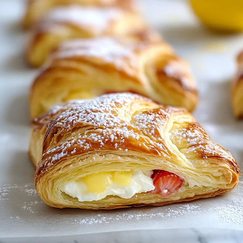 - 1 package of puff pastry (2 sheets), thawed - 8 oz cream cheese, softened - 1 cup fresh strawberries, diced - Powdered sugar for dusting - 1 tablespoon lemon juice First, preheat your oven to 375°F (190°C). Line a baking sheet with parchment paper. This helps the danishes bake evenly. Next, take the thawed puff pastry and roll it out on a lightly floured surface. Cut each sheet into rectangles, about 4 inches by 5 inches. You should have about 8 rectangles. In a mixing bowl, beat the softened cream cheese with 1/2 cup of powdered sugar and 1 teaspoon of vanilla extract. Mix until it is smooth and creamy. Then, add the diced strawberries and 1 tablespoon of lemon juice. Gently fold the strawberries into the cream cheese mixture. This step adds bright flavor to the filling. Now, it’s time to shape the pastries. Place a generous spoonful of the cream cheese-strawberry mixture in the center of each puff pastry rectangle. Fold the corners of each rectangle toward the center. Pinch the edges to seal them slightly. You can also leave them open for a rustic look. Brush the edges of the pastries with the beaten egg to get a golden finish. Bake in the preheated oven for 20 to 25 minutes. Keep an eye on them. They should puff up and turn golden brown. Once done, allow them to cool slightly before serving. If you like, dust them with extra powdered sugar for a sweet touch. {{ingredient_image_1}} To get the best flakiness from your pastry, you must thaw it correctly. Always place the puff pastry in the fridge for a few hours. This keeps it cold and ready for baking. If you leave it out too long, it can get sticky and hard to handle. Next, avoid overworking the dough. When you roll out the pastry, do it gently. If you press too hard, it loses its layers. You want to keep that light and airy texture that makes it so good. Adjust the sweetness of your cream cheese filling to match your taste. If you like it sweeter, add more powdered sugar. You can also tweak the flavor by adding more vanilla extract or a pinch of salt. If you want to mix things up, try using other fruits. Blueberries, raspberries, or peaches can all work well. Each fruit gives a different taste. Get creative and see what you like best! For a beautiful golden finish, brush the edges of your danishes with a beaten egg. This creates a nice shine when baked. Make sure to cover all the edges for an even color. For presentation, arrange the danishes on a pretty plate. Sprinkle some powdered sugar on top for an extra touch. You can also garnish with whole strawberries or mint leaves for a pop of color. You can swap strawberries for other berries. Raspberries or blueberries work great. They add a nice pop of color and flavor. Seasonal fruits like peaches or apples can also shine in this recipe. Just adjust the sugar to match the fruit’s sweetness. Adding chocolate chips or chopped nuts can make your danishes even better. Dark chocolate melts nicely and adds a rich taste. Walnuts or almonds give a nice crunch. You can also flavor the cream cheese. Try mixing in some lemon zest or almond extract for a twist. If you need gluten-free options, look for gluten-free puff pastry. Many stores offer these now. For a vegan version, use plant-based cream cheese and milk. You can also substitute the egg wash with almond milk for a nice glaze. Pro Tips Chill the Pastry: For the best results, keep the puff pastry chilled until you're ready to use it. This helps it puff up beautifully during baking. Don’t Overfill: Be careful not to overfill the danishes with the cream cheese-strawberry mixture. This will help prevent any spillage while baking. Experiment with Fruits: Feel free to substitute strawberries with other fruits like blueberries or raspberries for a delicious twist on this recipe. Serve Warm: For the best flavor and texture, serve the danishes warm right out of the oven, or gently reheat before serving. {{image_2}} To keep your Strawberry Cream Cheese Danishes fresh, place them in an airtight container. Make sure they cool down first. Store them in the fridge for up to three days. If you want to reheat them, use an oven set to 350°F (175°C). Heat for about 10 minutes. This will help keep the pastry flaky and warm. You can freeze the danishes either before or after baking. If you freeze them before baking, assemble the danishes and place them on a baking sheet. Cover and freeze until solid. Then, transfer them to a freezer bag. They can stay frozen for up to three months. If you freeze them after baking, ensure they are completely cool. Wrap them tightly in plastic wrap. Then place them in a freezer bag. Thaw frozen danishes overnight in the fridge. To reheat, bake them at 350°F (175°C) for about 15 minutes. Enjoy a warm treat again! Strawberry Cream Cheese Danishes last about 3 days in the fridge. Store them in an airtight container to keep them fresh. If you want to keep them longer, freeze them. They can last up to 3 months in the freezer. Just wrap each danish tightly in plastic wrap before placing them in a freezer bag. Yes, you can make these danishes ahead of time. Prepare the filling and cut the pastry rectangles. You can assemble them and place them in the fridge for up to a day. Bake them just before serving for the best taste. If you freeze them, bake them straight from the freezer. Just add a few extra minutes to the baking time. I love serving these danishes with a hot cup of coffee or tea. The rich cream cheese pairs well with a fruity herbal tea too. For a brunch, serve them with fresh fruit or a light salad. A drizzle of honey or maple syrup adds a sweet touch. Enjoy these danishes with your favorite drink for a delightful treat! In this article, we covered how to make delicious Strawberry Cream Cheese Danishes. We explored the main and optional ingredients, step-by-step preparation, and baking tips. I shared tricks to ensure flakiness and visual appeal along with tasty variations. Now, you can enjoy these tasty treats anytime. They are a fun way to impress your friends and family. Bake some today and have fun with flavors!