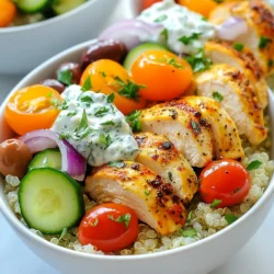 To make Greek Chicken Gyro Bowls, you need fresh and tasty items. Here’s what you will need: - 1 lb chicken breast, sliced - 2 tablespoons olive oil - 2 teaspoons dried oregano - 1 teaspoon garlic powder - 1 teaspoon onion powder - Salt and pepper to taste - 2 cups cooked quinoa - 1 cup cherry tomatoes, halved - 1 cucumber, diced - 1/2 red onion, thinly sliced - 1/2 cup feta cheese, crumbled - 1/4 cup kalamata olives, pitted and halved - 1/4 cup tzatziki sauce (store-bought or homemade) - Fresh parsley, chopped (for garnish) These ingredients come together to create a flavorful meal that bursts with freshness. The secret to great flavor lies in the seasoning. For the chicken, I use a mix of olive oil, dried oregano, garlic powder, and onion powder. These spices add depth and warmth. Salt and pepper are key to enhance the natural taste of the chicken. Make sure to coat the chicken evenly. This helps every bite to be full of flavor. While the main ingredients shine, garnishes add flair. Fresh parsley adds a pop of color and a fresh taste. You can also use extra feta cheese for creaminess. A squeeze of lemon juice brightens the whole dish. If you want a little crunch, consider adding some crispy cucumber ribbons. These small touches make your gyro bowls even more inviting and delicious. {{ingredient_image_1}} To start, take 1 pound of sliced chicken breast. In a medium bowl, mix it with 2 tablespoons of olive oil. Add 2 teaspoons of dried oregano, 1 teaspoon of garlic powder, and 1 teaspoon of onion powder. Season with salt and pepper to taste. Make sure to coat the chicken well. Let it marinate for at least 15 minutes. Heat a large skillet over medium-high heat. When the pan is hot, add the marinated chicken. Cook it for about 6 to 7 minutes, stirring occasionally. You want the chicken to be golden and fully cooked. Check that it reaches an internal temperature of 165°F. While the chicken cooks, you can prepare the quinoa. If you don’t have cooked quinoa, follow the package instructions. Typically, it takes about 15 minutes to cook. Once it’s done, fluff it with a fork and set it aside. Now it’s time to assemble the bowls. Start with a layer of cooked quinoa as your base. Next, add the cooked chicken on top. Then, layer on 1 cup of halved cherry tomatoes, 1 diced cucumber, and 1/2 thinly sliced red onion. Sprinkle 1/2 cup of crumbled feta cheese and 1/4 cup of halved kalamata olives on top. Drizzle 1/4 cup of tzatziki sauce generously over each bowl. Finally, garnish with chopped fresh parsley for a pop of color and flavor. To get juicy chicken, marinate it for at least 30 minutes. Use olive oil, oregano, garlic powder, onion powder, salt, and pepper. This mix adds great flavor. Heat your skillet until it's hot. Cook the chicken for about 6-7 minutes. Stir it occasionally for even cooking. Look for a nice golden color. If you don’t have a skillet, you can grill the chicken for a smoky taste. If you’re using dry quinoa, rinse it first to remove the bitter coating. This step makes the quinoa taste better. Follow the package instructions for cooking. Generally, you will need two cups of water for one cup of quinoa. Bring the water to a boil, add the quinoa, and cover it. Let it simmer for about 15 minutes. Once it’s done, fluff it with a fork for a light texture. Presentation matters! Use colorful bowls to make your meal pop. Start with a base of fluffy quinoa. Layer the chicken and then add the fresh toppings. Cherry tomatoes, cucumber, red onion, feta cheese, and olives create a rainbow effect. Drizzle tzatziki sauce on top for a creamy touch. For fun, cut the cucumbers into ribbons. Finish with chopped parsley to add freshness and color. Enjoy your beautiful Greek Chicken Gyro Bowl! Pro Tips Marinate for Maximum Flavor: Let the chicken marinate for at least 30 minutes or up to overnight in the refrigerator. This allows the spices to penetrate the meat, enhancing the flavor. Cook Chicken to Perfection: Use a meat thermometer to ensure the chicken reaches an internal temperature of 165°F (75°C). This ensures it's fully cooked and juicy. Customize Your Toppings: Feel free to add or substitute toppings based on your preferences. Bell peppers, avocados, or even roasted vegetables can add variety and nutrition. Make it a Meal Prep: These gyro bowls store well in the fridge, making them perfect for meal prep. Assemble the ingredients in separate containers, and just combine before serving. {{image_2}} You can easily make a vegetarian version of the Greek Chicken Gyro Bowls. Instead of chicken, use roasted chickpeas or marinated tofu. Both options soak up flavors well. Season the chickpeas or tofu with olive oil, oregano, garlic powder, and onion powder. Roast them in the oven until crispy. This gives you a satisfying and tasty meal without meat. If you want to switch up the protein, you have many choices. Try lamb, beef, or shrimp for a different taste. Marinate them just like the chicken. For lamb, use a bit more garlic. For shrimp, cook them quickly in a hot pan. Each option brings its own unique flavor to the bowls. Adding extra flavors can make your bowls even better. Try adding some pickled red onions for a tangy twist. Fresh herbs like dill or mint can brighten the dish. You can also sprinkle some za'atar spice blend over the top for a Middle Eastern flair. Experiment with different toppings to find your favorite combination! Store any leftover Greek Chicken Gyro Bowls in an airtight container. Keep them in the fridge for up to three days. Make sure the chicken and veggies cool before sealing. This helps keep everything fresh and tasty. To reheat your gyro bowl, use a microwave. Place the bowl in for about one to two minutes. Stir halfway through to heat evenly. You can also heat on a skillet over low heat. This keeps the chicken juicy and warm. If you want to freeze your gyro bowls, separate the chicken and quinoa from the veggies. Place them in freezer-safe bags. They can last for up to three months. When ready to eat, thaw overnight in the fridge. Reheat as mentioned above for best results. You can use rice or couscous instead of quinoa. Both are easy to cook and taste great. If you want a low-carb option, try cauliflower rice. It has a mild flavor and will soak up the dish's tasty sauces well. Yes, you can use hummus or tahini sauce. Both add creaminess and flavor. If you like heat, try a spicy yogurt sauce. You can mix yogurt with hot sauce for a kick. To make Greek Chicken Gyro Bowls gluten-free, choose certified gluten-free quinoa. Ensure the tzatziki sauce is also gluten-free. Most ingredients are naturally gluten-free, so you should be in good shape. Great sides include a fresh Greek salad or roasted vegetables. You can also serve pita bread on the side for extra texture. A light lemon vinaigrette can enhance the meal's flavors. Greek chicken gyro bowls are a tasty and healthy meal. We explored the main ingredients, including optional garnishes, to enhance flavor. I shared step-by-step instructions from marinating to serving. You learned tips for perfect cooking and how to present your dish well. Variations let you customize this meal with different proteins and flavors. Finally, we discussed storage and reheating to enjoy leftovers. With these insights, you can create delicious gyro bowls that satisfy your taste buds. Enjoy your cooking journey!