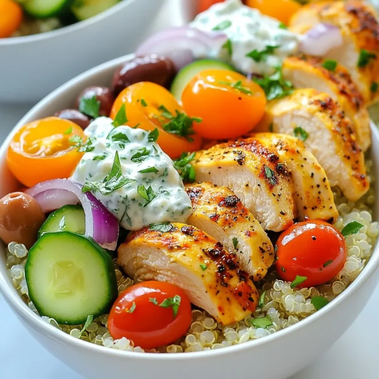 To make Greek Chicken Gyro Bowls, you need fresh and tasty items. Here’s what you will need: - 1 lb chicken breast, sliced - 2 tablespoons olive oil - 2 teaspoons dried oregano - 1 teaspoon garlic powder - 1 teaspoon onion powder - Salt and pepper to taste - 2 cups cooked quinoa - 1 cup cherry tomatoes, halved - 1 cucumber, diced - 1/2 red onion, thinly sliced - 1/2 cup feta cheese, crumbled - 1/4 cup kalamata olives, pitted and halved - 1/4 cup tzatziki sauce (store-bought or homemade) - Fresh parsley, chopped (for garnish) These ingredients come together to create a flavorful meal that bursts with freshness. The secret to great flavor lies in the seasoning. For the chicken, I use a mix of olive oil, dried oregano, garlic powder, and onion powder. These spices add depth and warmth. Salt and pepper are key to enhance the natural taste of the chicken. Make sure to coat the chicken evenly. This helps every bite to be full of flavor. While the main ingredients shine, garnishes add flair. Fresh parsley adds a pop of color and a fresh taste. You can also use extra feta cheese for creaminess. A squeeze of lemon juice brightens the whole dish. If you want a little crunch, consider adding some crispy cucumber ribbons. These small touches make your gyro bowls even more inviting and delicious. {{ingredient_image_1}} To start, take 1 pound of sliced chicken breast. In a medium bowl, mix it with 2 tablespoons of olive oil. Add 2 teaspoons of dried oregano, 1 teaspoon of garlic powder, and 1 teaspoon of onion powder. Season with salt and pepper to taste. Make sure to coat the chicken well. Let it marinate for at least 15 minutes. Heat a large skillet over medium-high heat. When the pan is hot, add the marinated chicken. Cook it for about 6 to 7 minutes, stirring occasionally. You want the chicken to be golden and fully cooked. Check that it reaches an internal temperature of 165°F. While the chicken cooks, you can prepare the quinoa. If you don’t have cooked quinoa, follow the package instructions. Typically, it takes about 15 minutes to cook. Once it’s done, fluff it with a fork and set it aside. Now it’s time to assemble the bowls. Start with a layer of cooked quinoa as your base. Next, add the cooked chicken on top. Then, layer on 1 cup of halved cherry tomatoes, 1 diced cucumber, and 1/2 thinly sliced red onion. Sprinkle 1/2 cup of crumbled feta cheese and 1/4 cup of halved kalamata olives on top. Drizzle 1/4 cup of tzatziki sauce generously over each bowl. Finally, garnish with chopped fresh parsley for a pop of color and flavor. To get juicy chicken, marinate it for at least 30 minutes. Use olive oil, oregano, garlic powder, onion powder, salt, and pepper. This mix adds great flavor. Heat your skillet until it's hot. Cook the chicken for about 6-7 minutes. Stir it occasionally for even cooking. Look for a nice golden color. If you don’t have a skillet, you can grill the chicken for a smoky taste. If you’re using dry quinoa, rinse it first to remove the bitter coating. This step makes the quinoa taste better. Follow the package instructions for cooking. Generally, you will need two cups of water for one cup of quinoa. Bring the water to a boil, add the quinoa, and cover it. Let it simmer for about 15 minutes. Once it’s done, fluff it with a fork for a light texture. Presentation matters! Use colorful bowls to make your meal pop. Start with a base of fluffy quinoa. Layer the chicken and then add the fresh toppings. Cherry tomatoes, cucumber, red onion, feta cheese, and olives create a rainbow effect. Drizzle tzatziki sauce on top for a creamy touch. For fun, cut the cucumbers into ribbons. Finish with chopped parsley to add freshness and color. Enjoy your beautiful Greek Chicken Gyro Bowl! Pro Tips Marinate for Maximum Flavor: Let the chicken marinate for at least 30 minutes or up to overnight in the refrigerator. This allows the spices to penetrate the meat, enhancing the flavor. Cook Chicken to Perfection: Use a meat thermometer to ensure the chicken reaches an internal temperature of 165°F (75°C). This ensures it's fully cooked and juicy. Customize Your Toppings: Feel free to add or substitute toppings based on your preferences. Bell peppers, avocados, or even roasted vegetables can add variety and nutrition. Make it a Meal Prep: These gyro bowls store well in the fridge, making them perfect for meal prep. Assemble the ingredients in separate containers, and just combine before serving. {{image_2}} You can easily make a vegetarian version of the Greek Chicken Gyro Bowls. Instead of chicken, use roasted chickpeas or marinated tofu. Both options soak up flavors well. Season the chickpeas or tofu with olive oil, oregano, garlic powder, and onion powder. Roast them in the oven until crispy. This gives you a satisfying and tasty meal without meat. If you want to switch up the protein, you have many choices. Try lamb, beef, or shrimp for a different taste. Marinate them just like the chicken. For lamb, use a bit more garlic. For shrimp, cook them quickly in a hot pan. Each option brings its own unique flavor to the bowls. Adding extra flavors can make your bowls even better. Try adding some pickled red onions for a tangy twist. Fresh herbs like dill or mint can brighten the dish. You can also sprinkle some za'atar spice blend over the top for a Middle Eastern flair. Experiment with different toppings to find your favorite combination! Store any leftover Greek Chicken Gyro Bowls in an airtight container. Keep them in the fridge for up to three days. Make sure the chicken and veggies cool before sealing. This helps keep everything fresh and tasty. To reheat your gyro bowl, use a microwave. Place the bowl in for about one to two minutes. Stir halfway through to heat evenly. You can also heat on a skillet over low heat. This keeps the chicken juicy and warm. If you want to freeze your gyro bowls, separate the chicken and quinoa from the veggies. Place them in freezer-safe bags. They can last for up to three months. When ready to eat, thaw overnight in the fridge. Reheat as mentioned above for best results. You can use rice or couscous instead of quinoa. Both are easy to cook and taste great. If you want a low-carb option, try cauliflower rice. It has a mild flavor and will soak up the dish's tasty sauces well. Yes, you can use hummus or tahini sauce. Both add creaminess and flavor. If you like heat, try a spicy yogurt sauce. You can mix yogurt with hot sauce for a kick. To make Greek Chicken Gyro Bowls gluten-free, choose certified gluten-free quinoa. Ensure the tzatziki sauce is also gluten-free. Most ingredients are naturally gluten-free, so you should be in good shape. Great sides include a fresh Greek salad or roasted vegetables. You can also serve pita bread on the side for extra texture. A light lemon vinaigrette can enhance the meal's flavors. Greek chicken gyro bowls are a tasty and healthy meal. We explored the main ingredients, including optional garnishes, to enhance flavor. I shared step-by-step instructions from marinating to serving. You learned tips for perfect cooking and how to present your dish well. Variations let you customize this meal with different proteins and flavors. Finally, we discussed storage and reheating to enjoy leftovers. With these insights, you can create delicious gyro bowls that satisfy your taste buds. Enjoy your cooking journey!