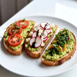 To make the Minute Avocado Toast Trio, you need fresh ingredients for the best taste. Here’s what you will need: - 2 ripe avocados - 1 small lemon, juiced - 4 slices of whole grain bread - 1 small tomato, sliced - 1 radish, thinly sliced These ingredients are easy to find in your pantry. You will need: - Salt and pepper to taste - 1 tablespoon feta cheese, crumbled - 1 tablespoon balsamic glaze Garnishes add a nice touch to your toast. Consider these options: - Fresh herbs, such as cilantro, basil, or parsley {{ingredient_image_1}} To start, grab two ripe avocados. Cut them in half and remove the pit. Use a spoon to scoop the green flesh into a bowl. Squeeze some lemon juice over the avocado to keep it fresh. Add salt and pepper to taste. Now, mash the avocado with a fork. You can make it smooth or leave it a bit chunky. It’s up to you! Next, we need to toast the bread. Take four slices of whole grain bread. You can use a toaster or a skillet for this step. Toast the bread until it is golden brown and crispy. This should only take a few minutes. Crispy bread is perfect for holding all that creamy avocado. Now for the fun part—assembling the toasts! - Tomato & Avocado Toast: Spread a thick layer of mashed avocado on one slice of toast. Top it with sliced tomato. Add a sprinkle of salt and a few fresh herbs for flavor. - Radish & Feta Toast: On another slice, add a layer of avocado. Place thin slices of radish on top. Crumble some feta cheese over the radish and drizzle balsamic glaze on top. - Herbed Avocado Toast: For the last slice, spread more mashed avocado. Go wild with fresh herbs on top. You can add a little more salt if you like. Once you've made all three, arrange them on a platter. You can drizzle extra lemon juice and a bit of olive oil over them. Serve right away while the toast is warm. Enjoy your tasty avocado toast trio! To get the best avocado mash, choose ripe avocados. They should feel soft but not mushy. Cut them in half, remove the pit, and scoop the flesh into a bowl. Squeeze in fresh lemon juice to keep the green color bright. Add a pinch of salt and pepper to taste. Mash them with a fork until smooth or leave it chunky for a fun texture. Experiment with spices like garlic powder or chili flakes for extra flavor. For the best toast, use whole grain bread. You can toast it in a toaster for quick results. If you want a crispier texture, use a skillet. Heat the skillet over medium heat and add the bread. Toast each side until golden brown. This method adds a nice crunch. Keep an eye on it so it doesn’t burn. You can also brush the bread lightly with olive oil before toasting for a richer taste. Make your toast look great by arranging it nicely on a plate. Use a large platter for all three toast types. Place them side by side for a colorful display. Drizzle a little balsamic glaze over the radish and feta toast. Garnish with fresh herbs like cilantro or basil on top of each one. This adds color and a fresh smell. A final squeeze of lemon juice can brighten the whole dish. Serve these toasts warm for the best flavor and enjoyment. Pro Tips Choose Ripe Avocados: Make sure your avocados are perfectly ripe for the best flavor and texture. They should yield slightly to gentle pressure when squeezed. Avoid overly soft avocados as they may be spoiled. Experiment with Toppings: Feel free to get creative with your toppings! Other great options include smoked salmon, poached eggs, or even a sprinkle of chili flakes for a bit of heat. Use Fresh Herbs: Fresh herbs can elevate the taste of your avocado toast. Try using a mix of cilantro, basil, or parsley for a burst of flavor and color. Serve Immediately: For the best experience, serve your avocado toasts right after assembling to enjoy the crispy bread and fresh toppings before they get soggy. {{image_2}} You can add protein to your avocado toast for more energy. Here are some tasty ideas: - Eggs: Top your toast with a poached or fried egg. The yolk adds creaminess. - Chicken: Shredded cooked chicken works well. It adds a savory flavor. - Smoked Salmon: This gives a nice touch of salt and richness. It pairs well with avocado. For those who want meat-free options, there are great choices too. Here are some ideas: - Hummus: Spread hummus on the toast before adding avocado. It gives a creamy texture. - Chickpeas: Mash chickpeas with avocado for added protein. They mix well together. - Nuts or Seeds: Sprinkle pumpkin seeds or chopped nuts on top. They add crunch and nutrients. Using seasonal ingredients can make your toast even better. Here are some swaps: - Spring: Add fresh peas or radishes for a bright flavor. - Summer: Use ripe peaches or berries for a sweet twist. They pair nicely with avocado. - Fall: Try adding roasted squash or apples. They give a warm, cozy taste. - Winter: Top with roasted Brussels sprouts or pomegranate seeds for a festive touch. To keep your avocados fresh, store them whole at room temperature. Avoid putting them in the fridge until they are ripe. Once ripe, you can refrigerate them to slow down the browning. If you only use half an avocado, keep the pit in the unused half. This helps reduce browning. Wrap it tightly in plastic wrap to keep air out. Squeeze a bit of lemon juice on the flesh to help too. Toast is best enjoyed fresh. If you make extra, store the toppings separately. You can keep the assembled toast for a short time, but it will lose its crunch. If you must store it, place it in an airtight container. This helps keep it from getting soggy. It’s best to eat it within a few hours for peak taste and texture. If you have leftover toast, reheating can help. Use a toaster or an oven for the best results. Toast it lightly until it’s warm and crispy again. Avoid using the microwave as it can make the bread chewy. If you added toppings, consider removing them before reheating. You can add them back on after reheating for a fresh taste. You can prepare the avocado mixture ahead of time. Just keep it covered. Place it in an airtight container to keep it fresh. Toast the bread when you are ready to serve. This way, each bite stays crispy and tasty. To stop avocados from browning, use lemon juice. It helps keep them green. Store any leftover avocado in an airtight container. Press plastic wrap directly onto the surface. This reduces air exposure and slows down browning. Try many toppings for your avocado toast. Here are some ideas: - Sliced tomatoes - Thinly sliced radishes - Crumbled feta cheese - Balsamic glaze - Fresh herbs like cilantro or basil - Chili flakes for heat Mix and match to find your favorite! You learned how to make delicious avocado toast with fresh ingredients, key pantry items, and optional garnishes. I broke down the steps for preparing avocados, toasting bread, and creating three tasty variations. You also discovered tips for perfecting your mash, the best toasting methods, and how to present your dish. Lastly, I covered storage tips to keep your toast fresh and answered common questions. Remember, avocado toast is simple and can adapt to your taste. Enjoy your toast-making journey!