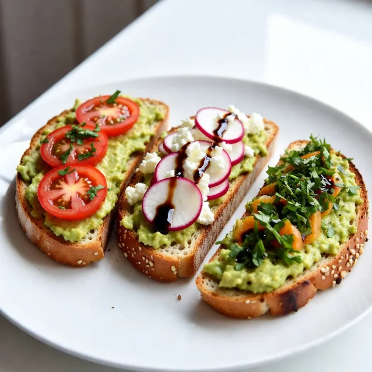 To make the Minute Avocado Toast Trio, you need fresh ingredients for the best taste. Here’s what you will need: - 2 ripe avocados - 1 small lemon, juiced - 4 slices of whole grain bread - 1 small tomato, sliced - 1 radish, thinly sliced These ingredients are easy to find in your pantry. You will need: - Salt and pepper to taste - 1 tablespoon feta cheese, crumbled - 1 tablespoon balsamic glaze Garnishes add a nice touch to your toast. Consider these options: - Fresh herbs, such as cilantro, basil, or parsley {{ingredient_image_1}} To start, grab two ripe avocados. Cut them in half and remove the pit. Use a spoon to scoop the green flesh into a bowl. Squeeze some lemon juice over the avocado to keep it fresh. Add salt and pepper to taste. Now, mash the avocado with a fork. You can make it smooth or leave it a bit chunky. It’s up to you! Next, we need to toast the bread. Take four slices of whole grain bread. You can use a toaster or a skillet for this step. Toast the bread until it is golden brown and crispy. This should only take a few minutes. Crispy bread is perfect for holding all that creamy avocado. Now for the fun part—assembling the toasts! - Tomato & Avocado Toast: Spread a thick layer of mashed avocado on one slice of toast. Top it with sliced tomato. Add a sprinkle of salt and a few fresh herbs for flavor. - Radish & Feta Toast: On another slice, add a layer of avocado. Place thin slices of radish on top. Crumble some feta cheese over the radish and drizzle balsamic glaze on top. - Herbed Avocado Toast: For the last slice, spread more mashed avocado. Go wild with fresh herbs on top. You can add a little more salt if you like. Once you've made all three, arrange them on a platter. You can drizzle extra lemon juice and a bit of olive oil over them. Serve right away while the toast is warm. Enjoy your tasty avocado toast trio! To get the best avocado mash, choose ripe avocados. They should feel soft but not mushy. Cut them in half, remove the pit, and scoop the flesh into a bowl. Squeeze in fresh lemon juice to keep the green color bright. Add a pinch of salt and pepper to taste. Mash them with a fork until smooth or leave it chunky for a fun texture. Experiment with spices like garlic powder or chili flakes for extra flavor. For the best toast, use whole grain bread. You can toast it in a toaster for quick results. If you want a crispier texture, use a skillet. Heat the skillet over medium heat and add the bread. Toast each side until golden brown. This method adds a nice crunch. Keep an eye on it so it doesn’t burn. You can also brush the bread lightly with olive oil before toasting for a richer taste. Make your toast look great by arranging it nicely on a plate. Use a large platter for all three toast types. Place them side by side for a colorful display. Drizzle a little balsamic glaze over the radish and feta toast. Garnish with fresh herbs like cilantro or basil on top of each one. This adds color and a fresh smell. A final squeeze of lemon juice can brighten the whole dish. Serve these toasts warm for the best flavor and enjoyment. Pro Tips Choose Ripe Avocados: Make sure your avocados are perfectly ripe for the best flavor and texture. They should yield slightly to gentle pressure when squeezed. Avoid overly soft avocados as they may be spoiled. Experiment with Toppings: Feel free to get creative with your toppings! Other great options include smoked salmon, poached eggs, or even a sprinkle of chili flakes for a bit of heat. Use Fresh Herbs: Fresh herbs can elevate the taste of your avocado toast. Try using a mix of cilantro, basil, or parsley for a burst of flavor and color. Serve Immediately: For the best experience, serve your avocado toasts right after assembling to enjoy the crispy bread and fresh toppings before they get soggy. {{image_2}} You can add protein to your avocado toast for more energy. Here are some tasty ideas: - Eggs: Top your toast with a poached or fried egg. The yolk adds creaminess. - Chicken: Shredded cooked chicken works well. It adds a savory flavor. - Smoked Salmon: This gives a nice touch of salt and richness. It pairs well with avocado. For those who want meat-free options, there are great choices too. Here are some ideas: - Hummus: Spread hummus on the toast before adding avocado. It gives a creamy texture. - Chickpeas: Mash chickpeas with avocado for added protein. They mix well together. - Nuts or Seeds: Sprinkle pumpkin seeds or chopped nuts on top. They add crunch and nutrients. Using seasonal ingredients can make your toast even better. Here are some swaps: - Spring: Add fresh peas or radishes for a bright flavor. - Summer: Use ripe peaches or berries for a sweet twist. They pair nicely with avocado. - Fall: Try adding roasted squash or apples. They give a warm, cozy taste. - Winter: Top with roasted Brussels sprouts or pomegranate seeds for a festive touch. To keep your avocados fresh, store them whole at room temperature. Avoid putting them in the fridge until they are ripe. Once ripe, you can refrigerate them to slow down the browning. If you only use half an avocado, keep the pit in the unused half. This helps reduce browning. Wrap it tightly in plastic wrap to keep air out. Squeeze a bit of lemon juice on the flesh to help too. Toast is best enjoyed fresh. If you make extra, store the toppings separately. You can keep the assembled toast for a short time, but it will lose its crunch. If you must store it, place it in an airtight container. This helps keep it from getting soggy. It’s best to eat it within a few hours for peak taste and texture. If you have leftover toast, reheating can help. Use a toaster or an oven for the best results. Toast it lightly until it’s warm and crispy again. Avoid using the microwave as it can make the bread chewy. If you added toppings, consider removing them before reheating. You can add them back on after reheating for a fresh taste. You can prepare the avocado mixture ahead of time. Just keep it covered. Place it in an airtight container to keep it fresh. Toast the bread when you are ready to serve. This way, each bite stays crispy and tasty. To stop avocados from browning, use lemon juice. It helps keep them green. Store any leftover avocado in an airtight container. Press plastic wrap directly onto the surface. This reduces air exposure and slows down browning. Try many toppings for your avocado toast. Here are some ideas: - Sliced tomatoes - Thinly sliced radishes - Crumbled feta cheese - Balsamic glaze - Fresh herbs like cilantro or basil - Chili flakes for heat Mix and match to find your favorite! You learned how to make delicious avocado toast with fresh ingredients, key pantry items, and optional garnishes. I broke down the steps for preparing avocados, toasting bread, and creating three tasty variations. You also discovered tips for perfecting your mash, the best toasting methods, and how to present your dish. Lastly, I covered storage tips to keep your toast fresh and answered common questions. Remember, avocado toast is simple and can adapt to your taste. Enjoy your toast-making journey!