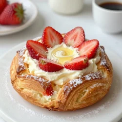 - 1 sheet of puff pastry, thawed - 4 oz cream cheese, softened - 1/4 cup powdered sugar - 1 teaspoon vanilla extract - 1 cup fresh strawberries, sliced - 1 tablespoon lemon juice - 1 egg, beaten (for egg wash) - 1 tablespoon granulated sugar (for sprinkling) - Baking sheet - Parchment paper - Rolling pin - Mixing bowls - Whisk or fork - Knife - A pinch of cinnamon for warmth - Other fruits like blueberries or raspberries - Chopped nuts for crunch - A drizzle of chocolate for extra sweetness These simple ingredients create a tasty treat. The puff pastry gives a light, flaky base. The cream cheese adds a rich, creamy layer. Fresh strawberries bring a burst of flavor and color. You can add your own twist with optional ingredients. Each choice makes the danish special. Enjoy making it your own! {{ingredient_image_1}} Start by preheating your oven to 400°F (200°C). This ensures a nice, even bake. Next, take your thawed puff pastry and place it on a floured surface. Roll it out into a rectangle that is about 1/8 inch thick. This will help the pastry puff up nicely in the oven. Cut the rolled pastry into four equal squares. Each square will hold a delicious filling. In a mixing bowl, add 4 oz of softened cream cheese. To this, mix in 1/4 cup of powdered sugar and 1 teaspoon of vanilla extract. Use a hand mixer or whisk to beat the mixture until it becomes smooth and creamy. This filling is the heart of your Danish. It should be rich and sweet. Now it’s time to fill those pastry squares! Take a spoonful of the cream cheese mixture and place it in the center of each square. Next, fold the corners of the pastry squares towards the center. This will create a beautiful pinwheel shape. Press gently to seal the edges so the filling does not spill out. Brush the tops with a beaten egg for a shiny finish. Then sprinkle a little granulated sugar on top for added sweetness. Place your Danish on a lined baking sheet and bake for 15-20 minutes. Keep an eye on them until they turn golden brown and puffed. Once done, take them out and let them cool for a few minutes. Before serving, add a few macerated strawberries on top for extra flavor. Enjoy your delightful Strawberry Cream Cheese Danish! To get that perfect puff pastry, keep it cold. Warm pastry does not rise well. When you roll it out, flour your surface well. This stops the dough from sticking. Roll it to about 1/8 inch thick. Cut it into squares, but don’t worry about being perfect. Each piece will puff up and look great when baked. You can change the flavor of your cream cheese filling. Try adding lemon zest for a bright taste. You can also mix in some chopped nuts for a crunchy twist. For a sweeter option, add a little more powdered sugar or a splash of almond extract. If you love chocolate, try mixing in some cocoa powder. Each change can make your Danish unique! Serve your Danish warm for the best taste. You can add fresh strawberries on top for extra flavor. A light dusting of powdered sugar makes it look pretty too. For a fun twist, drizzle some chocolate sauce over each Danish. You can also serve them with a scoop of vanilla ice cream. This adds a creamy touch that everyone will love! Pro Tips Use Fresh Strawberries: Always opt for fresh strawberries for the best flavor. They should be ripe but not overripe for the perfect balance of sweetness and acidity. Chill the Cream Cheese: For a smoother filling, make sure your cream cheese is softened to room temperature. If it's too cold, it may not blend well with the sugar and vanilla. Egg Wash Technique: For a beautiful golden color, brush the pastry gently with the egg wash. Avoid excessive dripping to prevent uneven baking. Serve Warm: These danishes are best enjoyed warm. Reheat any leftovers in the oven for a few minutes to restore their flaky texture. {{image_2}} You can switch out strawberries for many other fruits. Try blueberries, raspberries, or peaches. Each fruit brings a new taste and color. For a tropical twist, mango or pineapple works great too. Just remember to adjust the sugar. Some fruits are sweeter, so you may need less sugar in the filling. This recipe shines in all seasons. In spring, use fresh cherries or apricots. In summer, go for mixed berries for a colorful treat. Fall calls for apples or pears with cinnamon. In winter, consider citrus fruits like oranges or grapefruits. Each season allows you to explore new flavors. Toppings can change the whole look and taste. A simple dusting of powdered sugar adds sweetness. For a rich touch, drizzle with chocolate ganache. Lemon glaze gives a zesty kick. You can also use a cream cheese glaze, mixing cream cheese with powdered sugar and milk. Each topping makes your danish unique and special. To keep your Strawberry Cream Cheese Danish fresh, place leftovers in an airtight container. This helps to keep them moist and tasty. Store the container in the fridge. They will last for about three days. If you want to enjoy them later, freezing is a great option. To reheat your Danish, use your oven or a toaster oven. Preheat the oven to 350°F (175°C). Place the Danish on a baking sheet. Heat for about 10 minutes or until warm. This will help restore the pastry's crispiness. You can also use a microwave for quick reheating. Just heat for 15-20 seconds, but keep in mind that it may not be as crispy. If you want to freeze the Danish, wrap each one tightly in plastic wrap. Then, place them in a freezer-safe bag. This will help to prevent freezer burn. You can freeze them for up to two months. When ready to eat, let them thaw in the fridge overnight. Then, reheat them as described above for the best results. Yes, you can use ricotta or mascarpone cheese. Both will give a nice flavor. Ricotta is lighter, while mascarpone is creamier. Just mix it with powdered sugar and vanilla like cream cheese. This will keep the filling delicious. You can use crescent roll dough as a quick option. It gives a nice, flaky texture. Alternatively, try phyllo dough for a lighter option. Just layer a few sheets and cut them into squares. Each will create a tasty Danish. To make it dairy-free, use a dairy-free cream cheese. There are many brands available. You can also use blended silken tofu with a bit of sugar and vanilla. This gives a creamy texture without any dairy. Yes, you can prepare the filling and pastry ahead. Just store them separately in the fridge. Assemble and bake when you are ready to serve. This keeps them fresh and crispy for everyone to enjoy. You learned about the key ingredients and tools to make a tasty puff pastry Danish. I shared step-by-step instructions on preparing the pastry and filling. Tips helped you achieve perfect results, and I covered fun variations to keep it fresh. Finally, I explained how to store and reheat your leftovers. Enjoy making your own delightful Danish! Experiment and find your favorite twist.