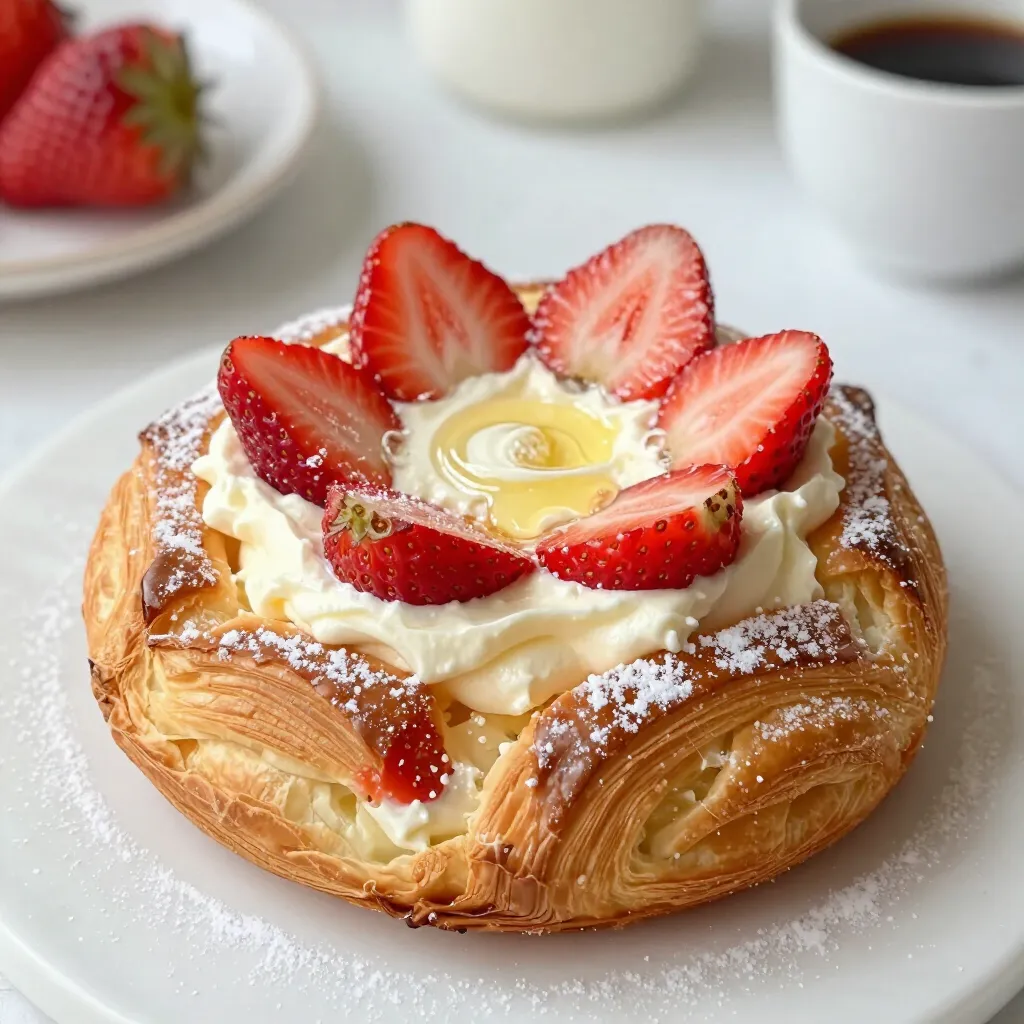 - 1 sheet of puff pastry, thawed - 4 oz cream cheese, softened - 1/4 cup powdered sugar - 1 teaspoon vanilla extract - 1 cup fresh strawberries, sliced - 1 tablespoon lemon juice - 1 egg, beaten (for egg wash) - 1 tablespoon granulated sugar (for sprinkling) - Baking sheet - Parchment paper - Rolling pin - Mixing bowls - Whisk or fork - Knife - A pinch of cinnamon for warmth - Other fruits like blueberries or raspberries - Chopped nuts for crunch - A drizzle of chocolate for extra sweetness These simple ingredients create a tasty treat. The puff pastry gives a light, flaky base. The cream cheese adds a rich, creamy layer. Fresh strawberries bring a burst of flavor and color. You can add your own twist with optional ingredients. Each choice makes the danish special. Enjoy making it your own! {{ingredient_image_1}} Start by preheating your oven to 400°F (200°C). This ensures a nice, even bake. Next, take your thawed puff pastry and place it on a floured surface. Roll it out into a rectangle that is about 1/8 inch thick. This will help the pastry puff up nicely in the oven. Cut the rolled pastry into four equal squares. Each square will hold a delicious filling. In a mixing bowl, add 4 oz of softened cream cheese. To this, mix in 1/4 cup of powdered sugar and 1 teaspoon of vanilla extract. Use a hand mixer or whisk to beat the mixture until it becomes smooth and creamy. This filling is the heart of your Danish. It should be rich and sweet. Now it’s time to fill those pastry squares! Take a spoonful of the cream cheese mixture and place it in the center of each square. Next, fold the corners of the pastry squares towards the center. This will create a beautiful pinwheel shape. Press gently to seal the edges so the filling does not spill out. Brush the tops with a beaten egg for a shiny finish. Then sprinkle a little granulated sugar on top for added sweetness. Place your Danish on a lined baking sheet and bake for 15-20 minutes. Keep an eye on them until they turn golden brown and puffed. Once done, take them out and let them cool for a few minutes. Before serving, add a few macerated strawberries on top for extra flavor. Enjoy your delightful Strawberry Cream Cheese Danish! To get that perfect puff pastry, keep it cold. Warm pastry does not rise well. When you roll it out, flour your surface well. This stops the dough from sticking. Roll it to about 1/8 inch thick. Cut it into squares, but don’t worry about being perfect. Each piece will puff up and look great when baked. You can change the flavor of your cream cheese filling. Try adding lemon zest for a bright taste. You can also mix in some chopped nuts for a crunchy twist. For a sweeter option, add a little more powdered sugar or a splash of almond extract. If you love chocolate, try mixing in some cocoa powder. Each change can make your Danish unique! Serve your Danish warm for the best taste. You can add fresh strawberries on top for extra flavor. A light dusting of powdered sugar makes it look pretty too. For a fun twist, drizzle some chocolate sauce over each Danish. You can also serve them with a scoop of vanilla ice cream. This adds a creamy touch that everyone will love! Pro Tips Use Fresh Strawberries: Always opt for fresh strawberries for the best flavor. They should be ripe but not overripe for the perfect balance of sweetness and acidity. Chill the Cream Cheese: For a smoother filling, make sure your cream cheese is softened to room temperature. If it's too cold, it may not blend well with the sugar and vanilla. Egg Wash Technique: For a beautiful golden color, brush the pastry gently with the egg wash. Avoid excessive dripping to prevent uneven baking. Serve Warm: These danishes are best enjoyed warm. Reheat any leftovers in the oven for a few minutes to restore their flaky texture. {{image_2}} You can switch out strawberries for many other fruits. Try blueberries, raspberries, or peaches. Each fruit brings a new taste and color. For a tropical twist, mango or pineapple works great too. Just remember to adjust the sugar. Some fruits are sweeter, so you may need less sugar in the filling. This recipe shines in all seasons. In spring, use fresh cherries or apricots. In summer, go for mixed berries for a colorful treat. Fall calls for apples or pears with cinnamon. In winter, consider citrus fruits like oranges or grapefruits. Each season allows you to explore new flavors. Toppings can change the whole look and taste. A simple dusting of powdered sugar adds sweetness. For a rich touch, drizzle with chocolate ganache. Lemon glaze gives a zesty kick. You can also use a cream cheese glaze, mixing cream cheese with powdered sugar and milk. Each topping makes your danish unique and special. To keep your Strawberry Cream Cheese Danish fresh, place leftovers in an airtight container. This helps to keep them moist and tasty. Store the container in the fridge. They will last for about three days. If you want to enjoy them later, freezing is a great option. To reheat your Danish, use your oven or a toaster oven. Preheat the oven to 350°F (175°C). Place the Danish on a baking sheet. Heat for about 10 minutes or until warm. This will help restore the pastry's crispiness. You can also use a microwave for quick reheating. Just heat for 15-20 seconds, but keep in mind that it may not be as crispy. If you want to freeze the Danish, wrap each one tightly in plastic wrap. Then, place them in a freezer-safe bag. This will help to prevent freezer burn. You can freeze them for up to two months. When ready to eat, let them thaw in the fridge overnight. Then, reheat them as described above for the best results. Yes, you can use ricotta or mascarpone cheese. Both will give a nice flavor. Ricotta is lighter, while mascarpone is creamier. Just mix it with powdered sugar and vanilla like cream cheese. This will keep the filling delicious. You can use crescent roll dough as a quick option. It gives a nice, flaky texture. Alternatively, try phyllo dough for a lighter option. Just layer a few sheets and cut them into squares. Each will create a tasty Danish. To make it dairy-free, use a dairy-free cream cheese. There are many brands available. You can also use blended silken tofu with a bit of sugar and vanilla. This gives a creamy texture without any dairy. Yes, you can prepare the filling and pastry ahead. Just store them separately in the fridge. Assemble and bake when you are ready to serve. This keeps them fresh and crispy for everyone to enjoy. You learned about the key ingredients and tools to make a tasty puff pastry Danish. I shared step-by-step instructions on preparing the pastry and filling. Tips helped you achieve perfect results, and I covered fun variations to keep it fresh. Finally, I explained how to store and reheat your leftovers. Enjoy making your own delightful Danish! Experiment and find your favorite twist.