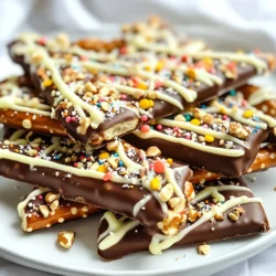 Here are the simple ingredients you need for chocolate covered pretzel bark: - 2 cups pretzel sticks - 1 cup semi-sweet chocolate chips - 1/2 cup white chocolate chips - 1/4 cup chopped nuts (almonds or walnuts) - 1/4 cup sprinkles (optional) - Sea salt for sprinkling These ingredients create a sweet and salty treat. The pretzel sticks add a nice crunch. The semi-sweet chocolate gives a rich taste. White chocolate adds a creamy finish. Nuts give it a bit of texture. You can also add sprinkles for fun colors. Sea salt brings out the flavors nicely. With these simple items, you can make a delicious snack that everyone will love. {{ingredient_image_1}} - Preparing the baking sheet: Start by lining a baking sheet with parchment paper. This helps the bark come off easily later. - Melting chocolate in intervals: In a microwave-safe bowl, add 1 cup of semi-sweet chocolate chips. Heat the chips in the microwave for 30 seconds. Stir and repeat until the chocolate is smooth and melted. - Coating pretzels with chocolate: Once melted, add 2 cups of pretzel sticks to the chocolate. Gently fold the pretzels until they are fully coated in chocolate. - Spreading the chocolate-covered mixture: Use a spatula to spread the chocolate-covered pretzels in an even layer on the prepared baking sheet. Aim for a thickness of about 1/4 inch. - Melting and drizzling white chocolate: In another bowl, melt 1/2 cup of white chocolate chips the same way as the semi-sweet. Once melted, drizzle it over the pretzel mixture in a crisscross pattern. - Adding toppings and sprinkles: While the chocolate is still warm, sprinkle 1/4 cup of chopped nuts and optional colorful sprinkles on top. Press them down lightly so they stick. - Sprinkling sea salt for flavor: Finish by lightly sprinkling sea salt over the bark. This adds a nice sweet-salty balance to every bite. To melt chocolate well, you can use either a microwave or a double boiler. I love the microwave method for its speed. Just place the chocolate chips in a bowl and heat in 30-second bursts. Stir between each round until smooth. If you choose the double boiler, fill a pot with water and let it simmer. Place a bowl on top, making sure it doesn’t touch the water. This method gives you more control and helps prevent burning. Sometimes chocolate can seize up and turn grainy. To avoid this, make sure your bowl and utensils are dry. Even a drop of water can cause trouble. If your chocolate does seize, try adding a small amount of oil or cream to rescue it. When coating pretzels, it’s key to ensure they are evenly covered. After melting the chocolate, add the pretzel sticks. Gently fold them in, making sure each pretzel gets a nice coat. If you want a thinner layer of bark, use a spatula to spread the mixture in a thin, even layer on the baking sheet. Aim for about 1/4 inch thick. This helps the bark break easily later. Store your chocolate-covered pretzel bark in an airtight container. Keep it at room temperature to maintain its crunch. If you want to keep it fresh for longer, you can store it in the fridge, but it may lose some crispiness. When serving, break the bark into pieces and arrange them on a plate. This makes for a fun snack at parties or gatherings. You can also serve it with a scoop of ice cream or alongside a fruit platter for a treat that everyone will love. Pro Tips Use Quality Chocolate: The flavor of your bark will heavily depend on the quality of the chocolate you use. Opt for high-quality semi-sweet and white chocolate chips for the best results. Keep It Thin: Spreading the chocolate-covered pretzel mixture in a thin layer will ensure that it sets evenly and breaks apart easily into pieces. Experiment with Toppings: Feel free to get creative with your toppings! Try adding dried fruits, coconut flakes, or different types of nuts for a unique twist. Store Properly: To keep your pretzel bark fresh, store it in an airtight container at room temperature. Avoid refrigerating it unless necessary, as this can cause condensation and affect the texture. {{image_2}} You can change the taste of your chocolate covered pretzel bark in fun ways. Use different types of chocolate. Dark chocolate adds a rich flavor. Milk chocolate gives it sweetness. You can also mix them for a unique taste. Try alternative nuts and toppings for a twist. Almonds and walnuts are great, but you could use peanuts or pecans too. For a crunchy touch, consider adding crushed candy canes or toffee bits. They bring a new flavor and texture to your bark. If you need gluten-free options, use gluten-free pretzel sticks. Many brands offer these, and they taste just as good. You won’t miss the wheat at all! For vegan alternatives, choose dairy-free chocolate chips. There are many tasty options available now. You can also skip the nuts if you need a nut-free treat. Make your bark festive for the holidays. Add red and green sprinkles for Christmas. Use pastel colors for Easter. You can even shape it into hearts for Valentine’s Day! Consider unique toppings for special occasions. Edible glitter can make your bark shine. Dried fruits like cranberries or apricots add a lovely touch. These fun ideas keep your chocolate covered pretzel bark fresh and exciting! Store your chocolate covered pretzel bark in an airtight container. This keeps it fresh longer. You can also use zip-top bags, but they may not seal as well. Keep the bark at room temperature, away from direct sunlight. A cool, dry place is best for storage. At room temperature, the bark lasts about two weeks. It can also go in the fridge for up to a month. If you freeze it, wrap it tightly. It can last for up to three months in the freezer. Just make sure to thaw it at room temperature before serving. How do I make chocolate covered pretzel bark without nuts? You can simply skip the nuts. Use the same recipe without adding them. The bark will still taste great! Can I use milk chocolate instead of semi-sweet? Yes, you can. Milk chocolate will make the bark sweeter. Adjust your taste if you like a richer flavor. What can I do if my chocolate seized? If chocolate seizes, add a small amount of vegetable oil. Stir it in gently until smooth. This can save your batch! How do I serve chocolate covered pretzel bark for parties? Cut the bark into pieces. Place on a nice platter or in bowls. It looks festive and is easy to grab! Can I make this recipe in advance for events? Yes, you can make it a few days ahead. Just store it in an airtight container to keep it fresh. What types of pretzels are best for this recipe? I recommend using pretzel sticks. They are sturdy and provide a great crunch. You can also try mini pretzels! How to customize chocolate covered pretzel bark? You can mix in different toppings. Try crushed candies, dried fruit, or even popcorn. Get creative and have fun! You can create delicious chocolate-covered pretzel bark using simple ingredients. Start with pretzel sticks and chocolate chips, then coat them and add nuts and toppings. Follow the steps for perfect melting and coating. As you explore flavor variations and adjustments, consider dietary needs and seasonality. Store your bark in an airtight container to keep it fresh. Enjoy this fun dessert for any occasion. Your sweet treat will impress friends and family alike.