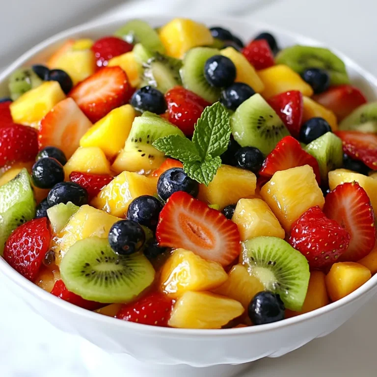 For a vibrant Honey Lime Fruit Salad, you need a mix of tasty fruits. These fruits add color and flavor. Here’s what you’ll need: - 1 cup fresh strawberries, hulled and sliced - 1 cup blueberries - 1 cup diced pineapple - 1 cup honeydew melon, cubed - 1 cup diced kiwi - 1 banana, sliced These fruits create a sweet and tangy base. They provide vitamins and make the salad refreshing. The dressing is key for flavor. It ties all the fruits together. For this dressing, gather: - 3 tablespoons honey - 2 tablespoons fresh lime juice - Zest of 1 lime Mixing honey with lime juice gives a sweet and zesty taste. The lime zest adds a bright kick that lifts the salad. Garnishes make your dish look pretty and add a fresh touch. Here’s what you can use: - Fresh mint leaves Mint leaves give a nice aroma. They also add a pop of green to your colorful salad. You can sprinkle them on top just before serving. {{ingredient_image_1}} Start by washing all your fruits well. I love using fresh strawberries because they add a sweet touch. Hull and slice the strawberries into bite-sized pieces. Next, grab a cup of blueberries and add them to the bowl. For a tropical twist, use diced pineapple. The juicy sweetness of honeydew melon is a must, so cube it and toss it in too. Don't forget the kiwi! Dice it up and mix it with the other fruits. Finally, slice a banana and add it last to prevent browning. That colorful mix looks so good! In a small bowl, add three tablespoons of honey. Then, squeeze in two tablespoons of fresh lime juice. The lime gives a nice zing! Now, zest one lime and mix it all together. Whisk until it's smooth and well combined. This dressing is the secret to brightening the fruit flavors. Drizzle the honey lime dressing over the fruit mixture. Gently toss the fruits to coat them well. Let the salad sit for about 10 minutes. This helps the flavors blend together. Just before serving, toss it lightly again. Transfer your vibrant salad to a big bowl or individual cups. For the final touch, add fresh mint leaves. They not only look great but taste amazing too! Enjoy this fresh and tasty dish! To make the best Honey Lime Fruit Salad, choose ripe fruits. Look for strawberries that are bright red. Blueberries should feel firm and plump. Pineapple should smell sweet and have a slight give when pressed. Honeydew melon should be slightly soft at the stem end. For kiwi, pick ones that yield gently to pressure. Bananas should be yellow with a few brown spots. Selecting ripe fruits ensures a tasty salad. If you have leftover fruit salad, store it in a sealed container. Keep it in the fridge to maintain freshness. Make sure to consume it within three days. The honey lime dressing helps preserve the fruit. However, some fruits may get mushy over time. If you notice this, enjoy it sooner rather than later. You can boost the flavor of your Honey Lime Fruit Salad. Adding a sprinkle of cinnamon gives a warm touch. Chopped nuts like almonds or walnuts add crunch. You can also mix in coconut flakes for a tropical twist. For a zing, consider tossing in some jalapeño slices. Fresh herbs, like basil or cilantro, can add surprising depth. These extras can make your salad even more exciting! Pro Tips Use Seasonal Fruits: Choose fruits that are in season for the best flavor and freshness. This will enhance the overall taste of your salad. Chill Before Serving: Allow the fruit salad to chill in the refrigerator for at least 30 minutes before serving. This will keep the fruits crisp and refreshing. Add a Twist: Consider adding a splash of coconut water or a sprinkle of chia seeds for an extra boost of nutrients and flavor. Customize Your Dressing: Feel free to experiment with the dressing by adding a hint of ginger or mint for a unique flavor profile. {{image_2}} You can switch up the fruits in your honey lime fruit salad. Try using ripe peaches, juicy oranges, or sweet cherries. Each fruit brings its own unique taste. Consider adding pomegranate seeds for a burst of color and crunch. Apples and pears also work well. They add crispness and a different flavor. Mix and match to find your favorite combo. This salad is all about personal taste and seasonal fruits. If you want a vegan option, use maple syrup or agave nectar instead of honey. Both sweeteners provide a great taste. Maple syrup adds a hint of caramel flavor, while agave nectar is light and sweet. You can also try coconut nectar for a tropical twist. Just remember to use the same amount as honey in your dressing. Your salad will still shine with flavor! To take your fruit salad up a notch, add spices or other ingredients. A pinch of cinnamon can warm the dish and enhance sweetness. Mint adds freshness and pairs well with lime. You could also sprinkle some chia seeds or chopped nuts for texture. For a tropical vibe, consider adding shredded coconut. Each of these additions makes your salad unique and exciting. Don’t be afraid to experiment! To keep your Honey Lime Fruit Salad fresh, store it in an airtight container. This step keeps moisture out and flavors in. Always place the fruit salad in the fridge right after serving. This helps prevent spoilage and keeps it tasty. If you have extra dressing, store it separately. You can drizzle it on just before serving. Your fruit salad will last about three days in the fridge. After that, the fruits may become mushy and lose their crisp taste. To enjoy it at its best, eat it within two to three days. Always check for any changes in smell or texture before eating. Freezing fruit salad is not the best idea due to its texture. Most fruits become watery when thawed. If you must freeze it, add some lime juice before freezing. This can help maintain flavor. When ready to eat, let it thaw in the fridge overnight. Use it in smoothies instead of eating it as a salad after freezing. Yes, you can make Honey Lime Fruit Salad ahead of time. However, the fruit may soften. To keep it fresh, mix the dressing just before serving. This keeps the fruits crisp and bright. Refrigerate the salad in an airtight container. It tastes best within one to two days. You can use many fruits in a salad. My favorites are: - Strawberries - Blueberries - Pineapple - Honeydew melon - Kiwi - Banana These fruits add color, taste, and texture. Feel free to mix and match. Use what you love or what’s in season. Always pick ripe fruits for the best flavor. Yes, you can swap honey for other sweeteners. Maple syrup or agave nectar work great. If you want a sugar-free option, use stevia or erythritol. Each sweetener has a unique taste. Adjust the amount based on your preference. Always keep the lime juice to balance the sweetness. In this article, we explored how to make a delicious Honey Lime Fruit Salad. We discussed the fresh fruits you need and the honey lime dressing that ties it all together. You learned tips for selecting ripe fruits and how to store leftovers. Variations like vegan alternatives and different flavor add-ins can elevate your salad. Final thoughts: With these steps, you can create a tasty dish that everyone will enjoy. Enjoy being creative with your fruit salad!