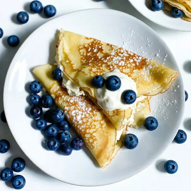 To make blueberry cheesecake crepes, you need to gather some key ingredients. Here’s what you will need: - 1 cup all-purpose flour - 2 large eggs - 1 ½ cups milk - 2 tablespoons melted butter - 2 tablespoons granulated sugar - ½ teaspoon vanilla extract - 8 oz cream cheese, softened - ½ cup powdered sugar - 1 cup fresh blueberries - 1 tablespoon lemon juice - Zest of 1 lemon - Whipped cream for topping (optional) Each ingredient plays an important role in the recipe. The all-purpose flour gives structure to the crepe. Eggs add richness and help bind the batter. Milk makes the crepes tender and soft. Melted butter adds flavor and moisture. Granulated sugar sweetens the batter, while vanilla extract enhances the taste. For the cheesecake filling, cream cheese is the star. It gives a rich, creamy texture. Powdered sugar sweetens it without graininess. Lemon juice and zest add a bright flavor that complements blueberries. Fresh blueberries add a pop of color and sweetness. These sweet fruits make the crepes delightful. Optional whipped cream can make your dessert even more special. Gathering these ingredients ensures a delicious and satisfying sweet treat. {{ingredient_image_1}} To start, you need to mix your dry and wet ingredients. In a big bowl, whisk together 1 cup of all-purpose flour, 2 large eggs, 1 ½ cups of milk, 2 tablespoons of melted butter, 2 tablespoons of granulated sugar, and ½ teaspoon of vanilla extract. Make sure your batter is smooth and free of lumps. Once mixed, let the batter rest for 30 minutes. This helps the crepes become light and tender. Heat a non-stick skillet or crepe pan over medium heat. Lightly grease it with butter to prevent sticking. Pour about ¼ cup of batter into the pan. Swirl the pan to coat the bottom evenly. Cook for 1-2 minutes until the edges lift and the bottom turns lightly golden. Carefully flip the crepe and cook for another minute. Transfer the crepe to a plate. Repeat this until all the batter is cooked. In a clean bowl, mix 8 oz of softened cream cheese with ½ cup of powdered sugar. Add 1 tablespoon of lemon juice and the zest of 1 lemon. Stir until it is well combined and smooth. This filling gives the crepes their cheesecake flavor. Take a warm crepe and spread a thin layer of the cream cheese mixture on half of it. Sprinkle fresh blueberries over the cream cheese. Fold the crepe in half, then fold it in half again to form a triangle. Serve the crepes warm. You can add more blueberries and a dollop of whipped cream on top if you like. Enjoy this delightful sweet treat! To make great crepes, avoid common mistakes. First, whisk your batter well. Lumps can ruin the smooth texture. Let the batter rest for 30 minutes. This helps to make it lighter. When cooking, keep the heat at medium. Too hot and the crepes will burn. Too low and they may not cook right. Use a non-stick skillet or crepe pan for best results. Lightly grease it with butter before adding batter. You can add more flavor to your crepes. Consider mixing in some cinnamon or nutmeg. These spices add a warm touch. You can also use vanilla bean paste for a richer taste. Adjust the sweetness by adding more or less sugar. If you want a tangy twist, add a bit more lemon juice. This balances the sweetness of the filling. Serving your crepes nicely makes them more appealing. Stack them on a plate and drizzle with blueberry sauce. You can also sprinkle some powdered sugar on top. For garnish, add fresh blueberries and a dollop of whipped cream. This makes the dish look festive and inviting. Use a mint leaf for a pop of color. Pro Tips Rest the Batter: Allowing the batter to rest for at least 30 minutes helps to relax the gluten, resulting in more tender and delicate crepes. Perfect Flip: Use a spatula to gently lift the edges of the crepe before flipping. This ensures you won’t tear the crepe while turning it over. Customize Your Filling: Feel free to mix in other fruits like strawberries or raspberries with the blueberries for a delicious variation. Serving Style: For an elegant presentation, dust the finished crepes with a little powdered sugar before serving to add a touch of sweetness and visual appeal. {{image_2}} You can change the fruit in these crepes to fit your taste. Strawberries, raspberries, or mixed berries work great. Fresh fruit adds a nice touch. In summer, use peaches or plums. In fall, try apples or pears. You can even mix fruits for a fun twist. If you want a different flavor, try flavored cream cheese. Options like vanilla or strawberry can change the taste. For a lighter choice, use Greek yogurt instead of cream cheese. It still gives that creamy texture but with less fat. You can easily make these crepes gluten-free. Use a gluten-free flour mix instead of all-purpose flour. For a dairy-free option, look for non-dairy cream cheese. These swaps let everyone enjoy this treat without worry. To keep your leftover crepes fresh, stack them with parchment paper between each one. Place the stack in an airtight container. Store it in the fridge for up to three days. When you want to enjoy a crepe, just heat it in a skillet for about 30 seconds on each side. You can also use a microwave for a quick reheat, but the skillet keeps them crisp. You can freeze the assembled crepes for later enjoyment. To do this, wrap each filled crepe in plastic wrap. Then, place them in a freezer-safe bag or container. They will stay good for up to two months. When you're ready to eat, thaw them overnight in the fridge. After thawing, reheat them in a skillet or microwave before serving for the best flavor and texture. You can make crepes without eggs by using a few simple swaps. Try using one of these alternatives: - 1 tablespoon ground flaxseed mixed with 2.5 tablespoons water - 1/4 cup applesauce - 1/4 cup mashed banana These options will help bind the ingredients. Just mix them with the flour and liquids like milk. Yes, you can make these crepes ahead of time. Here are some tips: - Prepare the crepes and store them between layers of parchment paper. - Keep the crepes in an airtight container in the fridge for up to 2 days. - You can make the cheesecake filling in advance too. Store it in the fridge until ready to use. Assemble the crepes just before serving for the best taste. Serving these crepes is fun and flexible! Here are some ideas: - Top with extra fresh blueberries for a fruity burst. - Add a dollop of whipped cream for a creamy touch. - Drizzle with maple syrup or honey for sweetness. Feel free to get creative with your toppings! You’ve learned how to make delicious blueberry cheesecake crepes from scratch. We covered the ingredients needed, step-by-step cooking instructions, and tasty tips to enhance flavor. Remember, you can customize these crepes with different fruits and fillings. Store leftovers properly to enjoy later. With these insights, you can impress friends and family with your culinary skills. Enjoy creating this delightful dish!