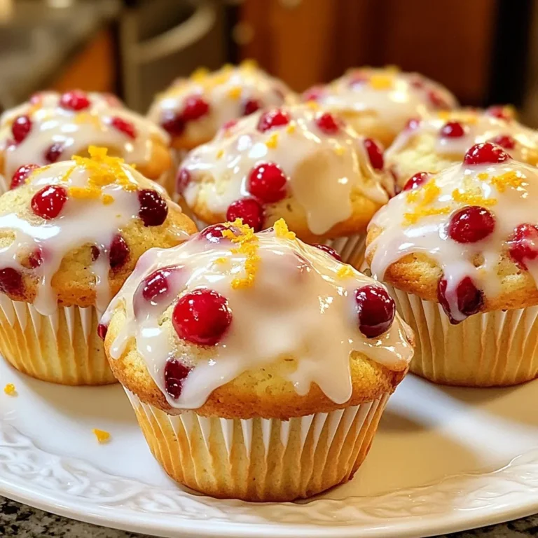 To make delicious cranberry orange muffins, you need simple ingredients. Here’s the list: - 1 ¾ cups all-purpose flour - ¾ cup granulated sugar - 2 teaspoons baking powder - ½ teaspoon baking soda - ½ teaspoon salt - 1 teaspoon ground cinnamon - 1 large orange (zested and juiced) - ½ cup unsalted butter, melted - 1 large egg - ½ cup buttermilk (or milk with 1 tsp vinegar added) - 1 cup fresh or frozen cranberries (if using frozen, do not thaw) - ½ cup chopped walnuts (optional) - Optional glaze: ½ cup powdered sugar, 1 tablespoon orange juice Each ingredient plays a role in creating the perfect balance of flavors. The flour gives structure, while sugar adds sweetness. Baking powder and baking soda help the muffins rise. Salt and cinnamon enhance the taste. Orange zest and juice bring a bright, fresh flavor. Melted butter adds moisture and richness. The egg binds everything together, and buttermilk keeps the muffins tender. Cranberries provide a tart kick that pairs well with the sweet orange. If you want extra crunch, add chopped walnuts. For a sweet finish, drizzle the optional glaze on top. This combination makes the muffins a true treat! {{ingredient_image_1}} To make your cranberry orange muffins, follow these steps carefully. 1. Preheat oven and prepare muffin tin First, heat your oven to 400°F (200°C). Grease a muffin tin or line it with paper cups. This helps prevent sticking. 2. Combine dry ingredients In a large bowl, mix together 1 ¾ cups of all-purpose flour, ¾ cup of granulated sugar, 2 teaspoons of baking powder, ½ teaspoon of baking soda, ½ teaspoon of salt, and 1 teaspoon of ground cinnamon. Stir well to blend. 3. Whisk wet ingredients In another bowl, whisk 1 large orange's zest and juice, ½ cup of melted unsalted butter, 1 large egg, and ½ cup of buttermilk. Make sure everything is mixed well. 4. Mix wet and dry ingredients Pour the wet mix into the dry mix. Stir gently until just combined. You want a few lumps. Overmixing can make the muffins tough. 5. Fold in cranberries and walnuts Gently fold in 1 cup of cranberries and ½ cup of chopped walnuts if you are using them. Spread them evenly through the batter. 6. Fill muffin cups and bake Fill each muffin cup about ¾ full with the batter. Bake for 18-20 minutes. Muffins should be golden brown. You can check with a toothpick; it should come out clean. Enjoy the process of making these muffins! The warm, sweet smell will fill your kitchen as they bake. - How to avoid overmixing Mix your wet and dry ingredients gently. Stir until just combined. A few lumps are okay. Overmixing makes muffins tough. - Using fresh vs. frozen cranberries Fresh cranberries give a bright flavor. Frozen cranberries work too, but do not thaw them. This keeps your batter cold and the muffins fluffy. - Importance of zesting oranges Zest adds a burst of citrus flavor. Use a microplane to get fine zest. It makes the muffins taste fresh and bright. - Checking doneness of muffins Insert a toothpick into the center of a muffin. If it comes out clean, the muffins are done. They should be golden brown on top. Pro Tips Fresh vs. Frozen Cranberries: Using fresh cranberries will give you a burst of flavor, while frozen cranberries are a great option for convenience and can be used directly from the freezer without thawing. Don’t Overmix: Mix the batter until just combined to keep the muffins light and fluffy. Overmixing can lead to dense muffins. Perfect Muffin Height: Fill the muffin cups about ¾ full to ensure they rise beautifully during baking without overflowing. Glaze for Extra Flavor: The orange glaze adds a delightful sweetness and enhances the orange flavor in the muffins. Drizzle it on once the muffins are completely cooled. {{image_2}} You can change some ingredients to fit your needs. Here are a few ideas: - Alternative sweeteners: If you want less sugar, use honey or maple syrup. Both work well and add a unique flavor. - Gluten-free options: Swap all-purpose flour with a gluten-free blend. Make sure it has xantham gum for better texture. - Adding spices or additional fruits: Try adding nutmeg or ginger for warmth. You can also mix in blueberries or apples for a twist. Want to boost the flavor? Here are some fun options: - Different citrus combinations: Use lemon or lime juice instead of orange for a fresh taste. You can mix citrus for a more complex flavor. - Including chocolate chips: Fold in dark or white chocolate chips for a sweet surprise. They melt and create a delightful richness. - Adding streusel topping: Create a crumbly topping with flour, sugar, and butter. Sprinkle it on before baking for extra crunch. - Storing muffins at room temperature: Keep your cranberry orange muffins in an airtight container. They stay fresh for up to three days. Place them in a cool, dry place. Avoid direct sunlight to prevent them from drying out. - Freezing muffins for later: If you want to save muffins for later, freeze them! Wrap each muffin in plastic wrap. Then, place them in a freezer bag. They last up to three months in the freezer. To eat, thaw them at room temperature or warm them in the oven. - How to refresh stale muffins: If your muffins get stale, don’t worry! You can refresh them. Wrap the muffins in a damp paper towel. Microwave them for about 10-15 seconds. This adds moisture back into the muffins and makes them soft again. - Pairing ideas: Enjoy your cranberry orange muffins with a hot cup of coffee or tea. The bright flavors of orange and tart cranberries balance nicely with warm drinks. You can also serve them with a spread of butter or cream cheese for added creaminess. - Creative serving presentations: Serve your muffins on a colorful plate or a wooden board. Add a few fresh cranberries and orange slices around the muffins. This not only looks pretty but also makes the dish more inviting! You can even drizzle some glaze on top for a sweet finish. Can I use other fruits in this recipe? Yes, you can use other fruits! Blueberries, raspberries, or chopped apples work well. Just keep the amount the same. Adjust the flavor to your taste. How do I know when the muffins are done? Check for a golden color. Insert a toothpick into the center. It should come out clean. If it has wet batter, bake a few more minutes. Can I make the batter ahead of time? You can! Mix the dry and wet ingredients separately. Store them in the fridge. Combine them just before baking for fresh muffins. What do I do if my muffins are too dry? If your muffins are dry, check your baking time. You may have baked them too long. Next time, add a bit more buttermilk or butter for moisture. This recipe brings together basic ingredients and clear steps to make tasty muffins. You learned about mixing dry and wet ingredients and folding in cranberries. I shared tips for mixing, zesting, and checking muffin doneness. You also found ways to change flavors and store your muffins well. Enjoy experimenting with these muffins. Try different fruit or spices. With these tips, you can create a delicious treat every time. Happy baking!