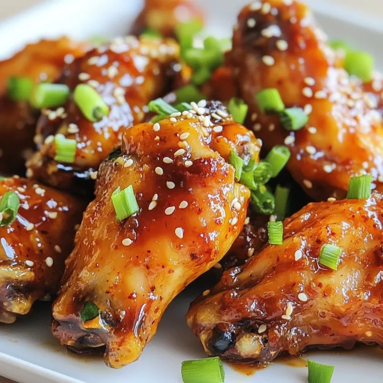 To make sweet chili glazed chicken wings, you need a few key ingredients: - 2 pounds chicken wings - 1/2 cup sweet chili sauce - 2 tablespoons soy sauce - 1 tablespoon honey - 2 cloves garlic, minced - 1 teaspoon ginger, grated - 1 tablespoon rice vinegar - 1/2 teaspoon black pepper These ingredients create a sweet and tangy flavor that you will love. You can add a bit of heat or depth to your wings with these extras: - 1/4 teaspoon red pepper flakes (optional for heat) This little touch can make a big difference in flavor. For a beautiful finish, consider these garnishes: - Chopped green onions - Sesame seeds These add color and crunch to your plate. {{ingredient_image_1}} First, heat your oven to 425°F (220°C). This high heat helps make the wings crispy. Preheating is key for even cooking. Next, grab a mixing bowl. Combine the sweet chili sauce, soy sauce, honey, minced garlic, grated ginger, rice vinegar, black pepper, and red pepper flakes. Whisk these together until you have a smooth mix. This marinade will add great taste. Now, place the chicken wings in a large bowl or a resealable bag. Pour the marinade over the wings. Make sure each wing gets coated well. For the best flavor, let them marinate for at least 30 minutes. If you have time, marinating overnight works even better. Prepare a baking sheet by lining it with aluminum foil. Place a wire rack on top. The rack helps air flow around the wings, making them crispy. Arrange the marinated wings in a single layer on the rack. Bake them in the preheated oven for 40-45 minutes. Halfway through, turn the wings to cook evenly. In the last 5 minutes of baking, brush some extra sweet chili sauce on the wings. This adds a nice glaze and enhances the flavor. You want them to be shiny and delicious. Once done, take the wings out and let them cool for a bit. Garnish with chopped green onions and sesame seeds for a nice touch. Serve them warm and enjoy the delightful taste! To get your wings crispy, start with a hot oven. Set it to 425°F (220°C). Use a wire rack on your baking sheet. This helps air flow around the wings. It keeps them from steaming. Turn the wings halfway through baking. This helps them cook evenly. For extra crispiness, brush them with sweet chili sauce in the last minutes of baking. Sweet chili sauce is sweet with a hint of heat. To balance these flavors, add soy sauce. It brings saltiness that works well. You can also add red pepper flakes for more spice. Adjust the amount to fit your taste. Mix the sauce well so every wing gets the right flavor. Remember, tasting is key! Marinating your wings is vital for flavor. Aim for at least 30 minutes. For the best taste, marinate overnight. This gives the wings time to soak up the marinade. Store them in the fridge in a bag or bowl. Make sure they are covered well. The longer they sit, the more flavor they pack! Pro Tips Marinate for Maximum Flavor: The longer you marinate the wings, the more flavorful they will be. Aim for at least 2 hours if possible, or overnight for the best results. Use a Wire Rack: Baking the wings on a wire rack allows hot air to circulate around them, ensuring they become crispy all over instead of steaming on the baking sheet. Double Glaze for Extra Shine: For an irresistible finish, brush the wings with sweet chili sauce twice: once during the last 5 minutes of baking and again just before serving. Adjust the Heat: If you prefer a spicier kick, increase the amount of red pepper flakes in the marinade or add a dash of hot sauce for an extra layer of flavor. {{image_2}} You can cook sweet chili glazed chicken wings in different ways. Grilling gives a smoky flavor. Preheat your grill to medium-high heat. Place the marinated wings on the grill. Cook them for about 20-25 minutes. Turn them often to avoid burning. Make sure they reach 165°F for safety. Air frying is another quick method. Preheat your air fryer to 375°F. Place the wings in a single layer. Cook for about 25-30 minutes. Shake the basket halfway through. This method makes them crispy without using much oil. If you want a healthier version, try these swaps. Use skinless chicken wings to cut fat. You can also swap sweet chili sauce with a low-sugar version. Instead of honey, use agave syrup or maple syrup for a different sweetness. Add fresh herbs like cilantro or parsley for a fresh taste. To spice it up, add more red pepper flakes or hot sauce to the marinade. You can also try a citrus twist. Add zest from a lime or orange for brightness. A splash of fresh lime juice gives the wings a nice tang. Experimenting with these flavors keeps the dish exciting! After enjoying your sweet chili glazed chicken wings, let them cool down. Place any leftovers in an airtight container. Store them in the fridge for up to three days. Make sure the wings are fully covered to keep them fresh. When you’re ready to eat the leftovers, I recommend using the oven. Preheat it to 350°F (175°C). Place the wings on a baking sheet lined with foil. Heat them for about 10-15 minutes. This method keeps them crispy and delicious. You can also use a microwave, but they may become soft. If you choose the microwave, heat in short bursts to avoid overcooking. If you want to save your wings for later, freezing is a great option. First, let them cool completely. Then, wrap each wing in plastic wrap or foil. Place them in a freezer-safe bag or container. They can last up to three months in the freezer. When you're ready to enjoy them, thaw them overnight in the fridge before reheating. Sweet chili sauce is a thick, sweet, and tangy sauce. It combines sugar, vinegar, and chili. This sauce works great for dipping or glazing. You can use it on chicken, shrimp, or even veggies. Yes, you can use frozen chicken wings. Just remember to thaw them first. This helps the marinade soak in better. Plan for extra time to thaw. To add heat, use more red pepper flakes. You can also add chopped fresh chili peppers. Another option is to mix in hot sauce to the marinade. Adjust to your spice level. Great dips include ranch, blue cheese, or sriracha. You can also try a simple soy sauce blend. These options enhance the sweet and spicy flavors of the wings. Marinate the chicken wings for at least 30 minutes. For deeper flavor, marinate overnight. Keep them in the fridge while marinating. This ensures they soak up all the tasty goodness. In this article, we explored how to make sweet chili glazed chicken wings. We covered the main and optional ingredients, along with garnishes to enhance your dish. You learned the step-by-step instructions, tips for crispy wings, and variations for different cooking methods. Lastly, we discussed storage tips to keep your wings fresh. With these insights, you can create tasty wings that impress anyone. Enjoy the flavor, and have fun experimenting!