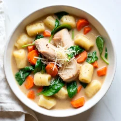 To make this soup, you need a few key ingredients. Here’s what you’ll need: - 1 tablespoon olive oil - 1 medium onion, diced - 2 cloves garlic, minced - 2 medium carrots, diced - 2 celery stalks, diced - 1 pound boneless, skinless chicken breasts, cut into bite-sized pieces - 6 cups chicken broth - 1 teaspoon dried thyme - 1 teaspoon dried oregano - 1 cup heavy cream - 16 oz potato gnocchi - 2 cups fresh spinach - Salt and pepper to taste - Grated Parmesan cheese for serving These ingredients create a rich and creamy base. The chicken adds protein, while the gnocchi gives a nice texture. Fresh vegetables like carrots and spinach add color and nutrients. You can use a few optional ingredients to make your soup even better. Consider adding: - Fresh herbs like parsley or basil for a fresh touch - A squeeze of lemon juice for brightness - Red pepper flakes for a hint of heat - Mushrooms for extra umami flavor These additions can elevate the taste and make it more personal. Feel free to mix and match based on your preferences. If you have dietary needs, you can still enjoy this soup. Here are some substitutions: - Use vegetable broth instead of chicken broth for a vegetarian option. - Substitute coconut milk for heavy cream if you want a dairy-free version. - Swap out chicken for cooked chickpeas or white beans for a protein boost. - Use gluten-free gnocchi if you need a gluten-free dish. These changes keep the soup tasty while catering to different diets. You can enjoy a bowl of comforting soup that suits you. {{ingredient_image_1}} First, gather all your ingredients. This makes cooking easier and more fun. You will need: - 1 tablespoon olive oil - 1 medium onion, diced - 2 cloves garlic, minced - 2 medium carrots, diced - 2 celery stalks, diced - 1 pound boneless, skinless chicken breasts, cut into bite-sized pieces - 6 cups chicken broth - 1 teaspoon dried thyme - 1 teaspoon dried oregano - 1 cup heavy cream - 16 oz potato gnocchi - 2 cups fresh spinach - Salt and pepper to taste - Grated Parmesan cheese for serving Start by chopping the onion, garlic, carrots, and celery. This helps the flavors mix well when cooking. Now, heat the olive oil in a large pot over medium heat. Add the diced onion and cook for about 3-4 minutes, until it looks clear. Next, add the minced garlic, carrots, and celery. Cook these for another 5 minutes. You want the veggies to soften but not brown. Increase the heat to medium-high. Add the chicken pieces to the pot. Cook them for about 5-7 minutes. You want the chicken to turn golden brown on all sides. Next, pour in the chicken broth. Add the dried thyme and oregano. Bring this mix to a boil. Then, lower the heat and let it simmer for about 15 minutes. This step lets the flavors blend together nicely. After that, stir in the heavy cream and potato gnocchi. Let it simmer for another 5-7 minutes. You know the gnocchi is done when it floats to the top. Lastly, add the fresh spinach to the pot. Cook for an additional 2-3 minutes until it wilts down. Now, taste the soup and add salt and pepper as needed. If it’s too thick, you can add more chicken broth to reach your desired consistency. Serve the soup hot, topped with grated Parmesan cheese. This will give it a rich finish that enhances the flavor! To get the creamiest texture, use heavy cream. Heavy cream gives a rich flavor and smooth feel. Stir it in slowly after the soup simmers. Make sure to heat it gently to keep it from curdling. If you want an even creamier soup, blend a part of the soup and mix it back in. This adds thickness without losing any taste. Cook the chicken in small, bite-sized pieces. This helps it cook evenly and stay tender. Sear the chicken until browned for great flavor. Use medium-high heat to get a nice crust. Don’t rush it; let it brown well. After adding broth, let the chicken simmer long enough to absorb all the flavors. Gnocchi cooks fast, so keep an eye on it. Add it to the soup when you see the broth boiling. They are done when they float to the top. This means they are light and fluffy. If you overcook them, they may turn mushy. Use a slotted spoon to scoop them out gently for the best texture. Pro Tips Use Fresh Herbs: Fresh thyme and oregano can elevate the flavor of your soup compared to dried herbs. Perfectly Cooked Gnocchi: Gnocchi is done when it floats to the top; this ensures they are light and fluffy. Make it Dairy-Free: Substitute the heavy cream with coconut cream or a plant-based cream for a dairy-free version. Customize the Veggies: Feel free to add or substitute your favorite vegetables such as bell peppers or zucchini for extra nutrition. {{image_2}} You can easily make a tasty vegetarian version of creamy gnocchi soup. Start by skipping the chicken. Use mushrooms instead. They add a nice umami flavor. Add more veggies like zucchini or bell peppers for extra color and crunch. You can also swap chicken broth for vegetable broth. This keeps the soup rich and satisfying. Want to boost the soup's nutrition? Try adding a can of white beans for protein. You can also toss in some frozen peas or corn for sweetness. If you like a little heat, add red pepper flakes. Fresh herbs like parsley or basil can brighten the dish. They add a fresh pop of flavor that really shines. Seasonal ingredients can make this soup even better. In the fall, add diced butternut squash for sweetness. During winter, try adding kale instead of spinach for a heartier feel. In spring, use fresh asparagus for a crisp bite. Summer brings fresh tomatoes or sweet corn that work well too. Each season offers unique flavors to play with. Enjoy trying new combinations! To keep your creamy chicken gnocchi soup fresh, store it in an airtight container. Let the soup cool to room temperature first. Then, transfer it to the container and seal it well. This method helps prevent any strong odors from seeping in. You can keep it in the fridge for up to three days. When you are ready to enjoy your soup again, reheat it gently on the stove. Pour the soup into a pot and heat it on medium-low. Stir it often to ensure even heating. If the soup thickens too much, add a splash of chicken broth to get the right consistency. Avoid using a microwave, as it can heat unevenly and change the soup’s texture. If you want to keep the soup longer, freezing is a great option. First, cool the soup completely. Then, pour it into freezer-safe bags or containers. Leave some space at the top for expansion. Label the bags with the date. You can freeze it for up to three months. When ready to eat, thaw it in the fridge overnight and reheat on the stove. Gnocchi are small, soft dumplings made from potatoes. They have a light, fluffy texture. To make gnocchi, you boil potatoes until soft, then mash them. You mix the mash with flour, egg, and salt to form a dough. You roll the dough into small pieces and shape them. Each piece gets a gentle press with a fork, giving them ridges. This helps sauce cling better. You then boil them in salted water until they float. Yes, you can make this soup ahead of time. It keeps well in the fridge for about three days. Just store it in an airtight container. When you are ready to eat, reheat it slowly on the stove. You may need to add a bit more broth as it thickens while sitting. This helps keep the soup creamy and delicious. You can serve this soup with warm bread for dipping. A crusty baguette or soft dinner rolls work well. A fresh salad on the side adds a nice touch too. Try a simple green salad with a light vinaigrette. The mix of flavors makes your meal more balanced and enjoyable. In this post, we explored the delicious world of Creamy Chicken Gnocchi Soup. We covered essential and optional ingredients, along with tasty substitutions. You learned easy step-by-step cooking instructions and important tips for creamy texture. We also shared variations, storage tips, and answers to common questions. As you make this soup, remember to enjoy the process and make it your own! Happy cooking!