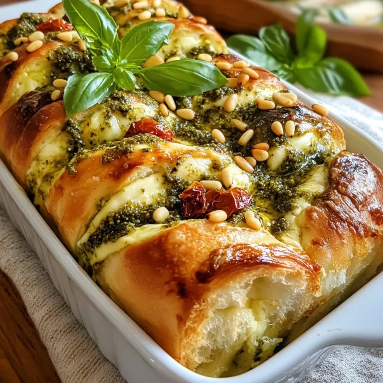 - 1 loaf of crusty Italian or French bread - 1 cup fresh basil pesto - 2 cups fresh mozzarella cheese, shredded - 1/2 cup sun-dried tomatoes, chopped - 1/4 cup pine nuts, toasted - 2 tablespoons olive oil - 1 teaspoon garlic powder - Salt and pepper to taste - Fresh basil leaves The key to this dish lies in the ingredients. The bread should be nice and crusty. It helps hold the filling well. I love using Italian or French bread for the best results. Fresh basil pesto adds a rich flavor. You can make your own or buy it. Either way, it should be bright and vibrant. The mozzarella cheese makes it creamy and melty. Shredded cheese works best as it fills every part of the bread. Sun-dried tomatoes bring a sweet and tangy taste. They add depth and contrast to the dish. Toasted pine nuts give a nice crunch. They bring a nutty flavor that pairs well with the pesto. For seasoning, olive oil, garlic powder, salt, and pepper are must-haves. They enhance the overall flavor, making every bite delicious. If you wish, fresh basil leaves can be added as a garnish. They look great and add freshness. Gather these ingredients, and you’re ready to create a hearty and flavorful meal! {{ingredient_image_1}} 1. Preheat your oven to 375°F (190°C). This heat makes the bread crisp. 2. Take the loaf of bread and slice it in half lengthwise. You can hollow out some bread from the inside to fit the filling. This step helps the filling to stand out. 3. In a bowl, mix the shredded mozzarella, chopped sun-dried tomatoes, and toasted pine nuts. Stir until they blend well. This mix gives a rich taste. 4. Spread a layer of basil pesto on both halves of the bread. The pesto adds a fresh, herby flavor. 5. On the bottom half, evenly distribute the mozzarella mixture over the pesto. Make sure to cover it well for each bite. 6. Drizzle olive oil over the filling. Then, sprinkle garlic powder, salt, and pepper to taste. The olive oil keeps it moist and adds flavor. 7. Place the top half of the bread back on. Press gently to compact the filling. This step holds everything together. 8. Wrap the stuffed bread in aluminum foil. Place it directly on the oven rack. Bake for 20-25 minutes until the cheese melts and the bread is crispy. 9. Remove the foil and bake for an additional 5 minutes. This step helps achieve a golden-brown crust. You want that nice crunch on the outside. 10. Once done, let the bread cool slightly. Then, slice it into thick pieces for serving. This makes it easy to share with friends or family. 11. If you like, garnish with fresh basil leaves. They add a nice touch of color and flavor. How to choose the right bread Select a crusty Italian or French loaf. A sturdy bread holds the filling well. The crust adds texture and flavor. Avoid soft, airy loaves as they can fall apart. Look for a fresh loaf for the best taste. Tips on hollowing the bread Cut the bread in half first. Use a serrated knife to slice it easily. Carefully scoop out some of the inside using your fingers or a spoon. Leave enough bread around the edges for support. Don’t hollow it too much; you want a good base for your filling. Ensuring even melting Shred your mozzarella cheese for even melting. Smaller pieces melt faster and more evenly. Mix it with your other filling ingredients before baking. This helps distribute the cheese for a gooey texture. Alternatives to mozzarella If you want a change, try provolone or fontina cheese. They melt well and add different flavors. Goat cheese can add a tangy twist. Just make sure to use cheese that melts nicely. Additional spices and herbs Add garlic powder, as it boosts the flavor. You can also sprinkle Italian herbs for a more robust taste. Try crushed red pepper for some heat. Fresh herbs like thyme or oregano can add a nice touch. Making it extra cheesy For a cheesier bread, mix in some parmesan or cheddar. Layer extra cheese on top before baking. This adds a crispy, cheesy crust that everyone will love. Don’t be shy; cheese lovers will appreciate the extra cheesy goodness! Pro Tips Use Fresh Ingredients: Always opt for fresh mozzarella and homemade or high-quality pesto for the best flavor. Customize Your Fillings: Feel free to add other ingredients like spinach, artichokes, or olives to enhance the flavor profile. Toast Your Bread: For extra crunch, consider toasting the bread halves lightly before filling them. Serve with Dipping Sauce: A side of marinara or a balsamic glaze makes for a delicious dipping option. {{image_2}} You can change the pesto if you want. Try sun-dried tomato pesto or arugula pesto. These give a nice twist to the flavor. You can also use store-bought pesto for speed. For cheese, fresh mozzarella is great, but you have options. You can use provolone or fontina cheese. Both melt well and taste amazing. If you need gluten-free options, use gluten-free bread. Many stores sell good gluten-free loaves. For a vegan option, skip the cheese. Use vegan mozzarella or cashew cheese instead. Low-carb fans can use cloud bread or zucchini bread. These options keep the flavor while cutting carbs. You can make this dish even better by adding veggies or proteins. Slice up some bell peppers or spinach. You can also add cooked chicken or sausage for a heartier meal. You can mix in unique pesto flavors too. Try adding roasted red peppers or nuts like walnuts. These changes keep the dish fresh and exciting. To store leftover pesto mozzarella stuffed bread, wrap it well. Use plastic wrap or aluminum foil. This keeps it fresh and prevents drying out. Place the wrapped bread in the fridge. It will stay good for up to three days. If you want to freeze it, slice the bread first. Wrap each piece in plastic wrap. Then, place the slices in a freezer bag. This way, you can grab just what you need later. It can last up to three months in the freezer. Thaw it in the fridge overnight before reheating. For reheating, the oven is best. Preheat your oven to 350°F (175°C). Place the bread on a baking tray. Cover it with foil to keep it moist. Heat for about 15 minutes. The microwave works too but may change the texture. If you use it, heat in short bursts. Check often to avoid soggy bread. To keep the outer crust crispy, always use the oven. It helps maintain the tasty texture of your stuffed bread. In the fridge, pesto mozzarella stuffed bread lasts about three days. After that, it may spoil. Look for mold or off smells as signs of spoilage. If it feels hard or dry, it may not taste good. When frozen, it stays fresh for three months. Always check for freezer burn when thawing. This can affect the taste and texture. How to make homemade pesto? Making homemade pesto is easy. You need fresh basil, garlic, pine nuts, Parmesan cheese, and olive oil. Blend them together until smooth. Add salt and pepper to taste. You can adjust the flavors by adding more garlic or cheese. Can I use pre-made pesto? Yes, you can use pre-made pesto. It saves time and still tastes great. Just make sure to choose a good quality brand. Look for one with fresh ingredients and no preservatives. What goes well with stuffed bread? Stuffed bread pairs well with a fresh salad, like a Caesar or Caprese. The crispness of the salad contrasts nicely with the warm, cheesy bread. You can also serve it with a bowl of tomato soup. Ideas for side dishes or dips Try serving your stuffed bread with marinara sauce for dipping. A garlic butter dip complements the flavors too. You can also serve it with a mix of olives and cheese for a tasty platter. Can I add meats or other veggies? Absolutely! You can add cooked chicken, ham, or spinach to the filling. Just chop them small so they mix well. This adds protein and more flavor to your stuffed bread. What are some good dipping sauces? Marinara is a classic choice, but you can try garlic aioli or a balsamic glaze. These dips add a new layer of taste. Experiment with different sauces to find your favorite. To make a tasty stuffed bread, I shared ingredients and steps for success. Using crusty bread, fresh pesto, and mozzarella is key. I included tips to perfect your dish and variations to suit different diets. Remember to store leftovers properly and reheat for best texture. With simple swaps and creative ideas, you can enjoy this dish your way. Dive in and enjoy the flavors!