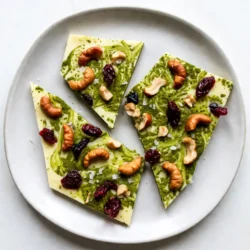 Here are the simple ingredients you need for white chocolate matcha bark: - 8 ounces white chocolate, chopped - 2 teaspoons matcha powder - 1 cup mixed nuts (almonds, pistachios, and cashews) - 1/2 cup dried cranberries - Sea salt, for sprinkling This delightful treat blends sweet and earthy flavors. The white chocolate melts beautifully and pairs well with matcha's unique taste. I love using mixed nuts for crunch and dried cranberries for a hint of tartness. Sea salt adds a magical touch, balancing the sweet notes. Gather all these ingredients, and you're ready to create your own tasty bark! {{ingredient_image_1}} Start by lining a baking sheet with parchment paper. Make sure it is smooth and secure. This helps your bark come off easily later. Set the baking sheet aside for now. Next, take 8 ounces of chopped white chocolate. Place it in a microwave-safe bowl. Heat it in the microwave in 30-second intervals. Stir the chocolate after each interval. Keep doing this until the chocolate is smooth and fully melted. Once the chocolate has melted, add 2 teaspoons of matcha powder. Mix it well until the matcha is fully dissolved. The color will turn a vibrant green, which looks beautiful. Now, pour the matcha-white chocolate mixture onto the prepared baking sheet. Use a spatula to spread it out evenly. Aim for a thickness of about 1/4 inch. This will help it set nicely. Time to add some tasty toppings! Sprinkle 1 cup of mixed nuts and 1/2 cup of dried cranberries over the melted chocolate. Gently press them into the chocolate so they stick. Finally, sprinkle a pinch of sea salt on top for extra flavor. Place the baking sheet in the refrigerator. Leave it there for about 1 to 2 hours, or until the bark is firm. Once set, take it out and break it into pieces. You can serve it on a nice plate, maybe with fresh fruit or dark chocolate drizzle for a sweet touch. To get a smooth texture, melt your white chocolate slowly. Use a microwave-safe bowl. Heat in 30-second bursts. Stir after each heating. This helps the chocolate melt evenly. Avoid overheating, as this can cause clumps. If you have clumps, try stirring more. A little patience goes a long way here. You can have fun with toppings! Try different nuts or fruits. Almonds, pistachios, and cashews work great. Dried cranberries add a sweet touch. You can also use coconut flakes or chia seeds. Press your toppings gently into the chocolate. This keeps them from falling off when you break the bark. To keep your bark fresh, store it in an airtight container. Place parchment paper between layers to avoid sticking. Store it in a cool, dry place. The bark lasts about two weeks this way. If you want to keep it longer, freeze it. Just remember to wrap it tightly! Pro Tips Use Quality Chocolate: Opt for high-quality white chocolate for the best flavor and texture in your bark. Customize Toppings: Feel free to experiment with different nuts, seeds, or dried fruits based on your preference. Mind the Melting: Be careful not to overheat the white chocolate; stirring frequently helps achieve a smooth consistency. Storage Tips: Store the bark in an airtight container in a cool place to maintain its freshness and prevent melting. {{image_2}} You can switch white chocolate for dark or milk chocolate. Each type gives a new twist. Dark chocolate adds a rich taste. Milk chocolate makes it sweeter and creamier. Try a mix of chocolates for a layered flavor. Feel free to change the nuts and fruits in your bark. Use walnuts or pecans instead of almonds. You can swap cranberries for dried cherries or apricots. This makes your bark unique and special. You can boost flavor by adding coconut or citrus zest. Shredded coconut adds a tropical touch. Zest from oranges or lemons gives a fresh pop. Just sprinkle these on top before it sets. This makes the bark even more delightful. To keep your white chocolate matcha bark fresh, store it in an airtight container. Choose a cool, dry place, away from direct sunlight. You can also wrap each piece in wax paper. This method prevents the bark from sticking together. If you plan to store it for a while, refrigeration is a great option. Just make sure to seal it well to avoid moisture. When stored correctly, your white chocolate matcha bark can last up to two weeks. You might notice some changes in texture after a few days, but the flavor should remain good. If you see any signs of moisture or odor, it’s best to toss it. Freshness is key for enjoying this delightful treat. If you want to keep the bark longer, freezing works well. Cut the bark into pieces and place them in a single layer on a baking sheet. Freeze until solid, then transfer to an airtight container. You can store it in the freezer for up to three months. When ready to enjoy, let it thaw in the fridge for a few hours. This helps keep the texture nice and smooth. You know the bark is set when it feels firm to the touch. It should not bend or stick to your finger. To check, gently press the center. If it holds its shape, it’s ready. Refrigerate for 1 to 2 hours for best results. Yes, you can use other types of matcha. Look for high-quality matcha for the best flavor. Ceremonial grade will give a rich taste and color. Culinary grade is fine, too, but it may taste different. Both can work well in this recipe. Absolutely! To make a dairy-free version, use dairy-free white chocolate. Many brands offer great alternatives. Just ensure the matcha powder is also dairy-free. Follow the same steps for melting and mixing. It tastes just as good! To enhance the bark's look, use colorful toppings. Consider adding dried fruits like blueberries or mango. You can also drizzle dark chocolate on top for a nice contrast. Arrange the pieces on a pretty plate for a stunning display. This white chocolate matcha bark is easy to make and fun to customize. You learned how to melt the chocolate, mix in matcha, and add tasty toppings. Remember to store any leftovers for later. Feel free to try different chocolates or nuts. The variations are endless, so get creative. I hope you enjoy making and sharing this treat. Dive into your kitchen and have fun with it!