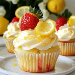 - 1 ½ cups all-purpose flour - 1 cup granulated sugar - ½ cup unsalted butter, softened - 2 large eggs - 1 teaspoon vanilla extract - 1 tablespoon lemon zest - ½ cup fresh lemon juice - 1 teaspoon baking powder - ½ teaspoon baking soda - ¼ teaspoon salt - 1 cup fresh strawberries, diced - ½ cup milk To create delicious Strawberry Lemonade Cupcakes, you need fresh and high-quality ingredients. All-purpose flour gives the cupcakes a light texture. Granulated sugar adds sweetness. Unsalted butter brings richness and moisture. Eggs help bind the ingredients. Vanilla extract gives a warm flavor that pairs well with lemon. Lemon zest adds a bright note, while fresh lemon juice adds tanginess. Baking powder and baking soda help the cupcakes rise. Salt balances the sweetness. Diced fresh strawberries provide bursts of flavor and color. Milk keeps the batter moist and smooth. Precise measurements are key for baking. Accurate amounts of each ingredient ensure your cupcakes rise properly and taste great. I recommend using dry measuring cups for flour and sugar. A liquid measuring cup is best for milk and lemon juice. A kitchen scale can help if you prefer weight measurements. Use a straight edge to level off dry ingredients in measuring cups. For sticky items like butter, pack it into the cup, and level it off for the right amount. These steps help you achieve perfect Strawberry Lemonade Cupcakes every time. {{ingredient_image_1}} 1. Start by preheating your oven to 350°F (175°C). This ensures even baking. 2. Line a muffin tin with cupcake liners. This keeps the cupcakes from sticking. 3. In a large bowl, cream ½ cup of softened butter and 1 cup of granulated sugar. Mix until light and fluffy. This step adds air, making the cupcakes light. 4. Add 2 large eggs, one at a time. Mix well after each egg. Stir in 1 teaspoon of vanilla extract, 1 tablespoon of lemon zest, and ½ cup of fresh lemon juice. This gives your cupcakes a lovely flavor. 1. In another bowl, whisk together 1 ½ cups of all-purpose flour, 1 teaspoon of baking powder, ½ teaspoon of baking soda, and ¼ teaspoon of salt. This mix helps the cupcakes rise. 2. Gradually add the dry mix to the wet ingredients. Alternate with ½ cup of milk. Stir until just combined. Be careful not to overmix! 3. Gently fold in 1 cup of diced fresh strawberries. This adds sweetness and texture to your cupcakes. 1. Divide the batter evenly among the cupcake liners. Fill each about ⅔ full. 2. Bake in the preheated oven for 18-20 minutes. Check for doneness by inserting a toothpick. If it comes out clean, they're ready. 3. Allow the cupcakes to cool in the tin for 5 minutes. Then, transfer them to a wire rack to cool completely. This helps prevent sogginess. To make the strawberry and lemon flavors pop, add lemon zest to the batter. This gives a bright aroma. Use fresh strawberries for a natural sweetness. You can also add a pinch of salt. This helps the flavors stand out even more. If you want a stronger lemon flavor, try adding a little extra lemon juice. Just be careful not to add too much, or the cupcakes may get too wet. One big mistake is overmixing the batter. This can make your cupcakes tough. Mix just until the ingredients combine. Another common error is using the wrong oven temperature. Always preheat your oven to 350°F. Use an oven thermometer for accuracy. An oven that’s too hot can burn the cupcakes. One that’s too cold can leave them undercooked. For the best look, use a light lemon-flavored buttercream to frost the cupcakes. You can pipe it on for a fun design. Don't forget to garnish! A fresh strawberry or a twist of lemon peel makes a lovely touch. These simple additions make your cupcakes look as good as they taste. Pro Tips Use Fresh Ingredients: For the best flavor, always opt for fresh strawberries and freshly squeezed lemon juice. This will enhance the overall taste of your cupcakes. Don't Overmix the Batter: Gently fold in the strawberries to prevent them from breaking down and causing the batter to become tough. A light hand keeps the cupcakes fluffy! Cool Completely Before Frosting: Allow the cupcakes to cool completely on a wire rack before adding frosting. This prevents the frosting from melting and helps it maintain its shape. Experiment with Flavors: Consider adding a splash of almond extract or a hint of mint to the batter for an extra layer of flavor that pairs beautifully with strawberry and lemon. {{image_2}} You can choose different frostings to top your Strawberry Lemonade Cupcakes. Here are two great ideas: - Lemon Buttercream: This frosting has a bright lemon flavor. Mix softened butter with powdered sugar, fresh lemon juice, and a bit of zest. This will add a sweet and tart taste that pairs well with your cupcakes. - Strawberry Cream Cheese Frosting: This frosting is rich and fruity. Blend cream cheese, softened butter, powdered sugar, and fresh strawberries. This adds a delicious berry taste that complements the cupcakes. You can adjust the recipe to fit your dietary needs. Here are some options: - Gluten-Free Flour Substitutes: If you need gluten-free cupcakes, use a gluten-free all-purpose flour blend. This mix can replace the regular flour without losing flavor or texture. - Dairy-Free Alternatives: To make these cupcakes dairy-free, swap milk with almond milk or coconut milk. Use dairy-free butter or a vegan butter substitute in the frosting for a tasty treat. Adding extra flavors can make your cupcakes even more fun. Here are some creative ideas: - Other Fruits to Mix In: Consider folding in raspberries or blueberries with the strawberries. This adds a different taste and color to your cupcakes. - Additional Flavor Variations: You can add a splash of coconut milk for a tropical twist. Or, use lime juice instead of lemon for a zesty kick. These small changes can create new and exciting flavors! To keep your strawberry lemonade cupcakes fresh, store them in an airtight container. Place a piece of wax paper between the cupcakes if stacking them. This helps avoid sticking. Keep the container at room temperature for up to three days. If your kitchen is warm, consider refrigerating them. Just remember to bring them back to room temperature before serving. Freezing your cupcakes is simple and effective. First, cool the cupcakes completely. Wrap each one in plastic wrap tightly. Place the wrapped cupcakes in a freezer-safe bag or container. They can stay in the freezer for up to three months. When you're ready to eat them, take them out and let them thaw at room temperature for about an hour. Strawberry lemonade cupcakes taste best within a few days of baking. For optimal flavor and texture, try to eat them within three days. If frozen, they can last for up to three months, maintaining their delightful taste. To check if the cupcakes are done, use a toothpick. Insert the toothpick into the center of a cupcake. If it comes out clean, the cupcakes are ready. If there is batter on the toothpick, bake them a few more minutes. Keep an eye on the cupcakes as they bake. They usually take 18 to 20 minutes at 350°F (175°C). Yes, you can use frozen strawberries. Just remember to thaw and drain them first. This helps prevent excess liquid in your batter. Chop the strawberries into small pieces. This way, they mix well into the batter. Frozen strawberries can add a nice flavor too, but fresh ones give the best texture. Decorating your cupcakes can be fun. Try using a lemon-flavored buttercream frosting. Pipe it on top for a nice swirl. You can also add a fresh strawberry on top. A twist of lemon peel can add a pretty touch. For extra flair, sprinkle some lemon zest over the frosting. Get creative and make them look as good as they taste! In this blog post, we covered the key ingredients needed for tasty strawberry lemonade cupcakes. We discussed measuring tips, preparation steps, and mixing the batter. I shared baking techniques and how to balance flavors, while also highlighting common mistakes. You learned about frosting options and dietary adjustments. Finally, I outlined best storage practices to keep your cupcakes fresh. Now, you're ready to bake delicious cupcakes. Remember, precise measurements and care in preparation will lead to sweet success!
