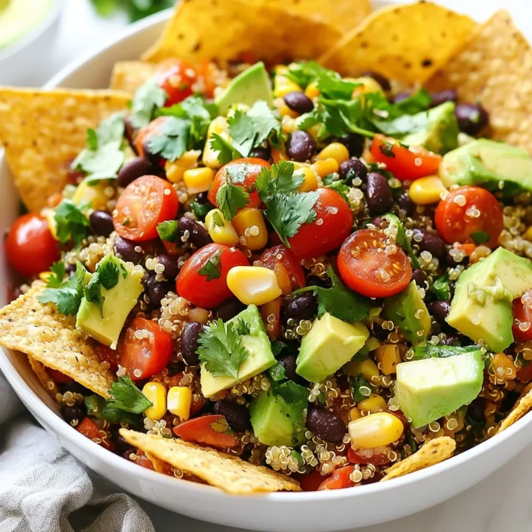 This salad is bright and full of life. You need these main ingredients: - 1 cup quinoa, rinsed - 2 cups water or vegetable broth - 1 can (15 oz) black beans, rinsed and drained - 1 cup corn, fresh or frozen - 1 red bell pepper, diced - 1 avocado, diced - 1 small red onion, finely chopped - 1 cup cherry tomatoes, halved To make it zesty, add these spices and herbs: - 1 jalapeño, deseeded and minced (optional) - 1 teaspoon cumin - 1 teaspoon chili powder - 1/2 teaspoon garlic powder - 1/4 cup fresh cilantro, chopped - Juice of 2 limes - 2 tablespoons olive oil - Salt and pepper to taste You can change this salad based on what you like. Here are some options: - Tortilla chips for serving - Extra veggies like cucumbers or carrots - A sprinkle of cheese for richness {{ingredient_image_1}} To cook the quinoa, start by rinsing one cup under cold water. This helps remove any bitter taste. In a medium saucepan, add the rinsed quinoa and two cups of water or vegetable broth. Add a pinch of salt for flavor. Bring the mixture to a boil over high heat. Once it boils, reduce the heat to low. Cover the pot and let it simmer for about 15 minutes. You will know it’s done when the quinoa absorbs all the liquid. After it’s cooked, take it off the heat and let it cool slightly. While the quinoa cools, chop your vegetables. In a large bowl, mix together one can of black beans, one cup of corn, and one diced red bell pepper. Add one diced avocado, one finely chopped small red onion, and one cup of halved cherry tomatoes. If you like spice, include one minced jalapeño (make sure to deseed it first). Finally, stir in a quarter cup of chopped fresh cilantro. This mixture is colorful and full of flavor. Now, let’s make the dressing. In a small bowl, squeeze the juice of two limes. Add two tablespoons of olive oil to the lime juice. Then, mix in one teaspoon of cumin, one teaspoon of chili powder, and half a teaspoon of garlic powder. Season with salt and pepper to taste. Whisk all the ingredients together until they combine well. This dressing will add a zesty kick to the salad. Once the quinoa has cooled, add it to the vegetable mixture. Pour the dressing over the top. Gently toss everything together until well mixed. Taste your salad and adjust the seasoning if needed. You might want more salt, pepper, or lime juice. Serve the salad right away or refrigerate it for up to one hour. This wait helps the flavors blend. If you like, serve with tortilla chips on the side for that extra crunch! To make your quinoa just right, rinse it well before cooking. This removes its bitter coating. Use a 2:1 water to quinoa ratio for fluffy grains. Bring the water to a boil first. Then, lower the heat and cover the pot. Let it simmer for about 15 minutes. Once done, let it sit for a few minutes before fluffing it with a fork. To boost flavor, try adding lime zest to the dressing. It gives a fresh twist. You can also mix in chopped olives or feta cheese for a salty kick. If you like heat, add more jalapeño or a dash of hot sauce. Fresh herbs like parsley or mint can brighten the dish too. For a stunning presentation, use a large, colorful bowl. Layer the ingredients for a beautiful look. Sprinkle extra cilantro on top for a pop of green. Arrange tortilla chips around the salad for crunch. This adds a festive touch and invites guests to dig in. Pro Tips Rinse the Quinoa: Rinsing quinoa before cooking removes its natural coating, called saponin, which can give a bitter taste. Always rinse until the water runs clear for the best flavor. Customize Your Veggies: Feel free to add or substitute any vegetables you prefer or have on hand. Zucchini, cucumber, or even diced carrots can make great additions! Let It Chill: Allowing the salad to chill in the fridge for at least 30 minutes before serving enhances the flavors as they meld together beautifully. Serving Suggestion: For added crunch, serve with homemade baked tortilla chips instead of store-bought. Just cut corn tortillas into triangles, spray with olive oil, and bake until crispy! {{image_2}} You can easily add meat or seafood to your Zesty Quinoa Taco Salad. Ground turkey or chicken works well. Cook it with the same spices for great flavor. Shrimp is another tasty option. Just sauté it quickly until it turns pink. Both choices boost protein and make the salad heartier. This salad is great for vegetarians and vegans. You can use more beans or lentils instead of meat. Try adding tempeh or tofu for protein. Make sure to check the dressing. Use maple syrup or agave instead of honey for a vegan-friendly option. This makes the dish tasty and satisfying. This recipe is gluten-free if you follow a few simple steps. Quinoa is naturally gluten-free, so you’re already on the right path. Just double-check your broth and any added sauces to ensure they are gluten-free. You can also serve the salad with gluten-free tortilla chips for a crunchy touch. To keep your Zesty Quinoa Taco Salad fresh, store it in an airtight container. This helps maintain flavor and texture. If you have leftover dressing, keep it separate. This way, your salad won't get soggy. When prepping for the week, cook the quinoa in advance. Cool it completely before storing. Chop veggies and store them in separate containers. This keeps everything fresh and ready for quick assembly. When stored properly, the salad lasts about 3 days in the fridge. After that, flavors may fade, and veggies may become mushy. If you notice any off smell or change in texture, it’s best to toss it out. Zesty Quinoa Taco Salad is a fresh, vibrant meal. It mixes quinoa, black beans, and colorful veggies. You can enjoy it as a main dish or a side. The lime dressing adds a bright zing to every bite. This salad is fun to make and even more fun to eat! Yes, you can make this salad ahead of time. Prepare it up to one hour in advance. Just store it in the fridge until you're ready to serve. This allows the flavors to blend nicely. If you add avocado, consider adding it right before serving. This keeps it fresh and green. Quinoa is a superfood full of nutrients. It is high in protein and fiber. This helps keep you full and satisfied. Quinoa also contains important vitamins and minerals. It is gluten-free, making it a great choice for many diets. Eating quinoa can support your overall health. To make this salad spicier, add more jalapeño. You can also include diced fresh chili peppers. Another option is to sprinkle in some cayenne pepper. Adjust the spices in the dressing for extra heat. Just remember to taste as you go! Absolutely! You can swap out beans or veggies based on your taste. Use chickpeas or kidney beans instead of black beans. Try adding different peppers for variety. If you don’t have lime, lemon juice works well too. Be creative and make this recipe your own! Zesty Quinoa Taco Salad brings together fresh ingredients, easy steps, and healthy variations. You can customize it to suit your taste and dietary needs. Remember to store it properly for best results, and don't be afraid to experiment. This salad bursts with flavor and nutrition, making it a delicious choice for any meal. Dive into making your own version and enjoy every bite!