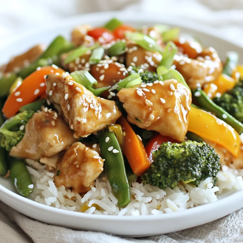 - 1 lb boneless, skinless chicken thighs, cut into bite-sized pieces - 1 bell pepper (red or yellow), sliced - 1 cup snap peas, trimmed - 1 carrot, julienned - 1 cup broccoli florets - 3 cloves garlic, minced - 1 tablespoon fresh ginger, minced - 3 tablespoons soy sauce (low-sodium recommended) - 1 tablespoon honey - 1 tablespoon rice vinegar - 2 tablespoons sesame oil - 1 tablespoon cornstarch mixed with 2 tablespoons water (slurry) - 2 green onions, chopped (for garnish) - Sesame seeds (for garnish) When making this Sesame Ginger Chicken Stir-Fry, start with fresh ingredients. You want your chicken to shine, so choose high-quality, boneless, skinless thighs. They stay juicy and tender. For veggies, I love to use a mix of bell peppers, snap peas, carrots, and broccoli. These add color and crunch. Now, let’s talk about sauces and seasonings. The combination of soy sauce, honey, and rice vinegar gives a sweet and savory flavor. Fresh ginger and garlic add a fragrant kick. Don't forget the sesame oil. It brings a lovely nutty taste that ties everything together. Make sure you have cornstarch on hand. This thickens your sauce and makes it feel rich. It's simple but effective. {{ingredient_image_1}} - Cutting the chicken and vegetables: Start by taking 1 pound of boneless, skinless chicken thighs. Cut them into bite-sized pieces. This helps them cook evenly. Next, prepare your veggies. Slice one bell pepper, trim 1 cup of snap peas, and julienne 1 carrot. Don’t forget to break 1 cup of broccoli into small florets. Having everything ready makes cooking easier. - Making the cornstarch slurry: In a small bowl, mix 1 tablespoon of cornstarch with 2 tablespoons of water. Stir it well until smooth. This slurry will help thicken your sauce later. - Sautéing ginger and garlic: Heat 1 tablespoon of sesame oil in a large skillet or wok over medium-high heat. Add 1 tablespoon of minced fresh ginger and 3 cloves of minced garlic. Stir them for about 30 seconds. This will bring out their nice aroma. - Cooking chicken until browned: Next, add the chicken pieces to the skillet. Cook them for about 5 to 7 minutes. Keep stirring often until the chicken is browned and cooked through. Once done, take the chicken out and set it aside. - Sautéing vegetables: In the same skillet, add the remaining 1 tablespoon of sesame oil. Toss in the prepared bell pepper, snap peas, carrot, and broccoli. Sauté for 3 to 4 minutes. The goal is to make the veggies crisp-tender while keeping their bright colors. - Adding the sauce and thickening: In a small bowl, whisk together 3 tablespoons of soy sauce, 1 tablespoon of honey, and 1 tablespoon of rice vinegar. Pour this sauce over the cooked vegetables and chicken in the skillet. Mix everything well. Then, add the cornstarch slurry. Stir constantly for about 1 to 2 minutes until the sauce thickens. - Garnishing before serving: Taste your stir-fry. If you want it bolder, add more soy sauce. Once satisfied, remove the skillet from heat. Garnish with chopped green onions and sesame seeds before serving. This adds a nice touch and flavor. - To ensure the chicken cooks properly, cut it into even pieces. This helps with even cooking. Cook the chicken until it is no longer pink inside. Use a meat thermometer for best results. Aim for 165°F. - For sautéing vegetables, heat your skillet well. Add sesame oil before the veggies. Stir often to avoid burning. This keeps them crisp and colorful. - Adjust the soy sauce to fit your taste. If you like it salty, add more. For a milder flavor, use less. - Want to add heat? Try adding red pepper flakes or sliced jalapeños. Start with a little, then taste. You can always add more if needed! - Serve your stir-fry over steamed jasmine rice or quinoa. This adds a nice base to your dish. - To create a colorful plate, use a mix of green and orange veggies. Garnish with sesame seeds and chopped green onions. It looks great and tastes even better! Pro Tips Use Fresh Ingredients: Fresh ginger and garlic will enhance the flavor of your stir-fry. Avoid using pre-minced versions if possible. Cut Uniformly: Ensure all vegetables and chicken are cut into similar sizes to ensure even cooking. Adjust for Spice: If you like a kick, add red pepper flakes or a dash of sriracha to the sauce for extra heat. Meal Prep Friendly: This stir-fry can be made ahead and stored in the fridge for up to 3 days. Just reheat before serving. {{image_2}} You can swap chicken for tofu or shrimp. Tofu absorbs flavors well. Choose firm tofu, and press it first to remove excess water. Cut it into cubes and sauté until golden. For shrimp, use peeled, deveined shrimp. Cook them until they turn pink, about 3-4 minutes. You can also use different cuts of meat. Chicken breasts work great too. Just ensure they are cooked through. Thinly sliced beef or pork can add a different taste. Feel free to change the vegetables based on the season. Use bell peppers, zucchini, or asparagus. Carrots and broccoli are classics, but snap peas add a nice crunch. Adjusting vegetables to your taste is easy. If you dislike broccoli, try green beans instead. The stir-fry will still have great flavor, just with your favorite veggies. To make it spicy, add red pepper flakes or sriracha to the sauce. Start with a small amount and taste as you go. You can also use chili paste for a deeper heat. For gluten-free variations, swap regular soy sauce for tamari. This keeps the flavor but fits your dietary needs. Honey is naturally gluten-free, so you are all set there. To store leftovers from your sesame ginger chicken stir-fry, let it cool first. Then, place it in an airtight container. This keeps it fresh longer. You can store it in the fridge for up to three days. After that, the quality may drop, and it may not taste as good. To freeze your stir-fry, follow these steps: - Allow the dish to cool completely. - Transfer it to a freezer-safe container or bag. - Remove as much air as possible before sealing. - Label the container with the date. You can freeze it for up to three months. When you’re ready to eat, let it thaw in the fridge overnight. For the best flavor and texture, use these reheating methods: - Stovetop: Heat in a pan over medium heat. Stir often until hot. - Microwave: Place in a microwave-safe bowl. Cover with a lid or wrap. Heat in short intervals, stirring between each. Avoid overcooking, as this can make the chicken tough. Enjoy your stir-fry just as you made it! Can I use frozen vegetables? Yes, you can use frozen vegetables. They save time and cook quickly. Just add them to the skillet for a few extra minutes. Frozen veggies may be softer, but they still taste great. What substitutes can I use for soy sauce? If you need a soy sauce substitute, try coconut aminos. It’s a great option for a milder flavor. You can also use tamari for a gluten-free choice. Both work well in this recipe. How do I make this dish spicier? To make your stir-fry spicier, add crushed red pepper flakes or sriracha. Start with a small amount and taste as you go. This way, you can find the heat level you enjoy. What is the calorie count per serving? Each serving of this stir-fry has about 320 calories. This count may change based on the specific ingredients you use. Always check the labels for exact numbers. Is this recipe healthy? Yes, this recipe is healthy! It packs protein from chicken and lots of fiber from vegetables. Plus, it uses low-sodium soy sauce, making it a smart choice for meals. Can I make this in a slow cooker? You can adapt this recipe for a slow cooker. Cook the chicken and veggies on low for about 4 hours. Add the sauce in the last hour for the best flavor and texture. What type of wok is best for stir-frying? A carbon steel wok is best for stir-frying. It heats evenly and helps food cook fast. If you don’t have a wok, a large skillet works too. Just make sure it has high sides. In this blog post, we explored a delicious stir-fry recipe with key ingredients like chicken, fresh vegetables, and savory sauces. I shared step-by-step cooking instructions and valuable tips to enhance flavor and presentation. We also covered useful variations and storage tips, ensuring you can enjoy this dish anytime. Stir-frying is fun and allows for creativity. With these insights, you can make a tasty meal that suits any taste. Enjoy cooking and experimenting with your unique twist!