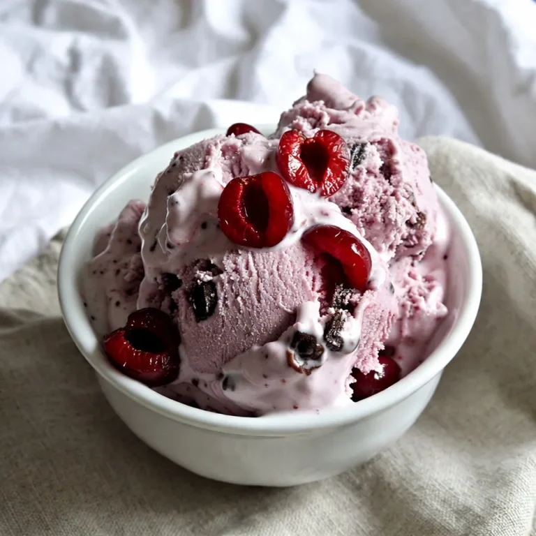 - 2 cups fresh or frozen cherries, pitted and halved - 1 cup heavy cream - 1 cup whole milk - ¾ cup granulated sugar - 1 teaspoon vanilla extract - ½ cup dark chocolate chunks - ¼ teaspoon salt - 1 tablespoon lemon juice For this cherry chocolate chunk ice cream, you need a mix of simple, fresh ingredients. The cherries give the ice cream a sweet and tart flavor. You can use fresh cherries or frozen ones. Fresh cherries are great in summer, while frozen ones work well all year. The heavy cream and whole milk create a rich base. They make the ice cream smooth and creamy. Granulated sugar adds sweetness. The salt balances the flavors perfectly. Vanilla extract brings warmth to the dish, while lemon juice adds a nice brightness. The dark chocolate chunks add texture and a rich taste. You want to use high-quality chocolate for the best flavor. Gather these ingredients and get ready to create a delightful treat. {{ingredient_image_1}} To start, we need to create a sweet cherry mix. In a medium saucepan, add the cherries, 2 tablespoons of sugar, and lemon juice. Cook this mix over medium heat for about 5-7 minutes. You want the cherries to soften and release their juices. Once done, take the pan off the heat and let it cool slightly. This cooling step is key. It helps in blending the flavors without cooking the cream later. Next, we make our creamy base. In a large mixing bowl, whisk together 1 cup of heavy cream, 1 cup of whole milk, ½ cup of sugar, 1 teaspoon of vanilla extract, and ¼ teaspoon of salt. Keep whisking until the sugar fully dissolves. This step is important for a smooth texture. After that, add the cooled cherry mixture to the bowl. Remember to save a few cherries for later as a garnish. Stir everything until well mixed. The colors and smells will start to come together beautifully. Now, it’s time for some fun! Pour your mixture into an ice cream maker. Churn it according to the manufacturer's instructions, which usually takes about 20-25 minutes. You want it to reach a soft-serve consistency. In the last few minutes of churning, gently fold in the dark chocolate chunks. This adds a rich flavor that pairs perfectly with the cherries. Once churning is complete, transfer the ice cream into an airtight container. Press a piece of plastic wrap directly onto the ice cream's surface. This step helps prevent ice crystals from forming. Now, freeze the ice cream for at least 4 hours, or until it's firm. This waiting period builds up the flavor and texture, making each scoop a delight. Churning time is key for smooth ice cream. When you churn, air mixes in and gives your ice cream a light feel. Aim for about 20-25 minutes in your ice cream maker. Stop once it reaches a soft-serve state. This way, you get that creamy texture without ice crystals. To prevent ice crystals, store your ice cream properly. After churning, press plastic wrap onto the surface before sealing it in an airtight container. This step keeps air out and helps your ice cream stay smooth. For toppings, think about what you love. You can add whipped cream, nuts, or a drizzle of chocolate sauce. Fresh cherry halves on top add color and a pop of flavor. When serving, use chilled bowls. This keeps your ice cream cold longer. A sprinkle of extra chocolate chunks on top makes it look fancy and inviting. Enjoy every scoop! Pro Tips Use Fresh Cherries: Fresh cherries will provide the best flavor and texture. If using frozen, make sure they are pitted and thawed before cooking. Chill Your Mixture: For a creamier texture, chill the ice cream mixture in the refrigerator for 1-2 hours before churning. Dark Chocolate Quality: Choose high-quality dark chocolate for the chunks; it enhances the overall flavor of the ice cream. Prevent Ice Crystals: Press plastic wrap directly onto the surface of the ice cream before sealing the container to minimize ice crystal formation. {{image_2}} If you want a dairy-free version of this cherry chocolate chunk ice cream, you can easily swap the cream and milk. Use coconut cream and almond milk instead. These options give a rich flavor without dairy. Make sure you pick unsweetened almond milk. This change keeps the taste smooth and creamy. You can make this ice cream even more fun by adding extra flavors. Try adding chopped nuts like almonds or pecans for a nice crunch. A sprinkle of cinnamon can also bring warmth to the flavor. If you love dark chocolate, you can switch to milk chocolate or even white chocolate chunks. Cherry pairs well with chocolate, but you can try other fruits too. Raspberries work great since they are tart and sweet. Strawberries can add a fresh taste, and blueberries offer a nice berry flavor. Just remember to adjust the sugar if your fruit is sweeter or more tart. Mixing these fruits with chocolate will give you new and tasty results! To keep your cherry chocolate chunk ice cream fresh, proper storage is key. First, choose the right container. I recommend using an airtight container. These help prevent ice crystals from forming. You can also use a freezer-safe glass jar. It’s great for keeping flavors intact. Before sealing, press plastic wrap directly onto the surface. This extra step cuts off air and keeps your ice cream smooth. Your homemade ice cream will stay good in the freezer for about two weeks. After that, it may start to lose flavor and texture. Look for signs of freezer burn, like icy patches or dry spots. If you see these, your ice cream may not taste as good. For the best experience, enjoy it within two weeks! Yes, you can use frozen cherries. Frozen cherries have many benefits. They are often picked at peak ripeness, which means they are sweet and juicy. Using frozen fruit can save you time. You don’t need to pit or chop them. They also work well in ice cream since they blend nicely into the cream mixture. Just remember to thaw them slightly before using. If you don’t have an ice cream maker, don't worry! You can still make this delicious treat. Pour your mixture into a shallow dish. Place it in the freezer. Stir the mixture every 30 minutes for about 3-4 hours. This helps break up ice crystals. Once it’s creamy and soft, it’s ready to serve! To soften homemade ice cream, let it sit out for about 5-10 minutes. This will make it easier to scoop. You can also place it in the fridge for 15-20 minutes if you want it even softer. This way, you can enjoy each scoop without any struggle! You can make delicious cherry ice cream at home with just a few ingredients. The fresh or frozen cherries combine well with cream, sugar, and chocolate. Remember to churn your mixture properly for smooth texture. You can even try different fruits or toppings for variety. Homemade ice cream is fun and rewarding. With these steps, you’ll create a treat everyone loves. Enjoy the process and share your tasty results!
