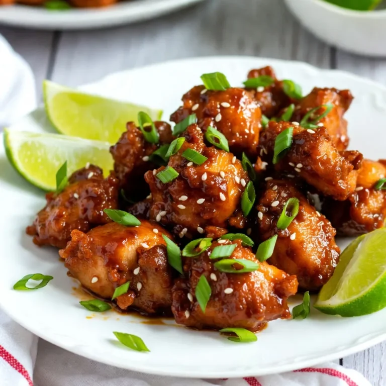 - 1 lb boneless chicken breast - 1/2 cup cornstarch - 1/2 cup Thai sweet chili sauce - 1/2 teaspoon garlic powder - 1/2 teaspoon salt - 1/4 teaspoon black pepper - 2 green onions, finely chopped - Sesame seeds for garnish - Oil for frying (vegetable or canola) - 2 tablespoons soy sauce - 1 tablespoon fresh lime juice To make Thai Sweet Chili Chicken Bites, you need simple yet key ingredients. First, start with one pound of boneless chicken breast. Cut it into bite-sized cubes. This size helps them cook well and makes them easy to eat. Next, we need a half cup of cornstarch. This will give the chicken a nice, crispy coating. It also helps the sauce stick later. For the sweet and spicy flavor, grab half a cup of Thai sweet chili sauce. This sauce is the star of the dish. It adds sweetness and a little heat. Now, let’s season our chicken. You will use half a teaspoon of garlic powder, half a teaspoon of salt, and a quarter teaspoon of black pepper. These simple spices enhance the chicken's taste. For a fresh finish, chop two green onions finely. They add color and a nice crunch. Don’t forget sesame seeds for garnish. They give a lovely look and slight nuttiness. For cooking, you’ll need oil for frying. Both vegetable and canola oil work well. You’ll also need two tablespoons of soy sauce and one tablespoon of fresh lime juice for our tasty sauce. These ingredients will balance the sweetness of the chili sauce and add depth to the flavor. With these ingredients, you’re ready to create a dish that’s not just easy but also full of flavor. Get ready to enjoy these delightful bites! {{ingredient_image_1}} First, grab a mixing bowl. Add the cornstarch, garlic powder, salt, and black pepper. Mix these dry ingredients well. Next, add the chicken cubes and toss them until they are fully coated. This coating gives the chicken a nice crunch when fried. Now, heat about 1 inch of oil in a deep skillet over medium-high heat. The oil should shimmer, around 350°F. Carefully add the chicken cubes in batches. Fry them for about 4-5 minutes. Look for a golden brown color. Remember to flip the chicken halfway through cooking. Once done, use a slotted spoon to remove the chicken and place it on paper towels. This step helps drain excess oil. In a small bowl, mix the Thai sweet chili sauce, soy sauce, and fresh lime juice. Stir until combined. This sauce adds a sweet and tangy flavor to the chicken. Take a large mixing bowl and add the fried chicken bites. Pour the sauce over the chicken. Toss gently until the chicken is well coated. For a nice finish, sprinkle chopped green onions and sesame seeds on top. This adds color and a little extra crunch. To get the best chicken bites, keep the oil hot. Aim for about 350°F. Use a thermometer to check the temperature. This step helps the chicken cook evenly and stay crispy. Avoid putting too many pieces in the pan at once. This can lower the oil's temperature. Fry in small batches for the best results. Add fresh lime juice to your sauce. It brightens the taste and makes it fresh. You can also spice up the cornstarch mix. Try adding paprika or cayenne for a kick. These bites go great with rice or a fresh salad. You can also serve them with extra sweet chili sauce on the side. It adds more flavor and makes for a fun dipping experience. Pro Tips Coat Well: Make sure to coat the chicken pieces thoroughly with the cornstarch mixture. This will help create a crispy texture when frying. Monitor Oil Temperature: Keep an eye on the oil temperature while frying. If it’s too hot, the chicken will burn; too cool, and it will absorb excess oil. Batch Frying: Fry the chicken in small batches to ensure even cooking and to keep the oil temperature stable throughout the frying process. Let It Rest: After frying, allow the chicken bites to rest for a couple of minutes before tossing them in the sauce. This helps maintain their crispiness. {{image_2}} You can easily change up the protein in this dish. If you want a vegetarian option, try using tofu. Cut firm tofu into cubes and coat them just like the chicken. For a seafood twist, use shrimp. Peel and devein them, then follow the same steps. Both options will absorb the sweet chili sauce well. To switch up the flavors, consider using a different sauce. A spicy sriracha sauce adds a nice kick. Mix it with your sweet chili sauce for a fiery glaze. Another option is teriyaki sauce. This sauce brings a sweet and savory taste that pairs well with the chicken. If you need gluten-free options, look for gluten-free soy sauce. It gives the same great flavor without the gluten. For a healthier choice, try baking the chicken bites instead of frying them. Coat the chicken and place it on a baking sheet. Bake at 400°F (200°C) for 20 minutes, or until they are golden brown. This way, you enjoy the same great taste with fewer calories. To keep your Thai Sweet Chili Chicken Bites fresh, store leftovers in an airtight container. This helps lock in flavor and moisture. You can refrigerate them for up to three days. For the best taste, reheat your chicken bites in the oven. Set it to 350°F (175°C) and bake for about 10 minutes. This keeps them crispy. If you're in a hurry, you can use the microwave. Heat on medium power for about one minute, but be aware they may lose some crispness. You can freeze fried chicken bites for up to three months. Make sure they are fully cooled before placing them in a freezer-safe bag. For thawing, move them to the fridge overnight. You can also use a microwave. Heat on defrost for a few minutes before reheating them in the oven for best results. To add heat, you can try a few options. First, add red pepper flakes to the cornstarch mix. A pinch can make a big difference. You could also mix in some sriracha sauce with the sweet chili sauce. Another way is to add sliced fresh chilies when you mix the sauce. Each method gives a nice kick, so pick what you like best! Yes, you can make these chicken bites in advance. To do this, fry the chicken and let it cool. Store it in an airtight container in the fridge. You can keep it there for up to two days. When ready to serve, just reheat them in the oven for added crispiness. This keeps them tasty and crunchy. These chicken bites pair well with many sides. Try serving them with jasmine rice or a fresh salad. Both options complement the flavors nicely. For drinks, a light beer or iced tea works great. You can also serve extra sweet chili sauce on the side for dipping. This adds even more flavor! In this post, I covered how to make Thai Sweet Chili Chicken Bites. You learned the key ingredients, easy steps, and helpful tips for getting it right. Remember, you can swap out chicken for tofu or shrimp if you want. Don’t be afraid to try new sauces or serving choices. These bites are a great snack or meal. Enjoy your cooking and make it your own!