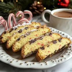 To make peppermint chocolate chip biscotti, you need these key ingredients: - 2 cups all-purpose flour - 1 teaspoon baking powder - 1/2 teaspoon salt - 1/2 cup unsalted butter, softened - 3/4 cup granulated sugar - 2 large eggs - 1 teaspoon vanilla extract - 1 teaspoon peppermint extract - 1/2 cup semi-sweet chocolate chips - 1/4 cup crushed peppermint candies These ingredients come together for a delightful treat that offers a perfect mix of flavors. Accurate measuring is key for great biscotti. Use the spoon-and-level method for flour. This helps avoid too much flour in your dough. Always make sure your butter is softened. It blends better with sugar, creating a light texture. When you add eggs, do it one at a time. This allows for better mixing. Mix well after each egg to keep the dough smooth. For the extracts, use pure versions for the best taste. Feel free to get creative with your biscotti! Here are some fun ideas: - Use dark chocolate chips instead of semi-sweet for a richer flavor. - Swap out peppermint extract for orange or almond for a different twist. - Add nuts like walnuts or pecans for extra crunch. - Use gluten-free flour to make it suitable for gluten-free diets. These options let you personalize your biscotti and make it your own! {{ingredient_image_1}} First, we start by preheating the oven to 350°F (175°C). This step warms the oven for perfect baking. Next, we line a baking sheet with parchment paper. This helps the biscotti not stick. In a medium bowl, combine the flour, baking powder, and salt. Whisk these dry ingredients well to blend them. In a larger bowl, cream the softened butter and granulated sugar. Mix until the mixture is light and fluffy. Now, we add the eggs one by one. Beat well after adding each egg. Then, mix in the vanilla and peppermint extracts. This adds a wonderful flavor to our dough. Gradually add the dry mix to the wet mix. Stir until just combined. Now comes the fun part! Fold in the semi-sweet chocolate chips and crushed peppermint candies. Make sure they spread evenly throughout the dough. Shape the dough into a log about 12 inches long. Place this log on the prepared baking sheet and flatten it slightly with your hands. Bake for 25 to 30 minutes. You want it set and lightly golden. Once baked, let it cool for about 10 minutes. While the biscotti cools, lower the oven temperature to 325°F (160°C). This helps the slices become crisp. After cooling, it’s time to slice the log. Use a sharp knife to cut it diagonally into 1-inch thick pieces. Place the slices cut side down back on the baking sheet. This allows them to toast evenly. Bake the slices for another 15 to 20 minutes. Turn the biscotti halfway through baking. This ensures they turn golden and crisp on both sides. Once done, let the biscotti cool completely on a wire rack. This allows air to circulate and keeps them from getting soggy. Enjoy your peppermint chocolate chip biscotti with a warm drink! To make the best peppermint chocolate chip biscotti, start with fresh ingredients. Old baking powder can affect your rise. Use room-temperature butter for easy mixing. Cream it well with sugar until it's light. This step adds air and makes your biscotti fluffy. When mixing, avoid overworking the dough. Mix until just combined to keep it tender. Crisp biscotti comes from proper baking. After your first bake, let the log cool slightly. This cooling helps with slicing. Use a sharp knife for clean cuts. Slice them thick for a softer bite or thin for extra crunch. Bake the slices again until golden brown. Turn them halfway through for even baking. The second bake is key for that delightful crunch. To boost flavor, consider adding nuts like almonds or walnuts. They add texture and richness. You can also try different extracts. Almond or orange extract can give a fun twist. For a festive touch, drizzle melted chocolate on top. Finish with crushed peppermint for a sweet topping. These small changes can make your biscotti unique and even more enjoyable. Pro Tips Chilling the Dough: For a cleaner slice, chill the dough log in the refrigerator for 30 minutes before baking. This helps the biscotti maintain their shape during the first bake. Flavor Variations: Experiment with different extracts such as almond or orange instead of peppermint for unique flavor profiles that can be tailored to your preferences. Storage Tips: Store the cooled biscotti in an airtight container at room temperature for up to two weeks to maintain their crunchiness. Dipping Suggestions: These biscotti pair beautifully with hot chocolate, coffee, or even a scoop of vanilla ice cream for a delightful dessert experience. {{image_2}} You can change the flavor of your peppermint chocolate chip biscotti easily. Try using almond extract instead of peppermint extract for a nutty taste. You could also swap out the chocolate chips for white chocolate or butterscotch chips. For a fruity twist, add dried cranberries or cherries. These small changes give you a whole new treat. Biscotti are perfect for holidays! For Christmas, add a dash of cinnamon or nutmeg to the dough. You could also use colored sugar on top for a festive look. During Halloween, substitute the peppermint candies with crushed candy corn. This makes a fun and seasonal treat. Think about adding festive sprinkles for birthdays or celebrations too! If you need a gluten-free option, use gluten-free flour as a substitute. This keeps the taste and texture nice. For vegan biscotti, replace the eggs with flaxseed meal or applesauce. You can also use vegan butter instead of regular butter. These swaps allow everyone to enjoy this delightful treat while keeping their dietary needs in mind. To keep your peppermint chocolate chip biscotti fresh, use an airtight container. Place parchment paper between layers to avoid sticking. Store them in a cool, dry place. Avoid direct sunlight, as heat can make them soft. If you want extra freshness, add a slice of bread. It helps keep the biscotti crunchy. When stored properly, these biscotti last for up to two weeks. You can enjoy them at their best for the first week. After that, they may lose some crunch but still taste great. If you notice any soft spots or changes in smell, it’s best to toss them. Freezing is a great way to keep your biscotti longer. First, let them cool completely. Then, wrap each piece in plastic wrap. Place the wrapped biscotti in a freezer bag or airtight container. They can stay in the freezer for up to three months. When you want to eat them, just thaw at room temperature or warm them in the oven for a few minutes. Enjoy your delicious treat! Biscotti and regular cookies differ mainly in texture and shape. Biscotti are crunchy and dry. They bake twice, which makes them firm. Regular cookies are soft and chewy. They bake once, which keeps them moist. Biscotti are great for dipping in coffee or hot chocolate. Yes, you can make this recipe without peppermint extract. If you skip it, your biscotti will lack that minty flavor. You can replace it with more vanilla extract. Alternatively, try almond or orange extract. Each option gives a new twist to the biscotti. You can tell if your biscotti are fully baked by their color and texture. They should be golden brown and firm to the touch. After the second bake, they should feel dry and crisp. If they are still soft in the center, bake them a bit longer. In this post, we covered how to make delicious peppermint chocolate chip biscotti. You learned essential ingredients, measuring tips, and optional add-ins. We provided detailed steps for baking and cooling. I shared tricks to achieve crispness and enhance flavor. We also explored fun variations and storage best practices. Biscotti is easy and fun to make. You can enjoy it in many ways. Try this recipe and share your own twists. Happy baking!