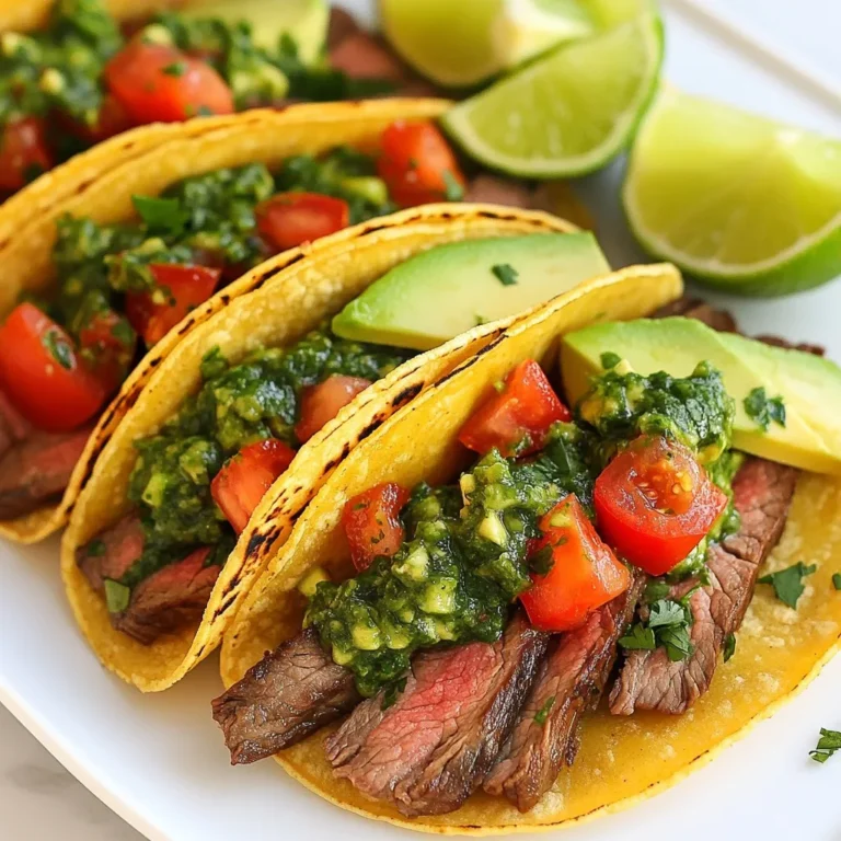 - 1 lb flank steak - Salt and black pepper to taste - 1 tablespoon olive oil - 8 small corn tortillas - 1 cup fresh cilantro, finely chopped - 1/2 cup fresh parsley, finely chopped - 3 cloves garlic, minced - 1 small red chili, finely chopped (or a pinch of red pepper flakes for heat) - 1/4 cup red wine vinegar (or substitute with apple cider vinegar) - 1/2 teaspoon dried oregano - 1/4 teaspoon cumin The flank steak is the star here. It cooks fast and tastes great. The fresh herbs in the chimichurri sauce bring a bright flavor. You will love the mix of cilantro and parsley. You need salt and black pepper for seasoning. The olive oil helps the steak cook well. The chimichurri sauce includes garlic, red chili, and vinegar for a tangy kick. Dried oregano and cumin add depth to the flavors. - 1 avocado, sliced - 1 cup diced tomatoes - Lime wedges for serving Add avocado slices for creaminess and diced tomatoes for freshness. Lime wedges add a zesty touch. You can also sprinkle more chimichurri on top for extra flavor. Enjoy these tacos with friends or family for a tasty meal! {{ingredient_image_1}} To make chimichurri, gather your fresh herbs and garlic. You need 1 cup of cilantro and 1/2 cup of parsley. Chop them finely. Add 3 minced garlic cloves and 1 small red chili, finely chopped. Next, pour in 1/4 cup of red wine vinegar. If you don’t have that, you can use apple cider vinegar. Then, sprinkle in 1/2 teaspoon of dried oregano and 1/4 teaspoon of cumin. Mix all the ingredients well. Let the sauce sit for 15-20 minutes to let the flavors blend. While the chimichurri sits, season 1 pound of flank steak. Sprinkle salt and black pepper on both sides. Heat 1 tablespoon of olive oil in a large skillet over medium-high heat. Once hot, add the steak. Cook for 4-5 minutes on each side for medium-rare. You can cook longer if you want it more done. After cooking, remove the steak and let it rest for 5 minutes. This helps keep it juicy. After resting, slice the steak thinly against the grain. Warm 8 small corn tortillas in the same skillet for 30 seconds on each side. This makes them soft and easy to fold. On each tortilla, place a few slices of steak. Top with diced tomatoes and some avocado slices. Finally, drizzle the chimichurri sauce on top. Serve the tacos with lime wedges on the side. Squeeze lime juice over your tacos for extra flavor. Enjoy your delicious chimichurri steak tacos! To get the best flavor from your tacos, use a hot skillet. Heat olive oil until it shimmers. This helps sear the flank steak quickly, locking in juices. Always slice the steak against the grain. This makes the meat tender and easy to chew. Letting the chimichurri sauce sit allows the flavors to blend well. The longer it rests, the better it tastes. For medium-rare steak, cook for about 4-5 minutes on each side. Use a meat thermometer for accuracy. Aim for 130°F to 135°F for medium-rare. For medium, cook until it reaches 140°F to 145°F. Let the steak rest for 5 minutes before slicing. This helps the juices settle, making each bite juicy. Serve your tacos on a vibrant platter. Add lime wedges for a fresh squeeze. A small bowl of chimichurri on the side allows for extra flavor. Top each taco with diced tomatoes and avocado for color. This adds texture and taste, making your dish visually appealing. Pro Tips Rest the Steak: Allow the steak to rest for at least 5 minutes after cooking. This helps the juices redistribute, resulting in a more tender and flavorful bite. Customize the Heat: Adjust the amount of red chili or red pepper flakes in the chimichurri to suit your heat preference. You can also use milder peppers if you prefer less spice. Fresh Ingredients: Use the freshest herbs possible for your chimichurri sauce. Freshness enhances the flavor significantly and adds a vibrant color to your tacos. Warming Tortillas: Warm the tortillas on a dry skillet for the best texture. This makes them more pliable and enhances the overall flavor of your tacos. {{image_2}} You can use many proteins for these tacos. Chicken, pork, or shrimp work great. Just season them like the steak. For chicken, use thighs or breasts. For shrimp, marinate and grill them. These options add a new twist to your meal. Chimichurri is delicious, but try other sauces too. A spicy salsa verde adds zest. You can also use a mango salsa for sweetness. If you want heat, add a chipotle sauce. Each sauce brings a unique flavor to your tacos. Get creative with your taco fillings. Add grilled veggies like bell peppers and onions. You can use beans for extra protein. For a creamy touch, add a dollop of sour cream. Even pickled onions give a tangy crunch. The options are endless! If you have leftover tacos, store them in an airtight container. Keep the steak and the toppings separate from the tortillas. This helps prevent sogginess. They will last up to two days in the fridge. To store chimichurri sauce, place it in a sealed jar. Keep it in the fridge for up to one week. If you want to store it longer, freeze it in ice cube trays. Once frozen, transfer the cubes to a freezer bag. This way, you can use small amounts whenever you need. To reheat the steak, place it in a skillet over low heat. Heat it for about five minutes, flipping once. For tortillas, warm them in a dry skillet for about 30 seconds on each side. This keeps them soft and tasty. Make sure not to overheat the steak, or it will become tough. To make chimichurri sauce, you need fresh herbs. Combine 1 cup of finely chopped cilantro with 1/2 cup of finely chopped parsley. Add 3 minced garlic cloves, 1 small finely chopped red chili, and 1/4 cup of red wine vinegar. Mix in 1/2 teaspoon of dried oregano and 1/4 teaspoon of cumin. Stir well and let it sit for 15-20 minutes. This allows the flavors to blend. Yes, you can use other cuts of meat. Skirt steak, sirloin, or even chicken work well. These cuts can give a different taste but will still be tasty. Just adjust the cooking time based on the thickness of the meat. Chimichurri steak tacos pair well with simple sides. Try fresh corn salad, black beans, or rice. You can also serve grilled veggies or a fresh green salad. These sides complement the tacos nicely. Yes, you can make the chimichurri sauce ahead of time. It stays fresh in the fridge for up to a week. Just store it in an airtight container. The flavors will deepen, making it even better! Yes, chimichurri steak tacos can be gluten-free. Use corn tortillas, which are naturally gluten-free. Always check the labels on tortillas to ensure they are gluten-free. Enjoy the tacos worry-free! Chimichurri steak tacos combine bold flavors, simple techniques, and endless variations. We covered main ingredients like flank steak and fresh herbs. I shared the steps to make chimichurri sauce and how to cook the steak just right. I also offered tips for assembly and presentation. In the end, these tacos are tasty, easy to make, and fun to modify. Enjoy personalizing them with your favorite toppings and sides. Dive in, and make every meal a little brighter with these delicious tacos!