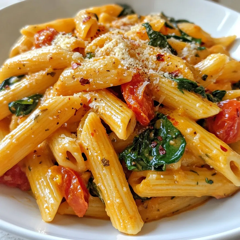 To make Creamy Tomato Spinach Pasta, gather the following items: - 8 oz (225g) pasta of your choice (penne or fettuccine work well) - 2 tablespoons olive oil - 3 cloves garlic, minced - 1 can (14 oz) diced tomatoes (no salt added) - 1 cup heavy cream or coconut cream for a dairy-free option - 4 cups fresh spinach, roughly chopped - 1 teaspoon dried basil - 1 teaspoon dried oregano - Salt and pepper to taste - 1/2 cup grated Parmesan cheese (or nutritional yeast for a vegan option) - Crushed red pepper flakes (optional for heat) You can easily swap some ingredients to suit your taste or needs: - Pasta: Use gluten-free pasta for a gluten-free option. - Olive oil: Coconut oil adds a different flavor. - Heavy cream: Use almond milk for a lighter sauce. - Parmesan cheese: Nutritional yeast gives a cheesy taste without dairy. This recipe can fit different diets. - Gluten-Free: Use gluten-free pasta to make it safe for those with gluten issues. - Vegan: Substitute heavy cream with coconut cream and use nutritional yeast instead of Parmesan cheese. Feel free to customize this recipe to fit your dietary needs while keeping it tasty! {{ingredient_image_1}} First, grab a large pot. Fill it with water and add salt. Bring the water to a boil. Add 8 ounces of your favorite pasta. I love penne or fettuccine for this dish. Cook the pasta according to the package instructions until it's al dente. This usually takes about 8 to 10 minutes. Once done, save half a cup of the pasta water. Then, drain the pasta and set it aside. Next, take a large skillet and heat 2 tablespoons of olive oil over medium heat. Add 3 minced garlic cloves to the skillet. Sauté the garlic for about 1 minute until it smells great. Be careful not to burn it! Then, stir in a can of diced tomatoes, including the juice. Let the mixture cook for about 3 to 4 minutes, allowing it to thicken a bit. Now, pour in 1 cup of heavy cream. This makes the sauce rich and creamy. Stir well and bring the sauce to a gentle simmer. Now, add 4 cups of roughly chopped spinach to the sauce. Sprinkle in 1 teaspoon of dried basil and 1 teaspoon of dried oregano. Season with salt and pepper to your taste. Stir everything together until the spinach wilts, which should take about 2 to 3 minutes. Finally, mix the cooked pasta into the sauce. If the sauce feels too thick, add some reserved pasta water little by little until it reaches your preferred creaminess. Once combined, stir in 1/2 cup of grated Parmesan cheese. If you prefer a vegan option, use nutritional yeast instead. Mix until the cheese melts into the sauce. Taste and adjust the seasoning if needed. Serve it right away with an extra sprinkle of cheese or nutritional yeast, and a dash of red pepper flakes if you like some heat! Enjoy! To get a super creamy sauce, use heavy cream or coconut cream. Both add rich flavor. When you add the cream, make sure to stir well. Let it simmer gently. This helps blend the flavors. If the sauce gets too thick, slowly add reserved pasta water. This will bring it back to a nice, creamy texture. I love using penne or fettuccine for this dish. Both types hold sauce well. Penne has a nice bite, while fettuccine offers a smooth, silky feel. You can try other shapes too! Just remember to cook it al dente. This keeps your pasta firm and tasty. Garlic adds a wonderful flavor. Mince it finely for the best results. When you heat it in olive oil, do it over medium heat. Sauté for just one minute. Watch it closely, so it doesn’t burn. Burnt garlic can taste bitter. If you want more garlic flavor, add a bit more when you mix in the sauce. Pro Tips Use Fresh Ingredients: Fresh spinach and high-quality tomatoes will enhance the flavor of your pasta dish significantly. Opt for seasonal produce whenever possible. Customize the Creaminess: If you prefer a lighter sauce, use half the amount of cream and add more pasta water. For a richer flavor, you can use a mix of cream and cream cheese. Cook Pasta Al Dente: Make sure to cook your pasta al dente as it will continue to cook slightly when mixed with the sauce. This prevents it from becoming mushy. Experiment with Spices: Feel free to add your favorite spices or herbs, such as thyme or a splash of balsamic vinegar, to give your dish a unique twist. {{image_2}} You can easily add protein to creamy tomato spinach pasta. Grilled chicken works well. Simply slice cooked chicken and mix it in. Shrimp is another great choice. Sauté shrimp in olive oil until pink. Stir them into the pasta just before serving. If you want a vegetarian option, try adding chickpeas or white beans for extra protein. For a dairy-free version, use coconut cream instead of heavy cream. It adds a nice sweetness. You can also try cashew cream. To make it, soak cashews in water, blend them until smooth, and mix with your sauce. This keeps the dish creamy without dairy. Adding herbs and spices can boost flavor. Fresh basil or parsley works great. Toss in a handful right before serving for freshness. You can also add crushed red pepper flakes for some heat. A pinch of smoked paprika adds depth, too. Experiment with flavors to find what you like best! To store leftover creamy tomato spinach pasta, let it cool first. Place it in an airtight container. Make sure to seal it well to keep it fresh. You can store it in the fridge for up to three days. If you want to eat it later, freezing is a great option. When you’re ready to eat, reheat the pasta on the stove for best results. Add a splash of water or extra cream to keep it creamy. Heat it over medium-low heat, stirring often. You can also use the microwave. Just cover the bowl and heat in short bursts. Stir between intervals to heat evenly. If you want to freeze this dish, use a freezer-safe container. It can stay good for up to three months. To reheat, let it thaw overnight in the fridge. Then use the stove or microwave to warm it up. This way, you can enjoy your creamy tomato spinach pasta anytime! Yes, you can add other veggies. Try mushrooms, bell peppers, or zucchini. These options add great flavor and texture. Just chop them small and add them when you cook the garlic. Cook until they are soft. To lighten this dish, use less cream. You can swap heavy cream for low-fat milk or a plant-based milk. Another tip is to add more spinach and less pasta. This will keep it filling while cutting calories. This pasta pairs well with a fresh salad. A simple green salad with a light vinaigrette works best. You can also serve it with garlic bread for a tasty side. For a protein boost, grilled chicken or shrimp is great too. This blog post covered everything you need for a creamy tomato spinach pasta. We discussed ingredients, substitutions, and dietary notes. I shared step-by-step instructions and tips to make your sauce creamy. You learned about add-ins and flavor enhancements too. In summary, this dish is versatile and can fit many diets. Enjoy experimenting with ingredients and flavors. You can make it your own, and it's sure to impress!