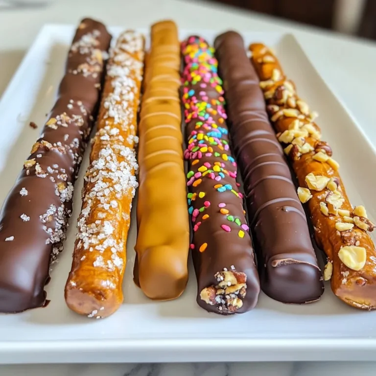 - 12 pretzel rods - 1 cup semi-sweet chocolate chips - 1 tablespoon coconut oil (or shortening) - 1/2 cup crushed nuts (like almonds or peanuts) - 1/2 cup colorful sprinkles (optional) - Sea salt (for sprinkling, optional) For the best taste, I suggest using Ghirardelli or Nestlé for chocolate chips. Their semi-sweet chocolate melts well and gives a rich flavor. For nuts, try Blue Diamond or Planters. These brands offer great quality nuts that add crunch and taste. If you want sprinkles, I recommend Wilton. They have bright colors and look great on your treats. If you have nut allergies, skip the nuts. You can use crushed pretzels or cookie crumbs instead. For a dairy-free option, choose dairy-free chocolate chips from brands like Enjoy Life or Lily's. If you want a lower-calorie treat, consider using dark chocolate. It has less sugar and a bold flavor. Always check labels for allergens and dietary needs. {{ingredient_image_1}} First, gather your ingredients. You will need 12 pretzel rods, 1 cup of semi-sweet chocolate chips, and 1 tablespoon of coconut oil. Also, have crushed nuts, colorful sprinkles, and sea salt ready if you want them. Next, line a baking sheet with parchment paper. This will help the pretzel rods not stick. Make sure your area is clean. A tidy space makes cooking easier and more fun! Now it’s time to melt the chocolate. In a microwave-safe bowl, add the chocolate chips and coconut oil. The oil helps the chocolate stay smooth. Microwave the bowl for 30 seconds. Then, take it out and stir. Repeat this step until the chocolate is fully melted. This should take about 1 to 2 minutes in total. Be careful not to overheat it! You want a nice, smooth chocolate for dipping. Once your chocolate is ready, dip each pretzel rod into it. Make sure to coat it well. You can use a spoon to help cover the rod. Let any extra chocolate drip off. Then, roll the pretzel in crushed nuts or colorful sprinkles. This step adds flavor and fun! Place the coated pretzel rods on the parchment paper. If you like sweet and salty, sprinkle some sea salt on top. Repeat this until all the rods are coated. Finally, put the baking sheet in the refrigerator. Let the chocolate set for at least 20 to 30 minutes. Now, you can enjoy your tasty chocolate-covered pretzel rods! To get that perfect chocolate coating, start with good chocolate. Use semi-sweet chocolate chips, as they melt well. Mixing in coconut oil helps the chocolate stay smooth. Heat the mixture in 30-second bursts. Stir in between each session. This prevents burning and keeps it silky. If you find lumps, keep stirring until smooth. You can use many toppings on your pretzel rods. Crushed nuts like almonds or peanuts add crunch. Colorful sprinkles make them fun and festive. Think about your audience when choosing toppings. For kids, sprinkles are a hit. For adults, nuts give a more sophisticated touch. You can also mix toppings for more flavor. One common mistake is not letting excess chocolate drip off. This can make your pretzel rods too thick. Instead, let the chocolate drip for a few seconds. Another mistake is forgetting to work quickly. Chocolate sets fast, so coat your pretzel rods right after dipping. Lastly, don’t skip the parchment paper. It keeps your rods from sticking and makes cleanup easy. Pro Tips Use Quality Chocolate: For the best flavor, choose high-quality chocolate chips or couverture chocolate. It melts better and provides a richer taste. Experiment with Toppings: Don't limit yourself to just nuts and sprinkles! Try crushed pretzels, coconut flakes, or even drizzle with white chocolate for added flair. Keep the Chocolate Warm: If the chocolate starts to harden while you are dipping, warm it up in the microwave for a few seconds to keep it smooth and easy to work with. Store Properly: To keep your pretzel rods fresh, store them in an airtight container at room temperature. They can last up to a week, but they are best enjoyed within a few days. {{image_2}} You can use many kinds of chocolate for your pretzel rods. Semi-sweet chocolate is a favorite. It gives a rich taste that blends well with the saltiness of the pretzels. Milk chocolate is sweet and creamy, perfect if you love a sweeter snack. Dark chocolate has a bold flavor and is great for those who enjoy a more intense taste. You can even try white chocolate for a fun twist. Each type of chocolate brings its own unique flavor to the snack. Toppings can make your pretzel rods even better. You can use crushed cookies for a crunchy bite. Oreos or graham crackers work well for this. Shredded coconut adds a chewiness that many people love. If you want a nutty flavor, try crushed almonds or peanuts. Colorful sprinkles are always a hit, especially for kids. They add a fun look and a bit of sweetness. Experiment with different toppings to find your favorite mix. You can make themed pretzel rods for any holiday or occasion. For Halloween, add orange and black sprinkles or use candy corn as a topping. For Christmas, drizzle white chocolate over dark chocolate and add red and green sprinkles. Valentine's Day is perfect for pink and red sprinkles with heart shapes. You can even create birthday-themed pretzels with colorful sprinkles and fun shapes. Themed variations add a special touch and make your snacks extra fun! After making your chocolate covered pretzel rods, you might have some left. To store them, place the pretzel rods in an airtight container. Make sure to layer them with parchment paper to prevent sticking. Keep the container in a cool, dry place like a pantry or cupboard. This method keeps the pretzels fresh and tasty for about a week. To maintain freshness, avoid exposing the pretzel rods to heat or moisture. Heat can cause the chocolate to melt, while moisture can make them soggy. If your kitchen is warm, it’s best to store them in the fridge. Just remember to let them come to room temperature before serving. This keeps the chocolate nice and firm! Freezing is a great way to save these treats for later. To freeze, first, let the pretzel rods cool completely. Then, wrap each rod in plastic wrap. Place them in a freezer bag or airtight container. Label the bag with the date. They can last up to three months in the freezer. When you’re ready to enjoy them, thaw them in the fridge overnight. This keeps them crisp and delicious! Chocolate-covered pretzel rods can last about two weeks. Store them in an airtight container at room temperature. Keep them away from heat and direct sunlight. This helps maintain their crispiness and flavor. If you need them to last longer, you can put them in the fridge. Just remember, the chocolate may get a bit cloudy in cold. Yes, you can use white chocolate! It gives a sweet and creamy taste. Just melt it the same way as semi-sweet chocolate. It’s fun to mix flavors. You can even add food coloring to white chocolate for a festive look. This makes your pretzel rods even more eye-catching. Absolutely! Chocolate-covered pretzel rods make great gifts. They are fun, tasty, and easy to make. You can package them in clear bags or boxes with ribbons. Adding a personal note can make them even more special. They are perfect for birthdays, holidays, or any celebration. Everyone loves a sweet treat! In this post, we explored how to make delicious chocolate-covered pretzel rods. We covered ingredients, step-by-step instructions, and tips for a neat finish. You learned about fun variations and how to store them properly. Making these treats is fun and easy for anyone. Experiment with toppings and chocolate types to find your favorite. Share them with friends, or keep them all to yourself! Enjoy your tasty creations and have fun indulging.