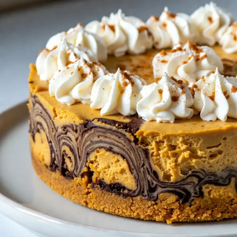 - 1 ½ cups graham cracker crumbs - ½ cup unsalted butter, melted - 2 cups cream cheese, softened - 1 cup pumpkin puree - 1 cup granulated sugar - ½ cup brown sugar - 3 large eggs - 1 teaspoon vanilla extract - 1 teaspoon ground cinnamon - ½ teaspoon ground nutmeg - ½ teaspoon ground ginger - 6 ounces semi-sweet chocolate, chopped - 2 tablespoons heavy cream Using fresh ingredients makes a big difference in taste. Fresh cream cheese gives a smooth texture. Fresh pumpkin puree adds rich flavor and moisture. The spices should also be fresh for the best aroma. When you use fresh items, your cheesecake will taste amazing. It can elevate the dessert from good to great. If you can’t find some ingredients, don’t worry! Here are some swaps to try: - Graham cracker crumbs: You can use crushed vanilla wafers or digestive biscuits. - Unsalted butter: Use coconut oil for a dairy-free option. - Cream cheese: Silken tofu can work for a dairy-free cheesecake. - Pumpkin puree: Butternut squash puree is a good alternative. - Granulated sugar: You can use honey or maple syrup instead. - Semi-sweet chocolate: Dark chocolate can add a richer flavor. These swaps will help you make this cheesecake fit your needs without losing flavor. {{ingredient_image_1}} First, preheat your oven to 325°F (160°C). This helps the cheesecake bake evenly. In a bowl, mix 1 ½ cups of graham cracker crumbs with ½ cup of melted unsalted butter. Stir well until the crumbs soak up the butter. Next, press this mixture into the bottom of a 9-inch springform pan. Make sure it is flat and even. Bake the crust for 10 minutes. Once done, let it cool while you prepare the filling. Grab a large mixing bowl. Beat 2 cups of softened cream cheese until it’s smooth. Now, add 1 cup of pumpkin puree, 1 cup of granulated sugar, and ½ cup of brown sugar. Crack in 3 large eggs, then add 1 teaspoon of vanilla extract, 1 teaspoon of ground cinnamon, ½ teaspoon of ground nutmeg, and ½ teaspoon of ground ginger. Mix everything until fully combined and smooth. The filling should look creamy and bright orange. In a small saucepan, add 6 ounces of chopped semi-sweet chocolate and 2 tablespoons of heavy cream. Heat this mixture over low heat, stirring gently. Once melted, remove the pan from the heat and let it cool slightly. Now, take half of the pumpkin cheesecake mixture and pour it over your cooled crust. Drizzle half of the melted chocolate on top. Repeat this with the remaining pumpkin mixture and chocolate. Using a knife or skewer, gently swirl the chocolate and pumpkin mixtures together. This creates a lovely marbled design. Now, place the cheesecake in the preheated oven. Bake for 50-60 minutes. The center should be set but still slightly jiggly. When it’s done, turn off the oven, crack the door, and let the cheesecake cool slowly inside for 1 hour. Once the hour is up, remove the cheesecake from the oven. Let it cool to room temperature. After that, refrigerate it for at least 4 hours, or better yet, overnight. This helps it set well. When you're ready to serve, carefully remove the cheesecake from the springform pan. Slice it into pieces and enjoy! To make your cheesecake smooth and creamy, use softened cream cheese. Cold cream cheese can lead to lumps. Beat it well until it is fluffy. Be sure to mix the filling just until combined. Overmixing adds too much air, which can crack the cheesecake. One common mistake is not cooling the cheesecake slowly. Rapid cooling causes cracks. Always turn off the oven and crack the door. Let it cool for an hour before taking it out. Another mistake is not chilling long enough. Refrigerate for at least four hours, or overnight. This helps the flavors meld and the texture set. For the best swirl, drizzle the melted chocolate gently over the pumpkin mixture. Use a knife or skewer to swirl lightly. Don’t overdo it! Too much swirling will blend the colors. You want a striking marbled look, not a solid brown. This step adds beauty and a touch of elegance to your cheesecake. Pro Tips Use Room Temperature Ingredients: Ensure cream cheese and eggs are at room temperature before mixing. This helps create a smoother filling without lumps. Don’t Overmix: Mix just until combined to prevent incorporating too much air, which can cause cracks as the cheesecake cools. Check for Doneness: The cheesecake should be set around the edges but still slightly jiggly in the center when done. It will continue to firm up as it cools. Chill Overnight: For the best flavor and texture, refrigerate the cheesecake overnight before serving. This allows the flavors to meld beautifully. {{image_2}} You can tweak the flavors in this cheesecake. Try adding different spices like cardamom or allspice. For a twist, mix in some orange zest for a fresh citrus note. You might also consider using different types of chocolate. Dark chocolate gives a richer taste, while white chocolate offers a sweet contrast. Toppings enhance the look and taste of your cheesecake. Whipped cream on top adds a light texture. Chocolate shavings give a fancy touch. A sprinkle of cinnamon or nutmeg can give extra warmth. You might also add crushed nuts for a crunchy bite. Fresh berries can brighten your plate and add a pop of color. Mini cheesecakes are great for parties or when you want a small treat. Use a muffin tin lined with paper cups. Follow the same steps for the crust and filling. Bake for about 20 to 25 minutes. These little bites are easy to share and fun to eat. Plus, you can mix and match flavors for a fun dessert platter. To keep your chocolate swirl pumpkin cheesecake fresh, follow these simple steps: - Let the cheesecake fully cool at room temperature. - Wrap it tightly in plastic wrap or aluminum foil. - Store it in the refrigerator. This keeps it cold and tasty. Make sure to place it on a flat surface in your fridge. Avoid stacking other items on top. This helps maintain its shape. If you want to save some cheesecake for later, freezing works great. Here’s how: - First, cool the cheesecake completely. - Slice it into individual pieces. - Wrap each slice in plastic wrap, then in foil. - Place the wrapped slices in an airtight container or freezer bag. This way, you can enjoy your cheesecake for up to three months. Just remember to label the container with the date. When stored properly in the fridge, your cheesecake will last about five days. If you freeze it, it can last for three months. Always check for any signs of spoilage before eating. A little care goes a long way in keeping this dessert delicious! Yes, you can use different types of chocolate. Milk chocolate adds sweetness. Dark chocolate gives a rich taste. You may even try white chocolate for a unique twist. Just remember, the flavor will change with each type. Experiment to find your favorite! If you can't find pumpkin puree, try using butternut squash puree. It has a similar taste and texture. Sweet potato puree works well too. You can also use store-bought options if you’re in a hurry. Just ensure they are pure and unsweetened for the best flavor. Check the center of your cheesecake. It should be set but still jiggle a little. If it looks very wobbly, give it more time. The edges should look firm and slightly puffed. Let it cool in the oven for a soft texture. Absolutely! For a no-bake chocolate swirl pumpkin cheesecake, skip the oven. Use the same filling but add gelatin for structure. Chill it in the fridge until set. This version will be creamy and delicious without the baking step. In this blog post, we covered how to make a Chocolate Swirl Pumpkin Cheesecake. We explored key ingredients, their freshness, and smart substitutions. You learned step-by-step instructions and tips for the best texture and designs. We discussed fun variations and smart storage methods. As you try this recipe, remember to enjoy the process and get creative. Your cheesecake can be a delicious treat or a fun project. Dive in and share your tasty results!