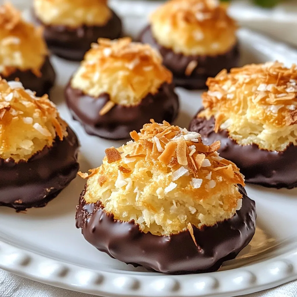 To make these delicious chocolate coconut macaroons, you need a few simple ingredients. Here’s what you will need: - 2 cups shredded unsweetened coconut - 1 cup sweetened condensed milk - 1 teaspoon vanilla extract - 1/4 teaspoon salt - 2 large egg whites - 1/2 cup dark chocolate chips - 1 tablespoon coconut oil Each ingredient plays a key role in the flavor and texture. The shredded coconut gives that chewy bite. Sweetened condensed milk adds a lovely sweetness. Vanilla extract enhances the overall flavor, while a touch of salt balances it out. Egg whites help the macaroons rise and stay fluffy. Dark chocolate chips provide a rich, chocolatey indulgence. Coconut oil not only helps melt the chocolate but also adds a hint of coconut flavor. When you gather your ingredients, make sure they are fresh and high-quality. This will make a big difference in your final dish. Enjoy the process of mixing these simple ingredients into something special! {{ingredient_image_1}} 1. First, preheat your oven to 325°F (165°C). This heat helps the macaroons bake evenly. 2. Next, prepare your baking sheet by lining it with parchment paper. This keeps the macaroons from sticking. 3. In a large bowl, mix together the shredded coconut, sweetened condensed milk, vanilla extract, and salt. Stir until everything is well combined. 1. In a separate bowl, whip the egg whites. Use an electric mixer and beat until stiff peaks form. This should take about 2-3 minutes. The stiff peaks give the macaroons their airy texture. 2. Gently fold the whipped egg whites into the coconut mixture. Be careful not to deflate the egg whites. This step is key for a light, fluffy macaroon. 1. Scoop tablespoon-sized portions of the mixture onto the prepared baking sheet. Make sure to space them about 2 inches apart. 2. Bake the macaroons in your preheated oven for 20-25 minutes. Keep an eye on them until the tops turn golden brown. 3. While the macaroons bake, melt the dark chocolate chips and coconut oil together. Use a microwave-safe bowl and heat in 30-second increments, stirring in between until smooth. 4. Once the macaroons cool for about 10 minutes, dip the bottoms in the melted chocolate. Place them back on the parchment paper. 5. For an extra touch, drizzle any remaining chocolate over the tops of the macaroons. 6. Let the chocolate set completely before serving. Enjoy your tasty creations! Getting the right texture in your macaroons is key. Start with your ingredients at room temperature. This helps the coconut and egg whites mix well. When you fold the egg whites into the coconut mix, do it gently. You want to keep as much air as possible. This makes your macaroons light and fluffy. One common mistake is overmixing your egg whites. This can make them lose their volume. Always whip them until stiff peaks form. Another mistake is not measuring your ingredients correctly. Use a scale for precision. This ensures that your macaroons turn out just right every time. To serve your macaroons, place them on a nice plate. A sprinkle of shredded coconut on top adds a great touch. You can also dust the plate with cocoa powder for style. For drinks, try pairing them with a hot cup of coffee or tea. These flavors work very well together. If you want more dessert, serve with a scoop of vanilla ice cream. Enjoy every bite! Pro Tips Use Fresh Coconut: For an extra burst of flavor, try using fresh coconut instead of shredded. Just make sure to finely chop it to maintain the texture. Temperature Matters: Ensure your egg whites are at room temperature before whipping. This helps them achieve a greater volume and stability. Chocolate Options: Experiment with different types of chocolate, like milk or white chocolate, for unique flavor profiles. You can even add a pinch of sea salt on top for contrast. Storage Tips: Store your macaroons in an airtight container at room temperature for up to a week. For longer storage, freeze them and thaw as needed. {{image_2}} You can add extra flavor to your macaroons. Try almond extract for a nutty twist. Just a teaspoon will make a big difference. You can also mix in nuts or dried fruits like almonds or cranberries. These add crunch and taste. Experiment with different flavors to find your favorite. The type of chocolate matters. You can use milk chocolate for a sweeter treat. If you prefer a richer taste, go for dark chocolate. Another fun idea is to drizzle with white chocolate. This adds a nice contrast against the dark chocolate. It also makes your macaroons look fancy! Making these macaroons fit your diet is easy. To make them gluten-free, just stick with the ingredients listed. They are naturally gluten-free as they contain no flour. For vegan alternatives, swap the sweetened condensed milk with coconut cream. You can also use aquafaba instead of egg whites. This way, everyone can enjoy them! To keep your chocolate coconut macaroons fresh, store them at room temperature. Use an airtight container to prevent them from drying out. They can stay good for about three days. If you prefer, you can also refrigerate them. Just make sure to seal them well. This keeps them moist and delicious for up to a week. You can freeze macaroons for later enjoyment. First, let the macaroons cool completely. Then, place them in a single layer on a baking sheet. Freeze them for about two hours until firm. After that, transfer them to a freezer-safe bag or container. They can last up to three months in the freezer. When you're ready to eat, simply take them out. Thaw the macaroons in the fridge overnight or at room temperature for a couple of hours. This keeps their texture nice and chewy. Chocolate coconut macaroons usually last about three days at room temperature. If you store them in the fridge, they can last up to a week. For frozen macaroons, enjoy them within three months for the best flavor. Watch for signs of spoilage, like an off smell or a change in texture. If they feel hard or dry, it’s best to toss them. Always trust your senses to judge freshness. Macaroons and macarons are two different treats. Macaroons are chewy. They are made with coconut, egg whites, and sweetened condensed milk. You find them sweet and moist. Macarons are delicate and crispy. They are made with almond flour, egg whites, and sugar. These have a smooth shell with a creamy filling. Yes, you can make macaroons ahead of time. Follow these steps for best results: - Bake and cool the macaroons completely. - Store them in an airtight container at room temperature. - For longer storage, freeze them. Place them in a freezer bag or container. Look for these signs to know if your macaroons are done: - The tops should be golden brown. - The edges should feel firm to the touch. - The center will still be soft but will firm up as they cool. You now have a clear guide to making delicious macaroons. We covered all ingredients, from shredded coconut to dark chocolate chips. You learned step-by-step instructions for mixing and baking. Tips will help you avoid common mistakes and ensure success. Try flavor variations to make them unique. Don’t forget to store them correctly for freshness. Enjoy making and sharing your treats! Baking macaroons can be fun, tasty, and rewarding.