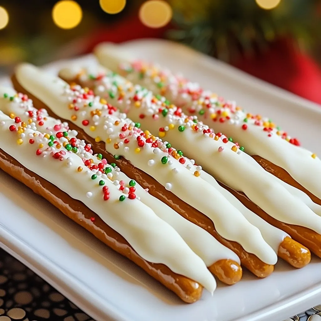 - 12 pretzel rods - 1 cup white chocolate chips - 1/2 teaspoon coconut oil (optional) - 1/2 cup crushed peppermint candies - 1/4 cup festive sprinkles (optional) - Parchment paper To create White Chocolate Peppermint Pretzel Rods, gather these ingredients. Pretzel rods give a nice crunch. White chocolate chips melt to make a sweet coating. Coconut oil helps the chocolate melt smoothly, but it’s not a must. Crushed peppermint candies add a burst of flavor. Festive sprinkles bring color and fun to the treat. Lastly, parchment paper keeps everything clean and easy to work with. With these ingredients ready, you can start making your delicious snacks! {{ingredient_image_1}} Start by lining a baking sheet with parchment paper. This paper keeps your treats from sticking. It also makes cleanup easy. You want to create a clean space so you can work without mess. Grab a microwave-safe bowl. Put your white chocolate chips in it. If you want, add coconut oil. This helps the chocolate melt smoothly. Heat in the microwave for 30 seconds at a time. Stir after each time until smooth. Watch closely to avoid burning. Take a pretzel rod and hold it by one end. Dip it into the melted chocolate. Cover about two-thirds of the rod. Let the excess chocolate drip off. This keeps your treat from being too heavy. While the chocolate is still wet, sprinkle on the crushed peppermint. You can also add festive sprinkles if you like. Do this quickly so the toppings stick well to the chocolate. Place the dipped pretzel rod back on the lined baking sheet. Repeat this for all pretzel rods. Once done, chill them in the refrigerator. Let them sit for about 30 minutes. This helps the chocolate harden properly. After chilling, your pretzel rods are ready to eat. You can serve them right away. If you have leftovers, store them in an airtight container. They stay fresh at room temperature for up to a week. Enjoy your sweet treats! To get smooth melted chocolate, avoid burning it. Heat it slowly in the microwave. Use a microwave-safe bowl and check every 30 seconds. Stir it well after each time. This helps keep the chocolate from getting too hot. If it gets too hot, it can burn and become lumpy. Adding coconut oil can help make the chocolate silky. It adds a nice shine and smoothness. This is especially useful if you want to dip more treats later. It helps the chocolate flow better and coat the pretzels evenly. You can get creative with toppings! Try using chopped nuts or mini marshmallows. These can add extra crunch and flavor. You can also sprinkle sea salt on top for a sweet and salty mix. This adds a nice contrast to the sweet chocolate. Another idea is to use different flavored candies. Try crushed cookies or toffee bits. These can change the taste and make your pretzel rods unique. Experimenting with flavors can lead to fun surprises! For melting chocolate, a glass bowl works best. It heats evenly and is easy to clean. Make sure it is large enough to hold the chocolate chips. A small bowl can make it hard to stir. When choosing a baking sheet, look for one with a flat surface. This helps the pretzel rods sit flat while the chocolate sets. A non-stick pan can help the pretzels come off easily later. A parchment-lined sheet is also great to prevent sticking. Pro Tips Use Quality Chocolate: Opt for high-quality white chocolate chips for better melting and flavor. Chill the Toppings: Chill crushed peppermint candies in the fridge before using to prevent them from melting into the chocolate. Experiment with Flavors: Try adding a pinch of sea salt on top for a delightful sweet and salty combination. Personalize Your Sprinkles: Use themed sprinkles to match your holiday or party decor for a festive touch! {{image_2}} You can change the flavor of your pretzel rods. One option is dark chocolate. Simply swap the white chocolate chips for dark chocolate chips. This gives a richer taste. You can also mix white chocolate with almond extract. Just add 1/2 teaspoon of almond extract to the melted white chocolate. This adds a nutty twist that pairs well with peppermint. You can make these pretzel rods fit any season. For Halloween, use orange and black sprinkles. You can add spooky designs with melted chocolate. For Valentine’s Day, dip them in pink or red chocolate. You can use heart-shaped sprinkles to make them extra special. These themes add fun and make your treats festive. If you need gluten-free options, use gluten-free pretzel rods. Many brands offer tasty gluten-free pretzels that work well. You may need to check the label to ensure they are truly gluten-free. The recipe stays the same, so no other adjustments are needed. Enjoy the same sweet and salty treat without worry! To keep your White Chocolate Peppermint Pretzel Rods fresh, store them in an airtight container. This helps prevent moisture from ruining their texture. You can use glass jars or plastic containers with tight lids. Place parchment paper between layers to avoid sticking. The ideal room temperature for storage is between 60°F and 70°F. Avoid places that are too warm, as heat can melt the chocolate. These delightful treats can last up to a week at room temperature. Check for any signs of spoilage. If you see any white spots or a dull appearance on the chocolate, it may be time to toss them. Also, if they smell off or the pretzels feel soft, it’s best to discard them. To make these tasty treats, follow these steps: 1. Prepare Your Workspace: Line a baking sheet with parchment paper. 2. Melt the White Chocolate: In a bowl, mix white chocolate chips and coconut oil. Heat in short bursts, stirring until smooth. 3. Dip the Pretzel Rods: Hold a pretzel rod and dip it into the melted chocolate. Cover about two-thirds up. Let excess chocolate drip off. 4. Add Toppings: While the chocolate is wet, sprinkle crushed peppermint on top. Add sprinkles for extra fun. 5. Set the Chocolate: Place dipped rods on the lined sheet. Repeat for all rods. 6. Chill to Firm Up: Refrigerate for about 30 minutes until chocolate hardens. 7. Serve or Store: Enjoy right away or keep in an airtight container for a week. Yes, you can use regular chocolate. Dark or milk chocolate works well. Each type adds its own unique taste. White chocolate is sweet and creamy, while dark chocolate is rich and slightly bitter. Milk chocolate is a nice middle ground. Choose what you love! You can find pretzel rods at most grocery stores. Look in the snack aisle or near baking goods. Popular stores like Walmart, Target, or Safeway carry them. You can also check online on Amazon or specialty food sites for more options. You can melt chocolate using a double boiler. Fill a pot with water and place a heat-safe bowl over it. Heat the water to simmer, not boil. Stir the chocolate in the bowl until it melts smoothly. This method helps prevent burning. Yes, you can make these pretzel rods ahead of time. They stay fresh in an airtight container for up to a week. Store them at room temperature away from heat and light. This makes them a great treat for parties or gifts! If you don't have pretzel rods, try using other treats. You can dip pretzel twists, graham crackers, or even fruit like strawberries. Each option gives a different flavor and texture. Enjoy experimenting with your favorites! You can create sweet White Chocolate Peppermint Pretzel Rods easily. Start by gathering your ingredients and preparing your space. Melt the chocolate and dip the pretzels, adding toppings. Chill them to set, then enjoy or store. These fun treats are perfect for any celebration or gift. Customize them with your favorite flavors or themes. Remember to store them well to keep them fresh. Enjoy making and sharing these delicious snacks!