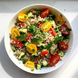 To make a Lemon Herb Quinoa Salad, you will need: - 1 cup quinoa, rinsed - 2 cups vegetable broth or water - 1 cup cherry tomatoes, halved - 1 cucumber, diced - 1 bell pepper (red or yellow), diced - 1/4 cup red onion, finely chopped - 1/4 cup fresh parsley, chopped - 1/4 cup fresh mint, chopped - 1/4 cup olive oil - 2 tablespoons lemon juice - Zest of 1 lemon - Salt and pepper to taste These main ingredients create a vibrant, tasty dish that is perfect for any meal. Fresh herbs make this salad stand out. Parsley adds a bright flavor. Mint gives a cool touch. Together, they create a fresh taste that lifts the whole dish. Using fresh herbs also adds color and nutrition. They are rich in vitamins and antioxidants. I always recommend using fresh herbs instead of dried ones for the best flavor. You can customize your salad by adding some extra ingredients. Here are a few ideas: - Feta cheese for creaminess - Chickpeas for protein - Avocado for healthy fats - Nuts for crunch Feel free to mix and match based on your taste. These add-ins boost flavor and nutrition. They turn a simple salad into a hearty meal. {{ingredient_image_1}} To start, you need 1 cup of rinsed quinoa. This removes the bitter taste. In a medium saucepan, add the quinoa and 2 cups of vegetable broth or water. Bring it to a boil over medium heat. Once it boils, lower the heat. Cover the pot and let it simmer for about 15 minutes. The quinoa should absorb all the liquid and look fluffy. After it cooks, take it off the heat. Keep it covered for 5 more minutes. This helps it become light and airy. Fluff it gently with a fork and let it cool. While the quinoa cools, chop your veggies. Use 1 cup of cherry tomatoes and cut them in half. Dice 1 cucumber and 1 bell pepper, either red or yellow. These colors will make your salad pop! Finely chop 1/4 cup of red onion. For herbs, take 1/4 cup of fresh parsley and 1/4 cup of fresh mint, then chop them. Place all these veggies and herbs into a large mixing bowl. This mix adds a fresh crunch to your salad. Now, let’s make the dressing. In a small bowl, whisk together 1/4 cup of olive oil, 2 tablespoons of lemon juice, and the zest of 1 lemon. Add salt and pepper to taste. This dressing brings all the flavors together. Pour the cooled quinoa into the bowl with the veggies. Then, drizzle the lemon dressing over everything. Toss gently to mix. Taste it and see if it needs more salt or pepper. For the best taste, chill the salad in the fridge for at least 30 minutes. This helps all the flavors blend. Enjoy your fresh and vibrant Lemon Herb Quinoa Salad! To fluff quinoa, first, cook it well. After cooking, let it sit for five minutes. Then, use a fork to gently stir the grains. This helps separate them and adds air. Fluffing makes quinoa light and airy, perfect for your salad. You can make this salad ahead of time. Cook the quinoa and chop the veggies the night before. Keep them separate until you are ready to serve. This keeps the veggies fresh and crunchy. Combine them just before serving for the best taste. Chill your salad for at least 30 minutes. This allows the flavors to blend well. Serve it in a bright bowl for a nice look. Add extra lemon zest and herbs on top. This makes it look fresh and inviting. Enjoy your salad cold for a refreshing treat! Pro Tips Perfectly Cooked Quinoa: Rinse quinoa thoroughly before cooking to remove any bitter saponins. This ensures a clean, nutty flavor. Fresh Ingredients: Use the freshest herbs and vegetables possible to enhance the flavor and nutritional value of your salad. Chill for Flavor: Allow the salad to chill in the refrigerator for at least 30 minutes. This helps the flavors meld together beautifully. Customize Your Veggies: Feel free to substitute or add other vegetables like bell peppers, radishes, or even avocado for added texture and flavor. {{image_2}} You can add protein to your Lemon Herb Quinoa Salad for extra taste and nutrition. Chickpeas are a great choice. They add a nice texture and flavor. Feta cheese gives a creamy touch and a salty kick. If you prefer meat, grilled chicken works well too. It adds heartiness to the dish. Choose what you love best. Each option changes the salad's feel and taste. Using seasonal ingredients makes this salad even better. In the summer, try adding fresh corn or ripe avocado. They bring sweetness and richness. In the fall, diced apples or roasted butternut squash add warmth. Each season brings new flavors. Be creative and explore what's fresh at your local market. Your salad can change with the seasons, keeping it exciting. While the lemon dressing is classic, you can switch it up. For a creamy option, try adding Greek yogurt. It brings a tangy taste and smooth texture. If you want something zesty, use a balsamic vinaigrette. It adds depth and sweetness. You can also mix in herbs like dill or cilantro for a twist. Experiment with flavors to find your perfect dressing. This keeps your salad interesting every time you make it. To keep your Lemon Herb Quinoa Salad fresh, store it in an airtight container. Make sure the lid seals tightly. This helps keep out air and moisture, which can spoil the salad. You can place the container in the fridge for easy access. The salad stays good in the fridge for about three to four days. After that, it may lose its taste and crunch. Make sure to check for any signs of spoilage, like bad smell or discoloration. If it looks and smells good, it’s still safe to eat! Freezing Lemon Herb Quinoa Salad is not the best option. When thawed, the veggies may become mushy. However, you can freeze just the quinoa. Cooked quinoa freezes well for up to three months. Thaw it overnight in the fridge before adding fresh veggies and dressing. You can easily make this salad vegan! Just use vegetable broth or water to cook quinoa. All the other ingredients are plant-based. The olive oil, lemon juice, and fresh herbs add great taste. This salad is perfect for everyone, even those who do not eat animal products. Quinoa is a superfood packed with nutrition. It is high in protein, containing all nine essential amino acids. Quinoa also has fiber, which helps with digestion. It is rich in vitamins and minerals like magnesium, iron, and B vitamins. This makes quinoa a great choice for a healthy meal. Yes, you can use brown rice instead of quinoa. Brown rice has a different texture and flavor. It takes longer to cook, so adjust the cooking time to about 45 minutes. The salad will still taste good, but the nutrient profile will change. Quinoa is lighter and fluffier, while brown rice is chewier. In this post, I covered how to make a delicious Lemon Herb Quinoa Salad. I shared the key ingredients, focusing on fresh herbs and add-ins. You learned the steps to cook the quinoa and mix the salad. I provided tips for perfecting the dish and variations to enhance flavor. Lastly, I explained storage methods to keep your salad fresh. Enjoy this healthy recipe; it's easy to make and full of flavor. You can feel good about adding it to your meals!
