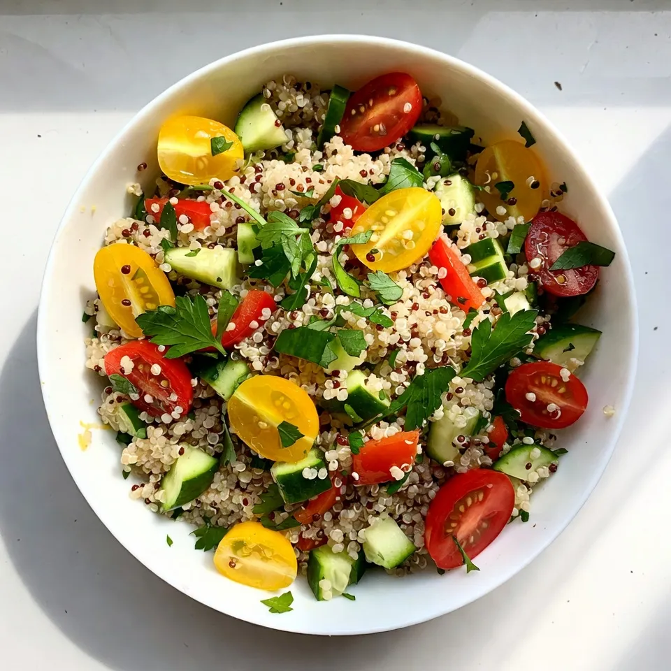 To make a Lemon Herb Quinoa Salad, you will need: - 1 cup quinoa, rinsed - 2 cups vegetable broth or water - 1 cup cherry tomatoes, halved - 1 cucumber, diced - 1 bell pepper (red or yellow), diced - 1/4 cup red onion, finely chopped - 1/4 cup fresh parsley, chopped - 1/4 cup fresh mint, chopped - 1/4 cup olive oil - 2 tablespoons lemon juice - Zest of 1 lemon - Salt and pepper to taste These main ingredients create a vibrant, tasty dish that is perfect for any meal. Fresh herbs make this salad stand out. Parsley adds a bright flavor. Mint gives a cool touch. Together, they create a fresh taste that lifts the whole dish. Using fresh herbs also adds color and nutrition. They are rich in vitamins and antioxidants. I always recommend using fresh herbs instead of dried ones for the best flavor. You can customize your salad by adding some extra ingredients. Here are a few ideas: - Feta cheese for creaminess - Chickpeas for protein - Avocado for healthy fats - Nuts for crunch Feel free to mix and match based on your taste. These add-ins boost flavor and nutrition. They turn a simple salad into a hearty meal. {{ingredient_image_1}} To start, you need 1 cup of rinsed quinoa. This removes the bitter taste. In a medium saucepan, add the quinoa and 2 cups of vegetable broth or water. Bring it to a boil over medium heat. Once it boils, lower the heat. Cover the pot and let it simmer for about 15 minutes. The quinoa should absorb all the liquid and look fluffy. After it cooks, take it off the heat. Keep it covered for 5 more minutes. This helps it become light and airy. Fluff it gently with a fork and let it cool. While the quinoa cools, chop your veggies. Use 1 cup of cherry tomatoes and cut them in half. Dice 1 cucumber and 1 bell pepper, either red or yellow. These colors will make your salad pop! Finely chop 1/4 cup of red onion. For herbs, take 1/4 cup of fresh parsley and 1/4 cup of fresh mint, then chop them. Place all these veggies and herbs into a large mixing bowl. This mix adds a fresh crunch to your salad. Now, let’s make the dressing. In a small bowl, whisk together 1/4 cup of olive oil, 2 tablespoons of lemon juice, and the zest of 1 lemon. Add salt and pepper to taste. This dressing brings all the flavors together. Pour the cooled quinoa into the bowl with the veggies. Then, drizzle the lemon dressing over everything. Toss gently to mix. Taste it and see if it needs more salt or pepper. For the best taste, chill the salad in the fridge for at least 30 minutes. This helps all the flavors blend. Enjoy your fresh and vibrant Lemon Herb Quinoa Salad! To fluff quinoa, first, cook it well. After cooking, let it sit for five minutes. Then, use a fork to gently stir the grains. This helps separate them and adds air. Fluffing makes quinoa light and airy, perfect for your salad. You can make this salad ahead of time. Cook the quinoa and chop the veggies the night before. Keep them separate until you are ready to serve. This keeps the veggies fresh and crunchy. Combine them just before serving for the best taste. Chill your salad for at least 30 minutes. This allows the flavors to blend well. Serve it in a bright bowl for a nice look. Add extra lemon zest and herbs on top. This makes it look fresh and inviting. Enjoy your salad cold for a refreshing treat! Pro Tips Perfectly Cooked Quinoa: Rinse quinoa thoroughly before cooking to remove any bitter saponins. This ensures a clean, nutty flavor. Fresh Ingredients: Use the freshest herbs and vegetables possible to enhance the flavor and nutritional value of your salad. Chill for Flavor: Allow the salad to chill in the refrigerator for at least 30 minutes. This helps the flavors meld together beautifully. Customize Your Veggies: Feel free to substitute or add other vegetables like bell peppers, radishes, or even avocado for added texture and flavor. {{image_2}} You can add protein to your Lemon Herb Quinoa Salad for extra taste and nutrition. Chickpeas are a great choice. They add a nice texture and flavor. Feta cheese gives a creamy touch and a salty kick. If you prefer meat, grilled chicken works well too. It adds heartiness to the dish. Choose what you love best. Each option changes the salad's feel and taste. Using seasonal ingredients makes this salad even better. In the summer, try adding fresh corn or ripe avocado. They bring sweetness and richness. In the fall, diced apples or roasted butternut squash add warmth. Each season brings new flavors. Be creative and explore what's fresh at your local market. Your salad can change with the seasons, keeping it exciting. While the lemon dressing is classic, you can switch it up. For a creamy option, try adding Greek yogurt. It brings a tangy taste and smooth texture. If you want something zesty, use a balsamic vinaigrette. It adds depth and sweetness. You can also mix in herbs like dill or cilantro for a twist. Experiment with flavors to find your perfect dressing. This keeps your salad interesting every time you make it. To keep your Lemon Herb Quinoa Salad fresh, store it in an airtight container. Make sure the lid seals tightly. This helps keep out air and moisture, which can spoil the salad. You can place the container in the fridge for easy access. The salad stays good in the fridge for about three to four days. After that, it may lose its taste and crunch. Make sure to check for any signs of spoilage, like bad smell or discoloration. If it looks and smells good, it’s still safe to eat! Freezing Lemon Herb Quinoa Salad is not the best option. When thawed, the veggies may become mushy. However, you can freeze just the quinoa. Cooked quinoa freezes well for up to three months. Thaw it overnight in the fridge before adding fresh veggies and dressing. You can easily make this salad vegan! Just use vegetable broth or water to cook quinoa. All the other ingredients are plant-based. The olive oil, lemon juice, and fresh herbs add great taste. This salad is perfect for everyone, even those who do not eat animal products. Quinoa is a superfood packed with nutrition. It is high in protein, containing all nine essential amino acids. Quinoa also has fiber, which helps with digestion. It is rich in vitamins and minerals like magnesium, iron, and B vitamins. This makes quinoa a great choice for a healthy meal. Yes, you can use brown rice instead of quinoa. Brown rice has a different texture and flavor. It takes longer to cook, so adjust the cooking time to about 45 minutes. The salad will still taste good, but the nutrient profile will change. Quinoa is lighter and fluffier, while brown rice is chewier. In this post, I covered how to make a delicious Lemon Herb Quinoa Salad. I shared the key ingredients, focusing on fresh herbs and add-ins. You learned the steps to cook the quinoa and mix the salad. I provided tips for perfecting the dish and variations to enhance flavor. Lastly, I explained storage methods to keep your salad fresh. Enjoy this healthy recipe; it's easy to make and full of flavor. You can feel good about adding it to your meals!
