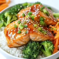 - 2 salmon fillets (about 6 oz each) - 1/4 cup soy sauce (low sodium) - 2 tablespoons brown sugar - 1 tablespoon sesame oil - 1 tablespoon grated ginger - 2 cloves garlic, minced - 1 cup jasmine rice - 2 cups broccoli florets - 1 cup shredded carrots - 1/4 cup green onions, sliced (for garnish) - 1 tablespoon sesame seeds (for garnish) - Salt and pepper, to taste For my Teriyaki Salmon Bowls, I use fresh salmon fillets. They add a rich flavor and good fats. I soak them in a special marinade. The marinade has soy sauce, brown sugar, sesame oil, ginger, and garlic. This mix gives the salmon a sweet and savory taste. I pair the salmon with jasmine rice, which is fluffy and fragrant. I also add colorful veggies like broccoli and carrots. They give the dish crunch and nutrients. For garnishes, I use sliced green onions and sesame seeds. They add a nice touch to the bowls. Together, all these ingredients create a bright and tasty meal. {{ingredient_image_1}} To mix the marinade, take a small bowl. Add 1/4 cup soy sauce, 2 tablespoons brown sugar, 1 tablespoon sesame oil, 1 tablespoon grated ginger, and 2 cloves minced garlic. Whisk these ingredients together until the sugar dissolves. This step is key. Marinating the salmon for at least 30 minutes allows flavors to soak in. The longer you marinate, the tastier the salmon becomes. Start by rinsing 1 cup of jasmine rice. Use cold water until the water runs clear. This removes excess starch. Next, put the rinsed rice in a medium pot. Add 1 3/4 cups of water and bring it to a boil. Cover the pot, reduce the heat to low, and let it cook for about 15 minutes. The rice should be tender and the water fully absorbed. After cooking, let it sit covered for another 5 minutes. This resting time helps rice fluff up nicely. While the rice cooks, prepare to blanch 2 cups of broccoli florets. Bring a small pot of water to a boil. Add the broccoli and let it cook for 2-3 minutes. This makes the broccoli bright green and crisp. Drain it right away to stop the cooking process. Enjoy that vibrant color and fresh texture! For cooking, preheat a non-stick skillet over medium heat. Take the marinated salmon fillets out, letting the excess marinade drip off. Place the fillets skin-side down in the hot skillet. Cook for 4-5 minutes. Then, flip the salmon and brush it with some reserved marinade. Cook for another 3-4 minutes. The salmon is done when it flakes easily with a fork. Fluff the jasmine rice with a fork and divide it into two bowls. Top each bowl with salmon, blanched broccoli, and shredded carrots. Drizzle the remaining marinade over everything. For a beautiful finish, garnish with sliced green onions and sesame seeds. Enjoy the colorful and tasty mix! For the best flavor, marinate the salmon for at least 30 minutes. This lets the fish soak up the sauce. If you want a sweeter taste, you can use honey or maple syrup instead of brown sugar. Both add a nice flavor twist. You can also grill or bake the salmon if you prefer. Grilling gives a smoky taste. Baking keeps it moist. For veggies, try snap peas, bell peppers, or even zucchini. Each choice adds color and crunch. Feel free to add spices like black pepper or chili flakes to the marinade for some heat. Fresh herbs, such as cilantro or basil, can give a fresh flavor boost. For garnishes, consider using sliced radishes or avocado for added creaminess. Pro Tips Marination Time: For the best flavor, allow the salmon to marinate for at least 1 hour, or even overnight if possible. Rice Cooking Tip: For extra flavor, cook the jasmine rice in vegetable or chicken broth instead of water. Broccoli Blanching: To maintain the vibrant green color of the broccoli, immediately plunge it into ice water after blanching. Serving Suggestion: Try adding avocado slices or edamame for additional creaminess and protein in your bowls. {{image_2}} You can switch salmon for chicken or tofu. For chicken, use boneless breasts or thighs. Cut them into small pieces for even cooking. Cook the chicken until it reaches 165°F. Tofu works great too. Use firm or extra-firm tofu for best results. Press it to remove moisture. Cut it into cubes and pan-fry until golden brown. Adjust cooking times as chicken takes longer than salmon. Sushi rice or quinoa can replace jasmine rice. Sushi rice gives a sticky texture. Cook sushi rice using a 1:1 ratio of rice to water. Quinoa is a healthy choice too. Rinse it well to remove bitterness. Use a 1:2 ratio of quinoa to water. Cook for about 15 minutes, or until it’s fluffy. Keep an eye on cooking times, as they differ. Use seasonal veggies for fresh flavor. In spring, try asparagus or snap peas. During summer, zucchini and bell peppers add great color. Fall brings sweet potatoes and Brussels sprouts. In winter, root vegetables like carrots and parsnips shine. Each veggie adds unique nutrients. For example, broccoli is high in vitamin C, while carrots provide beta-carotene. Choose what’s in season to enhance taste and nutrition. To store your teriyaki salmon bowls safely, follow these tips: - Cool Down: Let the bowls cool to room temperature first. - Use Airtight Containers: Place the salmon and rice in airtight containers. This keeps them fresh longer. - Separate Ingredients: If possible, store the salmon and veggies apart from the rice. This helps maintain texture. - Refrigerate Quickly: Store the bowls in the fridge within two hours of cooking. When you’re ready to enjoy leftovers, reheating correctly is key: - Oven Method: Preheat your oven to 350°F. Place the salmon and rice in a baking dish. Cover with foil and heat for about 15 minutes. - Microwave Method: Use a microwave-safe plate. Cover with a damp paper towel. Heat in short bursts of 30 seconds until warm. - Maintain Flavor and Texture: Add a splash of water to the rice before reheating. This helps keep it moist. - Check Temperature: Ensure the salmon reaches at least 145°F. Use a food thermometer for accuracy. With these tips, your teriyaki salmon bowls will taste great even as leftovers! Making teriyaki sauce is simple and fun. Here’s an easy recipe: - 1/4 cup soy sauce (low sodium) - 2 tablespoons brown sugar - 1 tablespoon sesame oil - 1 tablespoon grated ginger - 2 cloves garlic, minced 1. In a small bowl, whisk together the soy sauce and brown sugar. 2. Add sesame oil, ginger, and garlic. 3. Mix until the sugar dissolves. This homemade sauce adds a fresh flavor to your teriyaki salmon bowls. You can adjust the sweetness by adding more or less brown sugar. Yes, you can use frozen salmon. Here’s how to thaw and cook it well: - Thaw the salmon overnight in the fridge for best results. - If you're short on time, place the sealed salmon in cold water for about 30 minutes. - Pat the salmon dry with a paper towel before cooking. Frozen salmon can still taste great if cooked properly. Just be sure to adjust the cooking time, as it may take a bit longer to cook through. You can serve many great sides with teriyaki salmon bowls. Here are some ideas: - Steamed rice or quinoa for a healthy base - Fresh cucumber salad for a cool crunch - Edamame for added protein - Miso soup for a warm starter - Green tea for a refreshing drink These sides will complement the flavors of the teriyaki salmon and make your meal more enjoyable. Feel free to mix and match based on what you like! This blog post detailed how to make delicious teriyaki salmon bowls from scratch. I covered the key ingredients, from salmon fillets to veggies and garnishes. You learned step-by-step cooking instructions for the marinade, rice, and salmon. For best results, marinate your salmon well, and don't skip the blanching step for vibrant broccoli. Feel free to swap proteins and veggies to suit your taste. Enjoy your meal, and store any leftovers properly to keep their fresh flavor. Happy cooking!