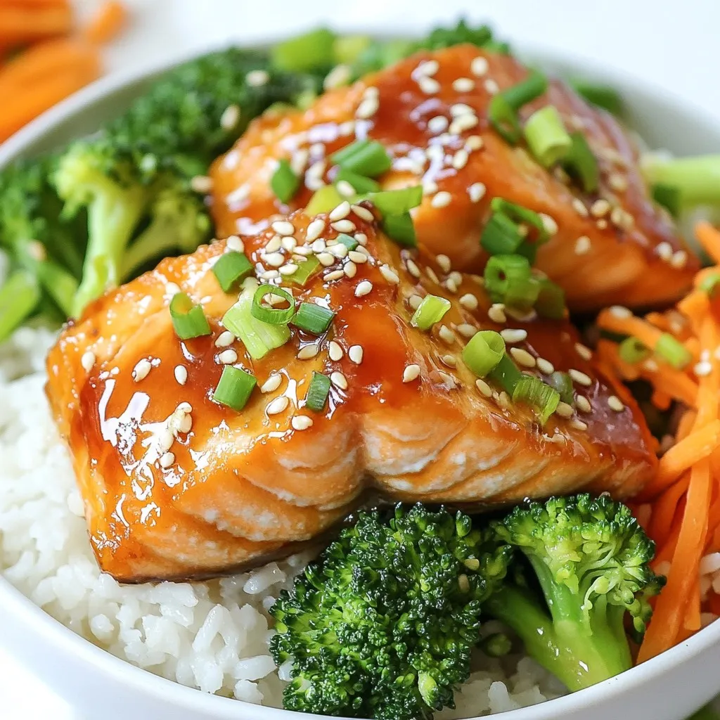 - 2 salmon fillets (about 6 oz each) - 1/4 cup soy sauce (low sodium) - 2 tablespoons brown sugar - 1 tablespoon sesame oil - 1 tablespoon grated ginger - 2 cloves garlic, minced - 1 cup jasmine rice - 2 cups broccoli florets - 1 cup shredded carrots - 1/4 cup green onions, sliced (for garnish) - 1 tablespoon sesame seeds (for garnish) - Salt and pepper, to taste For my Teriyaki Salmon Bowls, I use fresh salmon fillets. They add a rich flavor and good fats. I soak them in a special marinade. The marinade has soy sauce, brown sugar, sesame oil, ginger, and garlic. This mix gives the salmon a sweet and savory taste. I pair the salmon with jasmine rice, which is fluffy and fragrant. I also add colorful veggies like broccoli and carrots. They give the dish crunch and nutrients. For garnishes, I use sliced green onions and sesame seeds. They add a nice touch to the bowls. Together, all these ingredients create a bright and tasty meal. {{ingredient_image_1}} To mix the marinade, take a small bowl. Add 1/4 cup soy sauce, 2 tablespoons brown sugar, 1 tablespoon sesame oil, 1 tablespoon grated ginger, and 2 cloves minced garlic. Whisk these ingredients together until the sugar dissolves. This step is key. Marinating the salmon for at least 30 minutes allows flavors to soak in. The longer you marinate, the tastier the salmon becomes. Start by rinsing 1 cup of jasmine rice. Use cold water until the water runs clear. This removes excess starch. Next, put the rinsed rice in a medium pot. Add 1 3/4 cups of water and bring it to a boil. Cover the pot, reduce the heat to low, and let it cook for about 15 minutes. The rice should be tender and the water fully absorbed. After cooking, let it sit covered for another 5 minutes. This resting time helps rice fluff up nicely. While the rice cooks, prepare to blanch 2 cups of broccoli florets. Bring a small pot of water to a boil. Add the broccoli and let it cook for 2-3 minutes. This makes the broccoli bright green and crisp. Drain it right away to stop the cooking process. Enjoy that vibrant color and fresh texture! For cooking, preheat a non-stick skillet over medium heat. Take the marinated salmon fillets out, letting the excess marinade drip off. Place the fillets skin-side down in the hot skillet. Cook for 4-5 minutes. Then, flip the salmon and brush it with some reserved marinade. Cook for another 3-4 minutes. The salmon is done when it flakes easily with a fork. Fluff the jasmine rice with a fork and divide it into two bowls. Top each bowl with salmon, blanched broccoli, and shredded carrots. Drizzle the remaining marinade over everything. For a beautiful finish, garnish with sliced green onions and sesame seeds. Enjoy the colorful and tasty mix! For the best flavor, marinate the salmon for at least 30 minutes. This lets the fish soak up the sauce. If you want a sweeter taste, you can use honey or maple syrup instead of brown sugar. Both add a nice flavor twist. You can also grill or bake the salmon if you prefer. Grilling gives a smoky taste. Baking keeps it moist. For veggies, try snap peas, bell peppers, or even zucchini. Each choice adds color and crunch. Feel free to add spices like black pepper or chili flakes to the marinade for some heat. Fresh herbs, such as cilantro or basil, can give a fresh flavor boost. For garnishes, consider using sliced radishes or avocado for added creaminess. Pro Tips Marination Time: For the best flavor, allow the salmon to marinate for at least 1 hour, or even overnight if possible. Rice Cooking Tip: For extra flavor, cook the jasmine rice in vegetable or chicken broth instead of water. Broccoli Blanching: To maintain the vibrant green color of the broccoli, immediately plunge it into ice water after blanching. Serving Suggestion: Try adding avocado slices or edamame for additional creaminess and protein in your bowls. {{image_2}} You can switch salmon for chicken or tofu. For chicken, use boneless breasts or thighs. Cut them into small pieces for even cooking. Cook the chicken until it reaches 165°F. Tofu works great too. Use firm or extra-firm tofu for best results. Press it to remove moisture. Cut it into cubes and pan-fry until golden brown. Adjust cooking times as chicken takes longer than salmon. Sushi rice or quinoa can replace jasmine rice. Sushi rice gives a sticky texture. Cook sushi rice using a 1:1 ratio of rice to water. Quinoa is a healthy choice too. Rinse it well to remove bitterness. Use a 1:2 ratio of quinoa to water. Cook for about 15 minutes, or until it’s fluffy. Keep an eye on cooking times, as they differ. Use seasonal veggies for fresh flavor. In spring, try asparagus or snap peas. During summer, zucchini and bell peppers add great color. Fall brings sweet potatoes and Brussels sprouts. In winter, root vegetables like carrots and parsnips shine. Each veggie adds unique nutrients. For example, broccoli is high in vitamin C, while carrots provide beta-carotene. Choose what’s in season to enhance taste and nutrition. To store your teriyaki salmon bowls safely, follow these tips: - Cool Down: Let the bowls cool to room temperature first. - Use Airtight Containers: Place the salmon and rice in airtight containers. This keeps them fresh longer. - Separate Ingredients: If possible, store the salmon and veggies apart from the rice. This helps maintain texture. - Refrigerate Quickly: Store the bowls in the fridge within two hours of cooking. When you’re ready to enjoy leftovers, reheating correctly is key: - Oven Method: Preheat your oven to 350°F. Place the salmon and rice in a baking dish. Cover with foil and heat for about 15 minutes. - Microwave Method: Use a microwave-safe plate. Cover with a damp paper towel. Heat in short bursts of 30 seconds until warm. - Maintain Flavor and Texture: Add a splash of water to the rice before reheating. This helps keep it moist. - Check Temperature: Ensure the salmon reaches at least 145°F. Use a food thermometer for accuracy. With these tips, your teriyaki salmon bowls will taste great even as leftovers! Making teriyaki sauce is simple and fun. Here’s an easy recipe: - 1/4 cup soy sauce (low sodium) - 2 tablespoons brown sugar - 1 tablespoon sesame oil - 1 tablespoon grated ginger - 2 cloves garlic, minced 1. In a small bowl, whisk together the soy sauce and brown sugar. 2. Add sesame oil, ginger, and garlic. 3. Mix until the sugar dissolves. This homemade sauce adds a fresh flavor to your teriyaki salmon bowls. You can adjust the sweetness by adding more or less brown sugar. Yes, you can use frozen salmon. Here’s how to thaw and cook it well: - Thaw the salmon overnight in the fridge for best results. - If you're short on time, place the sealed salmon in cold water for about 30 minutes. - Pat the salmon dry with a paper towel before cooking. Frozen salmon can still taste great if cooked properly. Just be sure to adjust the cooking time, as it may take a bit longer to cook through. You can serve many great sides with teriyaki salmon bowls. Here are some ideas: - Steamed rice or quinoa for a healthy base - Fresh cucumber salad for a cool crunch - Edamame for added protein - Miso soup for a warm starter - Green tea for a refreshing drink These sides will complement the flavors of the teriyaki salmon and make your meal more enjoyable. Feel free to mix and match based on what you like! This blog post detailed how to make delicious teriyaki salmon bowls from scratch. I covered the key ingredients, from salmon fillets to veggies and garnishes. You learned step-by-step cooking instructions for the marinade, rice, and salmon. For best results, marinate your salmon well, and don't skip the blanching step for vibrant broccoli. Feel free to swap proteins and veggies to suit your taste. Enjoy your meal, and store any leftovers properly to keep their fresh flavor. Happy cooking!