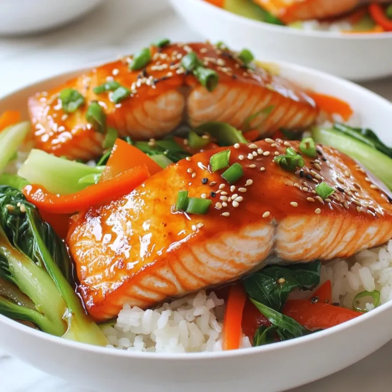 For a tasty teriyaki salmon bowl, you need these main items: - 2 salmon fillets - 1 cup cooked jasmine rice - 1 cup bok choy, chopped - 1 red bell pepper, thinly sliced - 1 carrot, julienned These ingredients create a balanced meal. The salmon provides protein, while the vegetables bring color and crunch. To flavor the salmon, mix these marinade ingredients: - 3 tablespoons teriyaki sauce - 1 tablespoon sesame oil - 1 teaspoon fresh ginger, grated - 1 garlic clove, minced This marinade adds a sweet and savory taste. The ginger gives it a nice zing, while the sesame oil adds depth. For extra flavor and a nice look, consider these garnishes: - 2 green onions, chopped - Sesame seeds for garnish - Salt and pepper to taste The green onions add freshness. Sesame seeds give a lovely crunch. You can adjust salt and pepper to your liking. By using these ingredients, you create a delicious and colorful bowl that not only tastes great but also looks appealing. {{ingredient_image_1}} First, make the marinade. In a small bowl, mix teriyaki sauce, sesame oil, grated ginger, and minced garlic. Place the salmon fillets in a shallow dish. Pour the marinade over the salmon. Cover and let it sit for at least 15 minutes. This gives the salmon a rich flavor. While the salmon marinates, cook the jasmine rice. Follow the package instructions. Once cooked, keep the rice warm. This rice is soft and pairs well with the salmon. Grab a large skillet and heat a splash of sesame oil over medium heat. Add the chopped bok choy, sliced red bell pepper, and julienned carrot. Sauté for about 5 to 7 minutes. You want the veggies to be tender but still bright. Season them with salt and pepper to taste. Once done, remove from heat. Now, heat a non-stick skillet over medium-high heat. Take the salmon out of the marinade and discard the leftover marinade. Place the fillets skin-side down in the skillet. Cook for 4 to 5 minutes on each side. The salmon should be flaky and cooked through. It’s time to build your bowls. Start with a scoop of jasmine rice in each bowl. Next, add the sautéed vegetables. Place a salmon fillet on top of each bowl. This layering makes the dish look nice. For the finishing touch, sprinkle the chopped green onions and sesame seeds on top. This adds flavor and a nice crunch. Your teriyaki salmon bowls are now ready to enjoy! To get the best flavor, marinate the salmon well. Mix teriyaki sauce, sesame oil, ginger, and garlic in a bowl. Then, place the salmon in a shallow dish. Pour the marinade over the salmon. Cover it and let it sit for at least 15 minutes. This short time really boosts the taste. If you have more time, letting it sit longer is even better. To cook the salmon just right, heat a non-stick skillet over medium-high heat. Remove the salmon from the marinade and put it skin-side down in the pan. Cook for about 4-5 minutes. Then, flip it over and cook for another 4-5 minutes. The fish should flake easily with a fork when it’s done. This method keeps the salmon moist and flavorful. For bright and tasty vegetables, sauté them over medium heat. Start by adding a splash of sesame oil to the skillet. Then add your bok choy, red bell pepper, and carrot. Stir them for about 5-7 minutes. You want them tender but still colorful. Season with salt and pepper to bring out their natural flavors. This quick cooking keeps the veggies crunchy and fresh. Pro Tips Marinating Time: For a more intense flavor, let the salmon marinate for up to an hour in the refrigerator. Vegetable Variations: Feel free to mix in other vegetables like snap peas or mushrooms for added texture and flavor. Cooking Salmon: Use a fish spatula to carefully flip the salmon without breaking it apart. Serving Suggestions: Serve with a wedge of lime or lemon for a fresh citrus kick that complements the teriyaki sauce. {{image_2}} You can switch the salmon for other proteins. Chicken works well with teriyaki sauce. Simply marinate chicken thighs or breasts in the same sauce. Tofu is a great choice, too. It soaks up flavors nicely. Just press out extra water, then marinate. Shrimp is another tasty option. Cook it for just a few minutes in the skillet for a quick meal. Each protein brings its own unique taste! Feel free to mix up the veggies in your bowl. Broccoli is a crunchy choice that pairs well. Snap peas add a sweet, fresh bite. Zucchini can be sliced and sautéed for a tender texture. You can also try mushrooms for an earthy flavor. Use whatever you have on hand. The key is to keep the colors bright and the flavors fresh! You can change the rice base for variety. Quinoa offers a nutty taste and is packed with protein. Cauliflower rice is a low-carb option. It is very easy to make; just pulse cauliflower in a food processor. For a twist, add cooked edamame or black beans to your rice. These add protein and a fun texture. Experiment with different grains and see what you like best! To store your teriyaki salmon bowls, let them cool first. Place the salmon, rice, and veggies in airtight containers. Make sure to keep them separate if possible. This helps retain the texture. Store in the fridge for up to three days. When you're ready to eat, you can reheat your bowls. Use the microwave for a quick option. Heat for about one to two minutes. Stir halfway to make sure it warms evenly. If you prefer, you can also use a skillet on medium heat. Add a splash of water to keep it moist. If you want to freeze the bowls, it’s best to freeze the salmon and rice separately from the veggies. Place them in freezer-safe bags. Label them with dates for easy tracking. They can last for up to three months in the freezer. When ready to eat, thaw overnight in the fridge before reheating. Yes, you can make this recipe gluten-free. Just swap regular teriyaki sauce for a gluten-free version. Also, check your sesame oil. Most are gluten-free, but some brands may have added ingredients. You can store teriyaki salmon bowls in the fridge for up to three days. Keep them in an airtight container to maintain freshness. If you want to enjoy them later, try not to mix the salmon with the rice and veggies. This way, everything stays tasty. You can serve teriyaki salmon bowls with many sides. Some great options include: - Steamed broccoli - Edamame - Cucumber salad - Seaweed salad These sides add color and flavor to your meal. Yes, you can use salmon fillets with skin on. The skin adds extra flavor and helps keep the fish moist while cooking. Just place the skin side down in the skillet. It will crisp up nicely! Teriyaki salmon bowls are easy and delicious. We covered the key ingredients, like the marinade and optional garnishes. I shared step-by-step instructions for marinating, cooking, and assembling your meal. Remember, practice helps you master the cooking tips. Feel free to explore variations with proteins and veggies. Store leftovers properly for later enjoyment. With these insights, you can make tasty teriyaki salmon bowls that impress your family and friends. Enjoy your cooking journey!