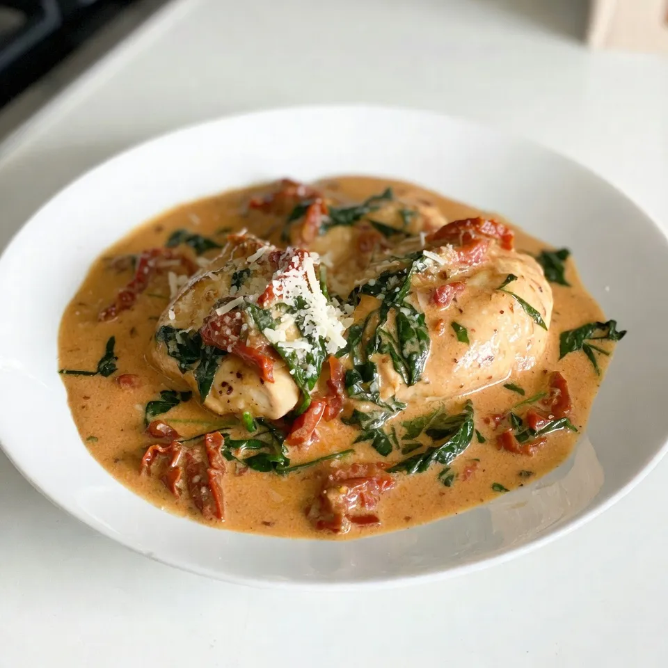 For this creamy sun-dried tomato chicken, gather these ingredients: - 2 boneless, skinless chicken breasts - 1 cup sun-dried tomatoes in oil, drained and chopped - 1 cup heavy cream - 1 cup chicken broth - 3 cloves garlic, minced - 1 teaspoon Italian seasoning - Salt and pepper to taste - 2 tablespoons olive oil - 1 cup fresh spinach - Grated Parmesan cheese for garnish You can swap ingredients if needed. For chicken, use thighs for more flavor. If you want a lighter option, swap heavy cream with half-and-half. You can use vegetable broth instead of chicken broth. If you lack sun-dried tomatoes, fresh tomatoes work too, but the taste will change. You can also add fresh herbs like basil for a fresh twist. For sun-dried tomatoes, I like brands like Bella Sun Luci or Mezzetta. Use heavy cream from brands like Land O'Lakes or Organic Valley. When it comes to chicken broth, Swanson is a good choice. For olive oil, choose a high-quality extra virgin oil like Pompeian or California Olive Ranch. These brands provide great flavor and quality for your dish. {{ingredient_image_1}} To make Creamy Sun-Dried Tomato Chicken, start with prep. Gather your ingredients first. This helps you stay organized. Heat 2 tablespoons of olive oil in a large skillet over medium-high heat. Sprinkle salt, pepper, and 1 teaspoon of Italian seasoning on both sides of 2 boneless, skinless chicken breasts. This adds flavor. Cook the chicken for about 6-7 minutes on each side. Look for a nice golden brown color. Once cooked, take the chicken out and set it aside. Next, add 3 minced garlic cloves to the same skillet. Sauté them for about 1 minute until they smell good. Then, stir in 1 cup of chopped sun-dried tomatoes. Cook this for another 2 minutes. Now, pour in 1 cup of chicken broth. Bring it to a gentle simmer and let it reduce for about 3-4 minutes. This step builds flavor. After that, lower the heat and mix in 1 cup of heavy cream. Stir well until the sauce is creamy and hot. Add 1 cup of fresh spinach to the sauce. Cook for about 1-2 minutes until the spinach wilts. Then, return the chicken to the skillet. Coat the chicken in the creamy sauce. Let it all simmer for another 5 minutes. This allows the flavors to meld together. To ensure juicy chicken, do not overcook it. Use a meat thermometer if you have one. The chicken should reach an internal temperature of 165°F. Also, let the chicken rest for a few minutes before slicing. This keeps it tender and juicy. Seasoning the chicken well is key. Don't skip the salt and pepper. To get a rich sauce, use heavy cream. It makes the sauce thick and creamy. If you want more flavor, add a splash of white wine before the broth. This adds depth. Make sure to mix well as you go. Stirring helps combine all the flavors. If the sauce is too thick, add a bit more chicken broth. Adjust to your taste. For a final touch, sprinkle grated Parmesan cheese on top before serving. It adds a nice finish. To make your sauce super creamy, use more heavy cream. If you want a richer flavor, add a bit more sun-dried tomatoes too. For a touch of tang, cream cheese can work well. Just mix it in slowly until it melts. This gives a nice texture and taste. Creamy Sun-Dried Tomato Chicken shines with pasta or rice. They soak up the sauce well. Try serving it over fettuccine for a classic twist. Garlic bread on the side adds crunch. A fresh salad with lemon dressing brightens up the meal. It balances the rich flavors nicely. One common mistake is overcooking the chicken. Aim for golden brown on both sides. Another mistake is skipping the simmering step after adding broth. This step helps build the sauce’s flavor. Lastly, don’t rush adding spinach. Let it wilt fully for the best taste. Pro Tips Use Fresh Ingredients: Whenever possible, opt for fresh spinach and high-quality sun-dried tomatoes to enhance the flavor of your dish. Perfectly Cooked Chicken: To ensure your chicken breasts remain juicy, use a meat thermometer and cook them to an internal temperature of 165°F (75°C). Thickening the Sauce: If you prefer a thicker sauce, allow it to simmer a little longer after adding the cream, or mix in a cornstarch slurry. Flavor Variations: Experiment with adding a splash of white wine or a teaspoon of lemon juice for a brighter flavor profile in the sauce. {{image_2}} You can boost the nutrition and color of your dish by adding vegetables. Fresh spinach is a great start, but you can also include: - Bell peppers - Zucchini - Mushrooms - Broccoli These veggies add texture and flavor. Sauté them for a few minutes before adding the cream. This way, they stay bright and tender. If you want to switch things up, try different proteins. You can use: - Turkey breasts - Shrimp - Tofu Each choice brings a unique taste. Cook them the same way as chicken. Adjust cooking time based on the protein you choose. Enhancing flavors can make your dish pop. You might use: - Fresh basil - Thyme - Oregano These herbs add depth. Sprinkle them in while cooking the sauce. You can also add a pinch of red pepper flakes for heat. Experiment with these options to find your favorite taste! To keep your Creamy Sun-Dried Tomato Chicken fresh, place it in an airtight container. Let it cool down first. Store it in the fridge. It will stay good for 3 to 4 days. Label your container with the date. This way, you’ll know when to eat it. When you’re ready to heat your leftovers, do it gently. A skillet works best. Add a splash of chicken broth to keep it moist. Heat it over medium-low heat. Stir it often until it’s warmed through. You can also use a microwave. Heat in short bursts to avoid overcooking. If you want to save some for later, freezing is a great option. Cool the dish fully before freezing. Use a freezer-safe container or a zip-top bag. Remove as much air as possible. It will keep well for up to 3 months. When you’re ready to eat, thaw it overnight in the fridge before reheating. Yes, you can use fresh tomatoes. However, sun-dried tomatoes give a deep flavor. Fresh tomatoes add moisture but lack the same intensity. To substitute, use about two medium fresh tomatoes. Chop them fine and cook a bit longer to reduce excess water. This keeps your sauce thick and rich. You have many options! This dish pairs well with fluffy rice or pasta. You can also serve it with roasted veggies or a fresh salad. If you want more flavor, sprinkle fresh basil on top. It adds color and a nice herbal touch. To make it dairy-free, swap heavy cream with coconut cream or cashew cream. Both create a creamy texture without dairy. Use nutritional yeast instead of Parmesan cheese for a cheesy flavor. This keeps your dish rich and delicious while being dairy-free. This blog post covers all you need for Creamy Sun-Dried Tomato Chicken. We went over the key ingredients, offered swaps, and named some top brands. You learned a clear cooking process and tips for perfect results. I shared tricks for creaminess and what to pair with the dish. You can explore variations with veggies and flavors. Finally, I explained how to store leftovers and answered common questions. Enjoy cooking this dish, and make it your own. You have the tools to create something tasty and impressive.