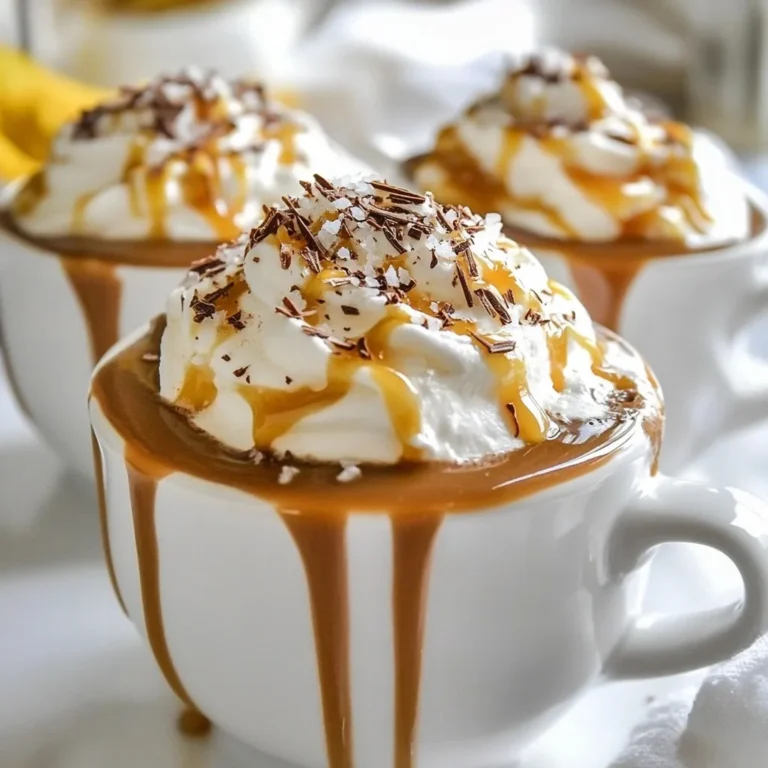 To make the perfect salted caramel hot chocolate, gather these simple ingredients: - 2 cups whole milk - 1 cup heavy cream - 1/2 cup semi-sweet chocolate chips - 1/4 cup unsweetened cocoa powder - 1/3 cup salted caramel sauce (store-bought or homemade) - 1 teaspoon vanilla extract - Whipped cream (for topping) - Flaky sea salt (for garnish) - Chocolate shavings or cocoa powder (for garnish) These ingredients work together to create a rich and creamy drink. Whole milk and heavy cream give it a silky texture. Semi-sweet chocolate chips add depth, while cocoa powder brings out a bold chocolate flavor. Salted caramel sauce adds sweetness and a touch of saltiness. The vanilla extract enhances all these flavors, making each sip delightful. Whipped cream on top makes it look fancy and taste even better. Flaky sea salt adds a nice crunch and contrast. Finally, chocolate shavings or cocoa powder finishes the drink with a beautiful touch. Enjoy this indulgent treat any time you want to warm up! {{ingredient_image_1}} 1. Heating milk and cream Start by grabbing a medium saucepan. Pour in 2 cups of whole milk and 1 cup of heavy cream. Heat this mixture over medium heat. Stir it gently. You want it to steam, not boil. This part makes your drink creamy. 2. Melting chocolate and mixing in ingredients Once your milk and cream are hot, lower the heat to low. Now, add 1/2 cup of semi-sweet chocolate chips and 1/4 cup of unsweetened cocoa powder. Whisk them together until they melt fully. The mixture should look smooth and glossy. 3. Adjusting sweetness Next, stir in 1/3 cup of salted caramel sauce and 1 teaspoon of vanilla extract. Mix well and let it warm for about 2-3 minutes. Now is a good time to taste your hot chocolate. If you want it sweeter, add more caramel sauce. 4. Serving the hot chocolate Remove the saucepan from the heat. Grab your mugs and pour the hot chocolate into them. Top each mug with a big dollop of whipped cream. Drizzle some extra salted caramel sauce on top. Finish with a sprinkle of flaky sea salt and some chocolate shavings. Enjoy your treat! - Choosing the right types of chocolate: I like to use semi-sweet chocolate chips for a rich and balanced flavor. You can also mix in dark chocolate for a deeper taste. Experiment with different chocolates for fun twists! - Customizing sweetness levels: Start with the salted caramel sauce in the recipe. Taste your hot chocolate before serving. If it's not sweet enough, add more caramel. You control the sweetness! - Best practices for garnishing: Always top with whipped cream for a creamy finish. A drizzle of salted caramel sauce adds sweetness and flair. Finally, a sprinkle of flaky sea salt makes each sip special. Try adding chocolate shavings or a dusting of cocoa powder to impress your guests. Pro Tips Use Quality Chocolate: Opt for high-quality semi-sweet chocolate chips for a richer flavor in your hot chocolate. Homemade Caramel: If you have time, try making your own salted caramel sauce for an extra special touch. Whipped Cream Variations: Experiment with flavored whipped cream, such as vanilla or hazelnut, to elevate the taste. Serving Suggestions: Pair your hot chocolate with a slice of chocolate cake or cookies for a delightful treat. {{image_2}} You can easily make this salted caramel hot chocolate without dairy. Use almond or oat milk instead of whole milk and cream. Both options give a lovely creaminess without the dairy. I enjoy almond milk for its light nutty flavor. Oat milk has a thicker texture, which is great for a rich drink. For chocolate, go for dairy-free chocolate chips. Many brands offer smooth options that melt well. Make sure to check the labels. You want to find chocolate that suits your taste and keeps it dairy-free. If you want a fun twist, try adding a splash of liqueur. A bit of Irish cream or hazelnut liqueur can add a lovely kick. Just pour in a small amount, about 1 to 2 ounces, into your hot chocolate before serving. For a cozy evening, I recommend pairing with bourbon or dark rum. These spirits enhance the sweetness and richness of the drink. You can also top it with whipped cream for a festive touch. Enjoy your cozy drink with a twist! To store your salted caramel hot chocolate, let it cool first. Pour any leftovers into a clean container. Seal it tightly with a lid. I recommend using glass jars or airtight plastic containers. Place the container in the fridge. This keeps it fresh and tasty. When you want to enjoy it again, you can reheat it. Pour the hot chocolate into a saucepan. Warm it over low heat. Stir gently until it’s hot. Avoid boiling, as it can alter the texture. If it seems thick, add a splash of milk to loosen it up. Your salted caramel hot chocolate stays fresh for up to three days in the fridge. After that, it may lose its flavor and creaminess. Always check for any odd smells or changes before drinking. Enjoy it while it’s still delicious! Can I use different types of chocolate? Yes, you can! Dark chocolate adds a rich taste. Milk chocolate gives a sweeter flavor. Use your favorite to make it special. How can I make it sugar-free? To make it sugar-free, use sugar-free chocolate chips and sugar-free caramel sauce. You can also add a sugar substitute if you like. What’s the best brand for salted caramel sauce? Some top brands are Torani, Smucker’s, and Ghirardelli. They offer great flavors and save time. You can also make your own at home. Can I prepare it in advance? Yes, you can! Make the hot chocolate and store it in the fridge. When ready to serve, just reheat it gently. Stir well before serving. This post shared how to make delicious salted caramel hot chocolate. We covered the right ingredients, from whole milk to chocolate shavings. I gave you steps to prepare and serve it perfectly. You learned tips for customizing flavor and the best ways to store leftovers. Don’t forget the fun variations, like dairy-free choices or spiked versions. Enjoy making your perfect cup of hot chocolate. Take your time and let your taste guide you.