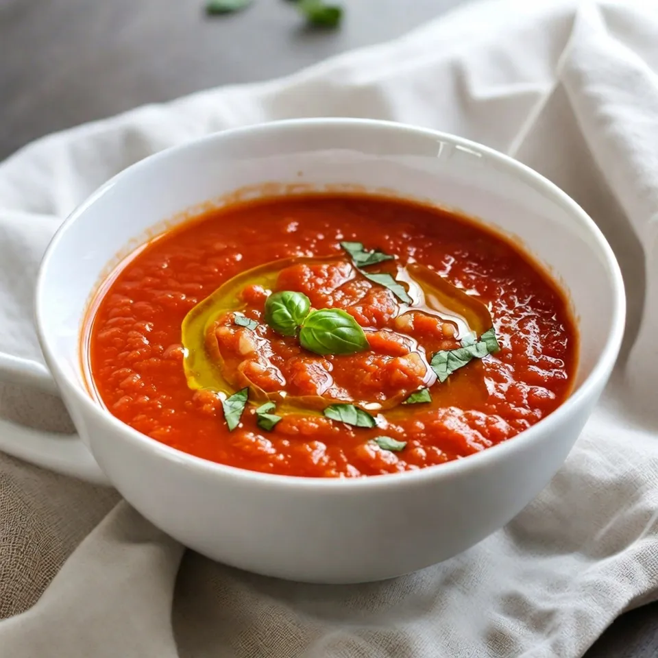 To make a warm bowl of roasted garlic tomato soup, you need simple and fresh ingredients. Each one plays a key role in building flavor. Here is what you will require: - 6 ripe tomatoes, halved - 1 head of garlic, unpeeled - 1 medium onion, chopped - 2 tablespoons olive oil - 1 teaspoon dried oregano - 4 cups vegetable broth - Salt and pepper to taste - Fresh basil leaves for garnish - 1 tablespoon balsamic vinegar (optional for depth of flavor) Each ingredient offers its own unique taste. The tomatoes give sweetness, while garlic adds a rich depth. The onion brings a nice base flavor. Olive oil helps to enhance all these tastes. Dried oregano provides a touch of earthiness. Vegetable broth is the heart of the soup, making it warm and cozy. Salt and pepper are your basic seasonings, helping to balance the flavors. Fresh basil will add a pop of color and freshness at the end. Plus, a splash of balsamic vinegar can give that extra kick. Gather these items before you start cooking. This will make the process easier and more enjoyable. Each ingredient plays a part in creating a comforting and tasty soup that warms the soul. {{ingredient_image_1}} Start by preheating your oven to 400°F (200°C). This step is key for roasting. While the oven heats, you can prepare your tomatoes and garlic. Take six ripe tomatoes and cut them in half. Place them cut side up on a baking tray. Now, grab a whole head of garlic and leave it unpeeled. Put it on the tray with the tomatoes. Drizzle one tablespoon of olive oil over everything. Add a sprinkle of salt and pepper for flavor. Put the tray in the oven and roast for about 30 to 35 minutes. You want the tomatoes to become soft and the garlic to turn golden. To achieve a perfect roast, check halfway through. If they look dry, you can add a tiny bit more olive oil. This ensures they stay juicy and delicious. While your tomatoes and garlic roast, heat one tablespoon of olive oil in a large pot over medium heat. Add the chopped onion and sauté it for about five minutes. You want it soft and translucent. Once your tomatoes and garlic are done, squeeze the roasted garlic into the pot. Discard the skins. Add the roasted tomatoes and any juices that are on the tray. Pour in the four cups of vegetable broth and a teaspoon of dried oregano. Bring this to a simmer and cook for another 10 to 15 minutes. This step blends the flavors beautifully. Now it's time to blend the soup. You can use an immersion blender right in the pot. This makes it easy! If you don’t have one, carefully transfer the soup in batches to a traditional blender. Blend until it’s smooth. You might want to check the texture. If you like it chunkier, blend less. After blending, taste your soup. Adjust the seasoning with more salt, pepper, or even balsamic vinegar if you want extra depth. For a lovely finish, garnish with fresh basil leaves before serving. This adds color and flavor to your dish. Enjoy your warm bowl of roasted garlic tomato soup! To boost flavor in your roasted garlic tomato soup, consider adding a few special ingredients. - Fresh herbs: Basil or thyme can give a nice touch. - A splash of balsamic vinegar: This adds depth and sweetness. - A pinch of red pepper flakes: This gives a slight kick. For seasoning, I recommend using salt and pepper early. Taste as you go. This way, you can adjust to your liking. Many home cooks make a couple of key mistakes. Avoid over-roasting your tomatoes. They should be soft but not burnt. Keep an eye on them during roasting. Another common issue is not blending the soup properly. You want a smooth texture. If you use a traditional blender, do it in small batches. This will help prevent spills. Roasted garlic tomato soup pairs well with many sides. - Crusty bread or grilled cheese: Perfect for dipping and adds heartiness. - Homemade croutons: These add crunch and texture. You can also serve it with a side salad. This adds freshness and balance to the meal. Enjoy your cozy soup! Pro Tips Choose Ripe Tomatoes: Using ripe, in-season tomatoes will enhance the flavor of your soup significantly. Don't Skip the Garlic: Roasting the garlic brings out its sweetness and mellows its flavor, making the soup rich and aromatic. Adjust Consistency: If you prefer a thicker soup, reduce the amount of broth, or let it simmer longer to concentrate the flavors. Experiment with Herbs: Fresh herbs like thyme or rosemary can be added for a different flavor profile that complements the tomatoes beautifully. {{image_2}} To make this soup vegan, use only plant-based ingredients. The recipe is already vegan, so you can enjoy it guilt-free. For gluten-free options, check your vegetable broth. Most brands are gluten-free, but read the label to be sure. You can also add gluten-free pasta or rice for extra texture. You can make this soup heartier by adding proteins. Chickpeas work great! They add protein and fiber. You can also toss in some cooked lentils for a nutty taste. For veggies, try adding carrots or spinach. They blend well and add color. You can adjust the spice level to match your taste. If you like mild flavors, stick to the recipe. For a kick, add red pepper flakes or a dash of hot sauce. Fresh herbs like parsley or cilantro can brighten the soup. If you use dried herbs, add them early in the cooking. This helps release their flavor. After you make your roasted garlic tomato soup, let it cool first. Then, pour it into an airtight container. This keeps out air and moisture. Store the soup in the fridge. It will last up to 4 days. If you want to enjoy it later, avoid adding fresh basil until you serve. To freeze your soup, follow these steps: - Allow the soup to cool completely. - Pour it into freezer-safe bags or containers, leaving space for expansion. - Label the bags with the date. - Place them in the freezer. The soup can last up to 3 months. When you’re ready to eat, take it out of the freezer. Move it to the fridge to thaw overnight. For quick thawing, you can place the bag in cold water. Reheat it on the stove over medium heat. Stir often to avoid burning. Before serving leftover soup, reheat it gently. This helps keep the flavor fresh. If it seems thick, add a splash of water or broth. Stir well to mix. Taste the soup and adjust the seasoning if needed. Adding a little fresh basil at this point can bring back its bright flavor and aroma. Enjoy your comforting bowl of soup! Roasted Garlic Tomato Soup can last about 3 to 5 days in the fridge. To store, let the soup cool completely. Then, pour it into an airtight container. This helps keep it fresh. Always check for signs of spoilage before eating. Yes, you can use canned tomatoes for this soup. Canned tomatoes save time and still taste great. Choose whole or diced tomatoes for the best results. Just drain excess liquid if needed. This makes your soup thicker. The best way to reheat the soup is on the stove. Pour the soup into a pot and heat it over medium heat. Stir often to prevent sticking. You can also use a microwave. Just heat in short bursts, stirring in between. Yes, you can make this soup ahead of time. It tastes even better after a day in the fridge. You can also freeze it for later. Just cool the soup, then transfer it to a freezer-safe container. When ready, thaw it in the fridge overnight. In summary, this guide walked you through making a delicious roasted garlic tomato soup. We covered ingredients, step-by-step instructions, and tips for flavor and storage. Remember, fresh ingredients truly enhance your soup's taste. Avoid over-roasting and blend well for the best texture. Explore variations like vegan options and different spices to tailor it to your taste. With these techniques, you’ll enjoy a warm, rich soup ready to impress. Happy cooking!