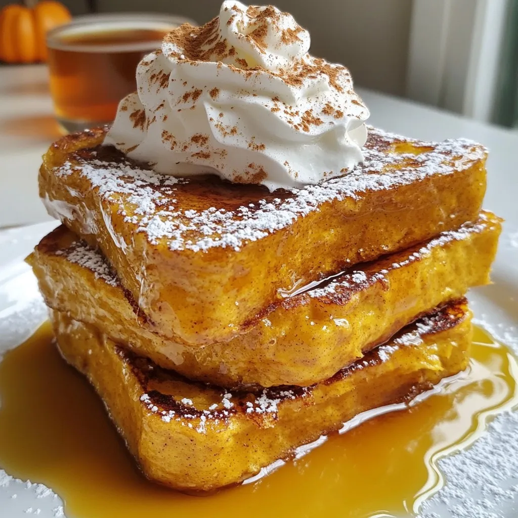 For this Pumpkin Pie French Toast, you need thick bread. Good options are challah or brioche. They soak up the flavor well. Use two large eggs for a rich base. You can swap regular milk for a non-dairy milk if you prefer. Pumpkin puree is the star of this dish. It adds creamy texture and a nice flavor. A teaspoon of vanilla extract boosts the taste. To sweeten the mix, use one tablespoon of brown sugar. This gives a warm, caramel note. Pumpkin pie spice brings warmth and depth. You need one teaspoon of it. A quarter teaspoon of nutmeg adds a cozy flavor. Don’t forget a pinch of salt; it balances the sweetness and enhances the flavors. {{ingredient_image_1}} Start by grabbing a large mixing bowl. In that bowl, whisk together the following ingredients: - 2 large eggs - 1 cup pumpkin puree - 1/2 cup milk (dairy or non-dairy) - 1 teaspoon vanilla extract - 1 tablespoon brown sugar - 1 teaspoon pumpkin pie spice - 1/4 teaspoon nutmeg - A pinch of salt Whisk until everything blends well. You want a smooth and creamy mixture. This is the base for your French toast. Now, take your non-stick skillet or griddle. Preheat it over medium heat. Once it's warm, add 1 tablespoon of butter. Let it melt and bubble. You want that butter to coat the pan nicely. This will help cook your toast evenly and add flavor. Next, it's time to dip the bread. Take each slice of thick bread, like challah or brioche. Dip it into your pumpkin mixture. Make sure both sides are coated well, but don’t soak it. Allow any extra batter to drip off. Place the coated bread slices on the skillet. Cook each slice for about 3-4 minutes per side. You want them to turn golden brown and slightly crispy. If needed, add more butter before flipping. When they're done, remove them from the skillet and keep warm while you cook the rest. Serve your French toast hot, drizzled with maple syrup and topped with whipped cream for a delightful finish. Enjoy! To make great Pumpkin Pie French Toast, you need to ensure the bread is coated evenly. Dip each slice fully but do not soak it. Let any extra batter drip off. This keeps the toast from getting soggy. The right skillet temperature is also key. Preheat your skillet to medium heat. If it's too hot, the outside may burn before the inside cooks. If it’s too low, the toast can turn out limp and pale. When serving, I highly recommend drizzling maple syrup on top. The sweet syrup pairs well with the warm spices in the toast. A dollop of whipped cream adds a creamy touch and makes it feel special. You can also try adding a sprinkle of cinnamon for extra flavor. For a lovely presentation, dust your French toast with powdered sugar. This adds a sweet touch and looks beautiful. A light sprinkle of cinnamon on top enhances the pumpkin pie vibe. You can serve it on a colorful plate to make it pop. This little effort makes your dish look like it came from a fancy restaurant. Pro Tips Choose the Right Bread: Thick slices of bread like challah or brioche absorb the pumpkin mixture beautifully, giving you a rich and satisfying French toast. Don’t Soak Too Long: Dip the bread slices quickly in the pumpkin mixture. Prolonged soaking can make them too soggy and difficult to cook. Adjust Cooking Temperature: If the toast is browning too quickly, lower the heat slightly. You want a golden crust without burning the outside. Add Extra Flavor: Enhance the flavor by mixing in a pinch of ginger or cloves to the pumpkin mixture for a more complex spice profile. {{image_2}} You can use many types of bread for this recipe. I love brioche and challah for their rich flavor. They soak up the batter well and become soft and tasty. If you need a gluten-free option, you can use gluten-free bread. It will still taste great, and everyone can enjoy it. Want to add a twist? Try adding chocolate chips or nuts to the batter. Chocolate chips bring a sweet touch. Nuts add a nice crunch. Both options make the dish more fun and tasty. You can also mix these flavors with the spices for more depth. Change the spices or sweeteners based on the season. In fall, stick with pumpkin pie spice. In winter, you might like cinnamon or ginger. You can even use maple syrup or honey instead of brown sugar. This keeps the dish fresh and exciting all year long. To keep your Pumpkin Pie French Toast fresh, store it in the fridge. Place the slices in an airtight container. This helps them stay moist and tasty. They can last up to three days in the fridge. If you want to keep them longer, consider freezing. When you’re ready to enjoy your leftovers, reheating is key. The best way is to use a skillet. Heat it on medium and add a bit of butter. Place the slices on the skillet for about 2-3 minutes on each side. This keeps them crispy. You can also use a microwave, but it may not be as crispy. To freeze your Pumpkin Pie French Toast, let it cool first. Wrap each slice in plastic wrap. Then, place them in a freezer bag. Make sure to squeeze out as much air as possible. They can last up to two months in the freezer. When you're ready to eat, thaw in the fridge overnight, then reheat as noted above. You can make this dish vegan by using plant-based substitutes. Replace the eggs with flaxseed meal or chia seeds mixed with water. Use non-dairy milk like almond or oat milk instead of regular milk. This way, you keep the flavor while making it vegan-friendly. Yes, you can prepare the batter ahead of time. Mix all the ingredients and store them in the fridge. Just cover the bowl tightly. You can keep it for up to 24 hours. This saves time in the morning and makes brunch easier. You can pair this treat with many sides. Bacon or sausage adds a savory touch. Fresh fruit like berries or sliced bananas brings sweetness. For drinks, coffee or spiced apple cider works great. Enjoying these together makes the meal even better. You can create a delightful Pumpkin Pie French Toast using the right ingredients and techniques. Start with thick bread and enhance flavors with pumpkin puree and spices. Mixing the batter, cooking it just right, and trying fun topping ideas adds joy to the process. Keep leftovers well and reheat them perfectly. Explore variations to suit your taste and the season. This dish is perfect for breakfast or a cozy brunch. Enjoy making this treat your way!