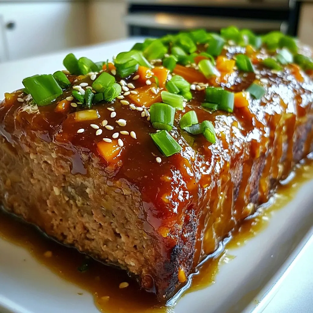 - 1 lb ground beef or turkey - 1 cup breadcrumbs - 1/2 cup finely chopped onion - 1/2 cup grated carrot - 2 cloves garlic, minced In this recipe, the choice of meat is key. Ground beef gives a rich flavor, while turkey is lighter. Breadcrumbs help bind the mix and keep it moist. The chopped onion and grated carrot add sweetness and texture. Garlic brings a savory punch that enhances the dish. - 1/4 cup teriyaki sauce (store-bought or homemade) - 1 tablespoon soy sauce - 1 tablespoon ginger paste or freshly grated ginger - 1/4 teaspoon black pepper - 1/4 teaspoon salt You can use store-bought teriyaki sauce for ease. Alternatively, homemade sauce lets you control flavors. Soy sauce adds depth, while ginger gives a fresh kick. Black pepper and salt balance the sweetness of the teriyaki sauce. - Sesame seeds - Chopped green onions Garnishing with sesame seeds adds a nice crunch. Chopped green onions bring a fresh, bright flavor. These simple toppings elevate the dish and make it visually appealing. They also add a pop of color to your plate. {{ingredient_image_1}} First, preheat your oven to 350°F (175°C). This step is key for a good bake. Line your loaf pan with parchment paper. This helps with easy removal later. Next, grab a large mixing bowl. Combine 1 pound of ground beef, 1 cup of breadcrumbs, 1/2 cup of finely chopped onion, 1/2 cup of grated carrot, and 2 minced cloves of garlic. Mix these dry ingredients together well. In a separate bowl, whisk together 1/4 cup of milk, 1 large egg, 1/4 cup of teriyaki sauce, 1 tablespoon of soy sauce, 1 tablespoon of ginger paste, 1/4 teaspoon of black pepper, and 1/4 teaspoon of salt. This wet mixture adds flavor and moisture. Pour the wet mixture into the bowl with the meat and veggies. Use your hands or a spatula to mix everything together. Be careful not to overmix. You want a tender meatloaf, not a tough one. Now, transfer the meat mixture to the prepared loaf pan. Shape it gently into a loaf. This gives it a nice form for baking. For extra flavor, drizzle a bit more teriyaki sauce on top. This glaze adds a sweet and savory touch to the meatloaf. Bake the meatloaf in the preheated oven for about 45-50 minutes. Check the internal temperature. It should reach 160°F (70°C) for safe eating. Once it’s done, remove the meatloaf from the oven. Let it rest for about 10 minutes before slicing. Resting helps the juices stay in the meat, making each slice juicy and flavorful. To keep your meatloaf tender, avoid overmixing. When you mix, do it gently. This keeps the meatloaf from becoming tough. You can also try different ground meats. Ground turkey gives a lighter taste. Ground beef has a rich flavor. Each option changes the dish a bit. You can add more flavor with extra ingredients. Chopped bell peppers or mushrooms work well. They add texture and taste. Fresh herbs can brighten the dish. Dried herbs are fine but fresh make a big difference. Try using fresh basil or cilantro for added zest. Pair your Teriyaki Glazed Meatloaf with simple sides. Steamed rice is a great choice. It soaks up the thick teriyaki glaze. You can also serve it with a fresh salad. A green salad adds crunch and balance. For sauces, a bit of extra teriyaki on the side is perfect. It gives a boost if you want more flavor. Pro Tips Use Fresh Ingredients: Fresh vegetables and high-quality meat can significantly enhance the flavor and texture of your meatloaf. Don't Overmix: Mix the ingredients just until combined to ensure a tender meatloaf. Overmixing can lead to a dense texture. Let it Rest: Allowing the meatloaf to rest for about 10 minutes after baking helps the juices redistribute, making each slice juicier. Experiment with Glazes: Feel free to try different glazes like BBQ sauce or honey mustard for a unique twist on the classic flavor. {{image_2}} You can swap ground beef for ground turkey or chicken. This gives you a lighter meal but keeps the flavor. Use the same amount as the beef. For those who prefer plant-based options, try lentils or mushrooms. These vegan choices make a delicious and hearty meatloaf. To change the taste, add spices like paprika or cumin. Chopped herbs like cilantro or basil can also add a fresh twist. You can sneak in vegetables too, like bell peppers or zucchini. They make the meatloaf moist and add more nutrients. If you want a slow cooker version, mix the ingredients as usual. Shape the meatloaf and place it in the slow cooker. Cook on low for about six hours. For a smoky flavor, try grilling or smoking the meatloaf. This method gives it a unique taste and crispy edges. Store your leftover Teriyaki Glazed Meatloaf in the fridge for up to three days. To keep it fresh, cover it tightly with plastic wrap or foil. You can also place it in an airtight container. This helps prevent moisture loss and keeps flavors intact. To freeze your meatloaf, let it cool completely first. Then, wrap it tightly in plastic wrap and place it in a freezer-safe bag or container. This way, it can last for up to three months in the freezer. When ready to eat, thaw it in the fridge overnight. Reheat slices in the oven at 350°F (175°C) for about 20 minutes, or until heated through. You can also microwave individual slices for quick meals. In general, cooked meat can last about three to four days in the fridge. Always check for signs of spoilage. Look out for an off smell, discoloration, or a slimy texture. If you notice any of these, it’s best to discard the meatloaf. What to do if the meatloaf is too dry? If your meatloaf is too dry, add more moisture. You can use a bit of milk or more teriyaki sauce. Mixing in some finely chopped veggies can also help keep it moist. Can I make this recipe gluten-free? Yes, you can make this recipe gluten-free. Use gluten-free breadcrumbs instead of regular ones. Ensure your teriyaki sauce is gluten-free too. Many brands offer gluten-free options. How do I know when the meatloaf is cooked through? Check the meatloaf’s internal temperature. It should reach 160°F (70°C). A meat thermometer is the best tool for this. If you don’t have one, cut into the center. It should be no longer pink. What can I use instead of breadcrumbs? You can use crushed crackers or oats instead of breadcrumbs. Both options help bind the meatloaf. Ground nuts can also work for a low-carb choice. Can I replace teriyaki sauce with another sauce? Yes, you can replace teriyaki sauce with barbecue sauce or soy sauce. Each will give a different flavor, but they will still taste great. How to adjust the recipe for more servings? To serve more people, simply double the recipe. Adjust all ingredients equally. Use a larger loaf pan, or split the mixture into two pans. Can I halve the recipe for fewer people? Yes, you can easily halve the recipe. Cut each ingredient in half. This works well for smaller meals or quick dinners. Teriyaki Glazed Meatloaf combines simple ingredients into a tasty meal. You learned about main ingredients, proper mixing techniques, and creative serving ideas. Also, we explored variations like vegetarian options and storage tips. Now you can make this dish your own with different flavors. Enjoy the process and share it with friends. Cooking should be fun and rewarding, so dive into your teriyaki meatloaf adventure!