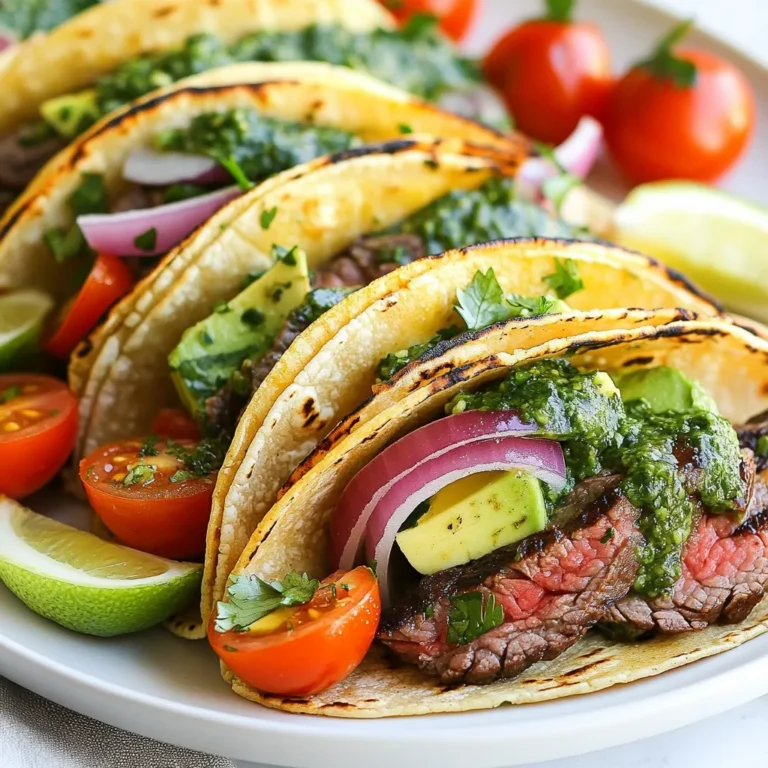 - 1 lb flank steak - 1 tablespoon olive oil - 8 small tortillas (corn or flour) - 1 cup cherry tomatoes, halved - 1 avocado, sliced - 1 small red onion, thinly sliced - Fresh cilantro for garnish - 1 cup fresh parsley leaves, packed - 1/2 cup fresh cilantro leaves, packed - 3 cloves garlic - 1/2 teaspoon red pepper flakes - 1/4 cup olive oil - 2 tablespoons red wine vinegar (non-alcoholic) - Salt and pepper to taste - Food processor - Grill or skillet - Mixing bowl Gather these ingredients for a tasty meal. The flank steak brings a rich flavor. Olive oil keeps the steak juicy and helps the spices stick. Tortillas hold all the goodness together. Cherry tomatoes add sweetness, while avocado gives creaminess. Red onion adds a nice crunch. Fresh cilantro brightens the dish. For the chimichurri sauce, fresh parsley and cilantro are key. Garlic gives it a punch. Red pepper flakes add a bit of heat. Olive oil makes it smooth, and red wine vinegar adds zing. Salt and pepper are must-haves to elevate flavors. Make sure you have a food processor to blend your sauce well. A grill or skillet will help cook the steak perfectly. A mixing bowl is handy for preparing the sauce and assembling your tacos. Enjoy the process! {{ingredient_image_1}} - Combine parsley, cilantro, garlic, red pepper flakes, and red wine vinegar in a food processor. - Blend while gradually adding olive oil until the sauce is thick and pourable. - Season with salt and pepper to taste. The key here is to use fresh herbs. They give the sauce a bright flavor. You can adjust the red pepper flakes if you want more heat. Let the sauce sit for at least 15 minutes. This step helps the flavors blend better and taste amazing. - Preheat your grill or skillet to medium-high heat. - Rub the flank steak with olive oil, salt, and pepper. - Grill or sear the steak for 5-7 minutes on each side. Adjust time for your desired doneness. - Let the steak rest for 5 minutes before slicing. Resting the steak is very important. It keeps the juices inside, making each bite tender and juicy. For best results, use a meat thermometer. Aim for 130°F for medium-rare. - Warm the tortillas in a dry skillet for about 30 seconds on each side. - Layer sliced steak, cherry tomatoes, avocado, and red onion on each tortilla. - Drizzle with chimichurri sauce and garnish with fresh cilantro. Warming the tortillas makes them soft and easy to fold. Feel free to get creative with toppings. You can add cheese, jalapeños, or even grilled peppers for extra flavor. Enjoy every bite of these flavorful tacos! - Use fresh herbs for the best flavor. Fresh parsley and cilantro make a big difference. - Adjust red pepper flakes for heat preference. Add more for a spicy kick or less for mild. - Let the sauce sit for at least 15 minutes to enhance flavors. This waiting time allows the herbs to infuse. - Use a meat thermometer for precise doneness. Aim for 130°F for medium-rare steak. - Always slice against the grain for tender pieces. This method breaks up the muscle fibers. - Letting the steak rest helps retain juices. Rest it for about 5 minutes before slicing. - Pair with lime wedges for added zest. A squeeze of lime brightens the dish. - Offer extra chimichurri as a dipping sauce. It adds flavor and moisture to each bite. - Serve with sides like Mexican street corn or black beans. These sides complement the tacos perfectly. Pro Tips Rest the Steak: Allow the flank steak to rest for at least 5 minutes after cooking. This helps retain its juices, making each bite more flavorful and tender. Customize the Chimichurri: Feel free to adjust the herbs and spices in your chimichurri sauce. Adding oregano or mint can provide a unique twist to the classic flavor. Warm Tortillas Properly: Warming the tortillas in a dry skillet enhances their flavor and texture. This simple step makes them more pliable and delicious. Presentation Matters: Serve your tacos on a rustic wooden board with lime wedges and extra cilantro. A beautiful presentation adds to the enjoyment of the meal! {{image_2}} You can switch flank steak with chicken, shrimp, or portobello mushrooms. Each option adds its own flavor. If you choose chicken, grill it for about 6-8 minutes per side. For shrimp, just 2-3 minutes per side works well. Portobello mushrooms need about 5 minutes on each side. Adjust your cooking times based on the protein type. This way, you will get the best results. Corn tortillas are a great choice for a gluten-free option. They add a nice, earthy flavor to your tacos. If you prefer flour tortillas, try different flavors like spinach or tomato. These can give your tacos a fun twist and make them even more tasty. Adding grilled bell peppers or corn gives your tacos extra texture and flavor. You can also top them with cheese for creaminess, jalapeños for heat, or sour cream for a cool finish. Feel free to play with the toppings. This makes each taco unique and exciting. You can store leftover steak in an airtight container for up to 3 days. This keeps the meat fresh and tasty. For the chimichurri sauce, seal it in a jar and refrigerate it for up to a week. This way, you can enjoy that vibrant flavor later. When you reheat the steak, use a skillet over medium heat for the best results. This helps keep the meat tender. Avoid reheating the chimichurri sauce. It tastes best when fresh and bright. If you want to save the steak, freeze cooked slices for up to 3 months. This is a great way to meal prep. You can also freeze chimichurri sauce in ice cube trays. This gives you easy portions for future meals. You can make the chimichurri sauce more flavorful by adding more fresh herbs or spices. Fresh parsley and cilantro really help. You might also try adding some chopped oregano or a pinch of cumin. Each herb brings a new taste. Don't be afraid to experiment to find what you love! Yes, you can use a different type of vinegar. Apple cider vinegar or white wine vinegar works well. Each type of vinegar will change the taste a bit. Try them out to see what you like best! You can serve your tacos with some tasty side dishes. Popular choices include Mexican rice, black beans, or a fresh salad. These sides complement the flavors of the tacos well. For extra zing, add lime wedges on the side! The tacos are best when eaten fresh. However, they can last up to 2 days in the fridge. Make sure to store them in an airtight container. For the best taste, reheat the steak before serving! In this post, we explored tasty chimichurri steak tacos. You learned about the main ingredients—flank steak, tortillas, and fresh veggies. We created a vibrant chimichurri sauce, shared cooking tips, and offered ideas for variations. Remember to adjust ingredients to your liking. Enjoy these flavorful tacos at home, mixing and matching your favorite proteins and toppings. Feel free to share your taco-making adventures or ask questions. These recipes are made for fun and sharing!