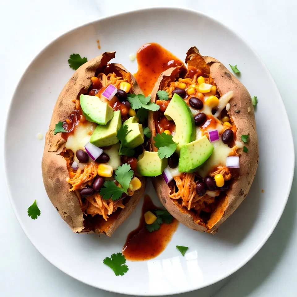 - 4 medium sweet potatoes - 2 cups cooked chicken, shredded - 1 cup BBQ sauce (your favorite brand) - 1 cup corn kernels (fresh, canned, or frozen) - 1/2 red onion, finely diced - 1 cup black beans, rinsed and drained - 1 cup shredded cheese (cheddar or mozzarella) - 1 avocado, diced - 1/4 cup fresh cilantro, chopped - Salt and pepper to taste - Olive oil for drizzling Using these fresh ingredients gives the dish great taste. Sweet potatoes add sweetness and nutrition. BBQ chicken provides a smoky flavor. The corn and black beans add texture and color. Red onions offer a slight bite. Avocado adds creaminess, while cilantro adds freshness. This mix creates a delicious meal for any day. {{ingredient_image_1}} - Preheat your oven to 400°F (200°C). This high heat helps sweet potatoes cook well. - Wash the sweet potatoes thoroughly. Use a fork to prick them multiple times. This lets steam escape while baking. - Place the sweet potatoes on a baking sheet. Drizzle with olive oil and sprinkle with salt. - Bake the sweet potatoes for about 45-60 minutes. They are done when they feel soft and tender. - While the sweet potatoes bake, prepare the BBQ chicken. In a large bowl, combine shredded chicken and BBQ sauce. - Mix until the chicken is well-coated. This step ensures every bite is packed with flavor. - Once the sweet potatoes are done, remove them from the oven. Let them cool for a few minutes. - Cut each potato in half lengthwise. Scoop out some flesh to leave space for the filling. - In a bowl, mix the scooped sweet potato flesh with corn, black beans, and red onion. - Add half of the shredded cheese and season with salt and pepper to taste. - Fold in the BBQ chicken mixture gently until everything is combined. - Stuff this mixture back into the halved sweet potatoes, pressing gently to pack it in. - Top each stuffed potato with the remaining shredded cheese. - Return the potatoes to the oven for 10-15 minutes. Bake until the cheese is melted and bubbly. - Remove from the oven and let cool for a few minutes. Top with diced avocado and fresh cilantro before serving. To make your BBQ chicken stuffed sweet potatoes even better, try some extra spices. A pinch of smoked paprika adds a nice smoky flavor. You can also add chili powder for some heat. For a tangy twist, consider adding a splash of apple cider vinegar to your BBQ sauce. This mix will make your dish pop with more flavor. Baking sweet potatoes evenly is key. First, wash them well and prick them with a fork. This helps steam escape while baking. Next, drizzle olive oil and sprinkle salt on them. This step keeps the skin nice and crispy. Bake them at 400°F for 45-60 minutes, until they are soft. Check by pressing gently; they should feel tender. Garnishing makes a big difference. Top your stuffed sweet potatoes with diced avocado and chopped cilantro. For extra flavor, drizzle more BBQ sauce on top. You could also serve them with a side salad or some grilled veggies. These sides add freshness to your meal and balance the flavors perfectly. Pro Tips Choose the Right Sweet Potatoes: Opt for medium-sized sweet potatoes for even cooking and the perfect amount of filling. Enhance Your BBQ Sauce: Add a splash of apple cider vinegar or a pinch of smoked paprika to your BBQ sauce for an extra depth of flavor. Layer Your Ingredients: For better flavor distribution, layer the ingredients in your sweet potatoes instead of just mixing them all together. Let Them Rest: Allow the stuffed sweet potatoes to rest for a few minutes after baking; this helps the filling to set and makes them easier to serve. {{image_2}} You can swap the chicken for other proteins. Try turkey for a leaner choice. Ground beef adds a rich taste. For a plant-based option, use jackfruit or tofu. Each protein brings a unique twist to the dish. Feel free to add more veggies. Bell peppers add color and sweetness. Spinach or kale boosts nutrition. Zucchini or mushrooms bring a nice earthiness. Mix and match to fit your taste. If you want dairy-free cheese, try almond or cashew cheese. Nutritional yeast gives a cheesy flavor without dairy. You can also use goat cheese for a tangy kick. Explore different cheeses to find your favorite. To keep your BBQ chicken stuffed sweet potatoes fresh, store them in airtight containers. Place them in the fridge within two hours of cooking. This helps avoid spoilage. Make sure they cool down before sealing. If you need to store them for more than three days, consider freezing instead. The best way to reheat stuffed sweet potatoes is in the oven. Preheat the oven to 350°F (175°C). Place the stuffed sweet potatoes on a baking sheet. Cover them with foil to keep them moist. Heat for about 15-20 minutes, or until warmed through. You can also microwave them for a quicker option. Just put one on a plate, cover it loosely, and heat for 2-3 minutes. To freeze your stuffed sweet potatoes, wrap each one tightly in plastic wrap. Then, place them in a freezer bag. This keeps them from getting freezer burn. They can last up to three months in the freezer. When you're ready to eat, thaw them overnight in the fridge before reheating. This method helps maintain flavor and texture. Yes, you can use regular potatoes. However, sweet potatoes add a unique flavor. They are sweeter and have more nutrients. Regular potatoes have a fluffy texture, while sweet potatoes are creamy. If you prefer, try Yukon Gold or red potatoes for a different taste. Choose a BBQ sauce that you love. A tangy sauce adds zest, while a smoky one gives depth. Sweet sauces like honey BBQ bring a nice contrast to the sweet potatoes. I enjoy using a mix of spicy and sweet for a balanced flavor. Look for sauces with natural ingredients for a healthier option. To make this dish lighter, use less BBQ sauce. You can also swap cheese for a lower-fat version. Adding more veggies, like spinach or zucchini, boosts nutrients without extra calories. For a protein boost, consider using shredded turkey instead of chicken. In this article, we covered a fun and tasty stuffed sweet potato recipe. We explored ingredients like chicken, BBQ sauce, and cheese. You learned how to bake sweet potatoes and create a delicious filling. Tips included enhancing flavors and storage methods. You can experiment with proteins and veggies to fit your taste. This dish offers many options, so get creative. Enjoy the process and make it your own!
