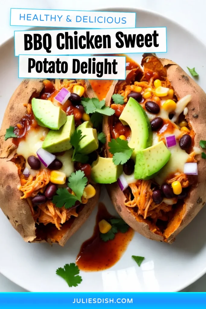 Savor the delicious flavor of BBQ chicken stuffed sweet potatoes! This easy BBQ chicken recipe combines tender baked sweet potatoes with a savory mix of shredded chicken, corn, black beans, and cheese for a healthy meal that's both filling and nutritious. Perfect for a quick dinner, these healthy stuffed sweet potatoes are a must-try. Save this sweet potato recipe for your next meal! #BBQChickenStuffedSweetPotatoes #SweetPotatoRecipes #HealthyEating #EasyRecipes