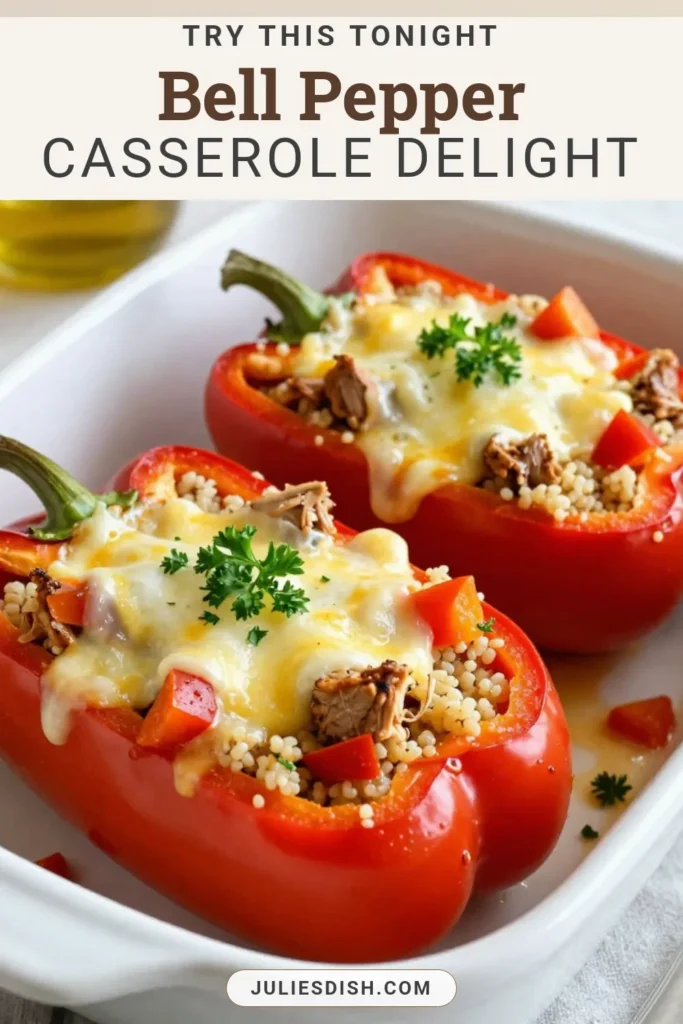 Looking for an easy weeknight dinner recipe? Try this delicious stuffed bell pepper casserole! This quinoa stuffed peppers recipe features ground turkey for a healthy twist. Bursting with flavor, it's a fantastic healthy bell pepper dish that is perfect for the whole family. Enjoy its cheesy goodness and nutritious ingredients. Save this recipe for your next meal planning! #CasseroleRecipe #HealthyEating #QuinoaStuffedPeppers #EasyDinnerIdeas