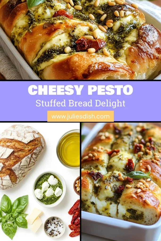 Discover the ultimate comfort food with this easy stuffed bread recipe for Pesto Mozzarella Stuffed Bread. This Italian bread with pesto combines gooey mozzarella and sun-dried tomatoes in a crusty loaf for a delightful treat that’s perfect for sharing. Whether you’re hosting a gathering or enjoying a cozy night in, this mozzarella stuffed crusty bread is a must-try! Save this sun-dried tomato bread recipe for your next meal! #StuffedBread #PestoRecipes #ItalianBread #Mozzarella
