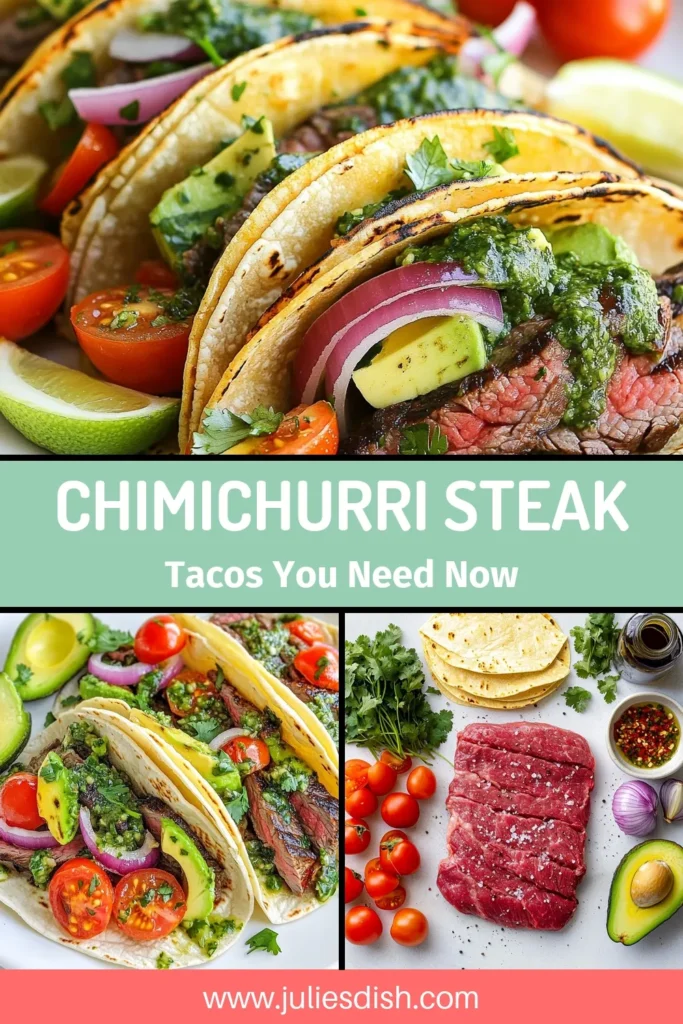 Craving a delicious and easy taco recipe? Try these Chimichurri steak tacos featuring succulent flank steak, topped with homemade chimichurri sauce, cherry tomatoes, avocado, and red onions. This flank steak taco recipe is packed with flavor and perfect for any occasion. Discover the best taco toppings to elevate your meal. Don't miss out—save this recipe and make dinner unforgettable! #ChimichurriSteakTacos #TacoRecipe #HomemadeSauce #TacoToppings
