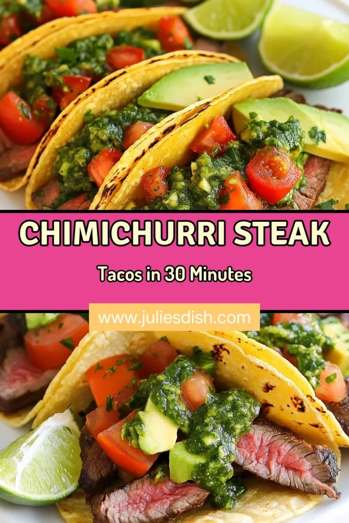 Looking for a delicious meal? Try these Chimichurri steak tacos! This easy flank steak tacos recipe features tender slices of steak topped with a zesty homemade chimichurri sauce, fresh avocado, and ripe tomatoes, all wrapped in warm corn tortillas. Perfect for taco night or a quick dinner option! Save this recipe to make these flavorful tacos tonight! #ChimichurriSteakTacos #EasyTacoRecipes #FlankSteakTacosRecipe #HomemadeChimichurriSauce